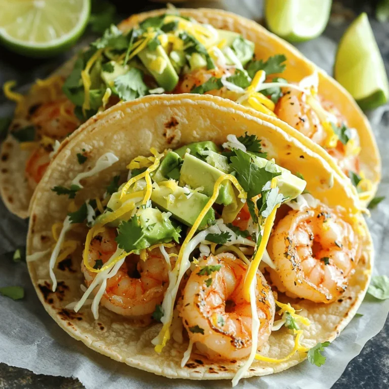 - 1 pound large shrimp, peeled and deveined - 2 tablespoons olive oil - 4 cloves garlic, minced - Zest and juice of 2 lemons - 1 teaspoon smoked paprika - 1/2 teaspoon cumin - Salt and pepper to taste - 8 small corn tortillas - 1 cup shredded cabbage - 1/4 cup fresh cilantro, chopped - 1 avocado, sliced - 1 lime, cut into wedges - Hot sauce (optional) The main ingredients are crucial for flavor. Fresh shrimp brings a sweet taste. Olive oil adds richness. Garlic gives a nice kick, while lemon zest and juice brighten the dish. For spices, smoked paprika adds warmth. Cumin gives a hint of earthiness. Salt and pepper balance everything. Adjust these to your taste for the best flavor. Now, let’s talk about taco fixings. Corn tortillas provide a soft base. Shredded cabbage adds crunch. Fresh cilantro lends a burst of freshness. Avocado offers creamy texture. Lime wedges give a tangy kick. Hot sauce can amp up the spice if desired. For the full experience, grab the [Full Recipe] and explore how these ingredients come together! First, grab a large bowl. In it, combine the shrimp, olive oil, minced garlic, lemon zest, lemon juice, smoked paprika, cumin, salt, and pepper. Mix everything well to coat the shrimp evenly. Let this sit and marinate for about 15 minutes. This step helps the shrimp soak up all the zesty flavors. Next, heat a skillet over medium-high heat. Once hot, add the marinated shrimp in a single layer. Cook the shrimp for about 2-3 minutes on each side. You will know they are done when they turn pink and opaque. This quick cooking keeps the shrimp juicy and flavorful. While the shrimp cooks, warm the corn tortillas. You can do this in a separate pan or in the microwave. Once warm, start to assemble your tacos. Place a handful of shredded cabbage on each tortilla. Top them with a few shrimp, sliced avocado, and chopped cilantro. Serve the tacos with lime wedges and, if you like, some hot sauce for a spicy kick. For the full recipe, check the section above. To know when shrimp are done, look for a pink color. They should be opaque and curl slightly. If shrimp are overcooked, they turn tough. Cook them for 2-3 minutes per side. Remove them from heat as soon as they turn pink. To boost flavor, add spices like cayenne or chili powder. Fresh herbs such as dill or parsley can also work well. For extra zest, top your tacos with diced tomatoes or pickled red onions. A squeeze of lime juice adds a bright touch. Warm corn tortillas in a skillet for about 30 seconds per side. You can also microwave them for 15-20 seconds. Wrap them in a clean towel to keep them warm. Store tortillas in a sealed bag to keep them fresh. Use them within a week for the best taste. For the full recipe, check out the complete guide on Zesty Lemon Garlic Shrimp Tacos. {{image_2}} You can switch the shrimp for chicken or tofu. Both options work well and add different textures. For chicken, use boneless breasts cut into small pieces. Cook them until golden brown, about 5-7 minutes. For tofu, use firm tofu cut into cubes. Sauté it until it’s crispy, around 8-10 minutes. Adjust the spices to balance flavors. For chicken, add a little more lemon juice. For tofu, try a splash of soy sauce for depth. Want a veggie taco? You can create a fresh and colorful mix. Use black beans, corn, and bell peppers. Sauté the veggies until tender, about 5 minutes. You can also add grilled zucchini or mushrooms for more flavor. Substitute shrimp with roasted chickpeas for protein. They add a nice crunch and flavor. You can easily change the flavor by swapping lemon for lime. Lime gives a bright twist to the dish. You can also add different spices. Try adding chili powder for a kick, or oregano for a herby touch. Experiment with smoked sea salt for a deeper flavor. Each change gives a new taste, so have fun with it! For the full recipe, check out my detailed instructions. To store your leftover shrimp tacos, wrap them tightly in plastic wrap or place them in an airtight container. This keeps them fresh and prevents them from drying out. I recommend refrigerating them right after your meal. Leftovers stay good for up to two days. After that, the shrimp can lose its flavor and texture. Reheating shrimp tacos can be simple and quick. You can use a microwave for speed. Place the tacos on a microwave-safe plate and heat for 30 seconds to one minute. For better flavor, try reheating in a skillet. Heat the skillet on medium. Add the tacos and cook for about 2-3 minutes on each side. This method helps to keep the shrimp juicy and the tortillas crispy. If you want to freeze shrimp tacos, it's best to freeze the shrimp and tortillas separately. Place the cooked shrimp in a freezer-safe bag. Remove as much air as possible before sealing. For tortillas, wrap them in foil and store in a separate bag. When you're ready to eat, thaw the shrimp in the fridge overnight. Warm the tortillas in a skillet or microwave for the best taste. Yes, you can use frozen shrimp. Thaw the shrimp in the fridge overnight or run cold water over them for quick thawing. Pat them dry before cooking. This helps the shrimp sear better. Frozen shrimp can be just as tasty if cooked properly. I love pairing these tacos with fresh sides. Here are some great options: - Mexican rice: Fluffy and flavorful. - Black beans: A protein-packed side. - Corn salad: Bright and refreshing. - Guacamole: Creamy and rich. - Chips and salsa: Crunchy and zesty. These sides add color and taste. They make the meal feel complete. You can easily change the heat level. If you want milder tacos: - Skip the hot sauce. - Use less paprika. - Add a dollop of sour cream. For spicier tacos: - Add more hot sauce. - Mix in chopped jalapeños. - Use cayenne pepper in the marinade. These tips help you customize your meal. Enjoy experimenting with flavors! For the complete cooking process, check the Full Recipe. In this post, we covered how to make Zesty Lemon Garlic Shrimp Tacos. You learned about the key ingredients, from fresh shrimp to vibrant spices. I also shared steps for cooking and assembling your tacos perfectly. To boost flavor, consider alternative proteins or vegetarian options. Storing and reheating leftovers helps you enjoy this dish later. Remember, make it yours by adding your favorite toppings. Dive into this recipe today, and enjoy a tasty meal that’s quick and easy!