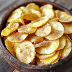 To make these crunchy cinnamon sugar apple chips, you will need a few simple ingredients. Here’s what you need: - 3 medium-sized apples (Fuji or Honeycrisp recommended) - 2 tablespoons granulated sugar - 1 tablespoon ground cinnamon - 1 teaspoon lemon juice - Pinch of salt - Cooking spray or parchment paper These ingredients come together to create a sweet and crispy snack. The apples provide the natural sweetness, while the cinnamon sugar adds a warm flavor. Using lemon juice helps keep the apples looking fresh and bright. You can also choose parchment paper or cooking spray to prevent the chips from sticking during baking. This recipe is perfect for sharing or enjoying alone, and you can find the full recipe at the end of this section. 1. Preheat your oven to 225°F (110°C). This low heat helps get the chips crispy. Line two baking sheets with parchment paper or spray them lightly with cooking spray. 2. Next, wash and dry the apples. I like to use Fuji or Honeycrisp for their sweetness. Slice the apples very thin, about 1/8 inch thick. A mandoline works great for this. 3. In a small bowl, mix 2 tablespoons of sugar, 1 tablespoon of ground cinnamon, and a pinch of salt. This is your sweet topping! 4. In another bowl, toss the apple slices with 1 teaspoon of lemon juice. This keeps the apples from turning brown and adds a nice tang. 1. Spread the apple slices in a single layer on the baking sheets. Make sure they don’t overlap. This helps them bake evenly. 2. Now, sprinkle the cinnamon sugar mixture over the apple slices. Be sure to cover them well for the best flavor. 3. Bake the slices in the preheated oven for about 1 to 1.5 hours. Flip the slices halfway through to ensure they cook evenly. Keep an eye on them, as the cooking time can change based on how thick you sliced the apples. 4. Check for doneness by feeling the chips. They should be dry and crisp when they are ready. Let them cool completely on the baking sheets. This helps them get even crunchier before you enjoy them! For the full recipe, refer back to the ingredients and steps shared earlier. To make the best cinnamon sugar apple chips, slice your apples thin. Aim for about 1/8 inch thick. This helps them bake evenly and become crispy. A mandoline is great for this task, but a sharp knife works too. Next, adjust the sweetness. If you like your chips sweeter, add a bit more sugar. For a spicier kick, increase the cinnamon. You can always taste the mixture before sprinkling it on the apple slices to find your perfect blend. Check for doneness by looking at the thickness of your slices. Thicker slices take longer to cook. If they feel soft, give them more time in the oven. The chips should be dry and crisp when done. For a fun presentation, serve the apple chips in a clear glass jar. It shows off their lovely color and shape. You can also use a rustic wooden bowl for a cozy look. To elevate your snack, pair the chips with dips. Try creamy yogurt or a sweet caramel sauce. These options add flavor and make your snack even more enjoyable. You can even sprinkle extra cinnamon sugar on top for a special touch before serving. {{image_2}} You can easily boost the taste of your cinnamon sugar apple chips. Adding nutmeg gives a warm kick. A sprinkle of ginger can also add a nice zing. Play with different apple types for varied flavors. Try tart apples like Granny Smith or sweet ones like Gala. Each type changes the taste and texture. Using different sweeteners can also change your snack. Honey or maple syrup can replace granulated sugar. These options give a richer flavor and a touch of natural sweetness. Adjust the amount to keep the balance right. For a lighter version, consider reducing the sugar. You can cut it in half without losing too much flavor. This lets the apple's natural sweetness shine through. I recommend using organic or locally sourced apples. They often taste better and are better for the environment. Plus, you support local farmers! This small change can make your snack even more enjoyable. Don't forget, fresh ingredients always lead to better results. For the full recipe, check out the section above and enjoy experimenting! To keep your cinnamon sugar apple chips fresh, use an airtight container. Glass jars work great, as do plastic containers with tight lids. This helps keep moisture out and crunch in. Store them in a cool, dry place, like a pantry or cupboard. Avoid areas with heat or humidity. Cinnamon sugar apple chips can last about one to two weeks when stored properly. After that, they may lose their crunch and flavor. Watch for signs of spoilage, like a soft texture or changes in color. If they feel chewy or look dark, it’s time to toss them. For a full recipe on making these tasty snacks, check out the earlier sections. Can I use other fruits for apple chips? Yes, you can use other fruits. Pears and bananas make great chips too. Just slice them thinly like apples. Each fruit will bring its own taste. You might need to adjust the baking time based on the fruit type. How do I make them without sugar? To make apple chips without sugar, skip the granulated sugar. Use spices like cinnamon and nutmeg for flavor. You can also sprinkle a little stevia or another sweetener if you want some sweetness. What is the best way to reheat apple chips? To reheat apple chips, use an oven or an air fryer. Set the oven to 200°F (95°C). Bake for about 10 minutes. This will help restore their crunch without burning them. Apple chips offer many health benefits. They are rich in fiber, which helps with digestion. Apples also provide vitamins like vitamin C. This boosts your immune system and keeps your skin healthy. Plus, they are low in calories! - Caloric content per serving: A serving of apple chips (about 1 ounce) has around 100 calories. This makes them a great snack choice. Enjoy them without guilt! You learned how to make delicious apple chips with simple ingredients and steps. Starting with fresh apples, you saw how to prepare and bake them for that perfect crunch. Tips and variations helped you customize flavors to your taste. Proper storage ensures you can enjoy these chips longer. Now, it's time to get creative, share your apple chip journey, and savor every bite!