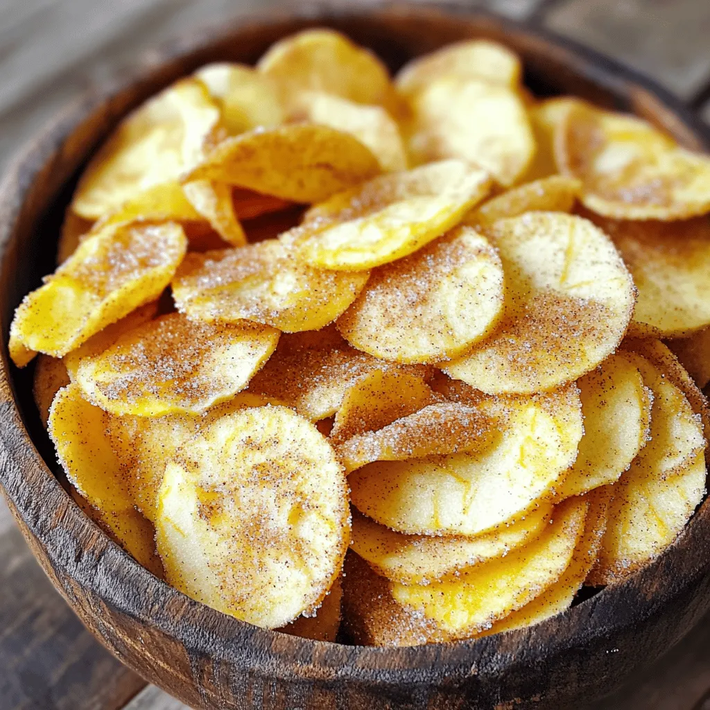 To make these crunchy cinnamon sugar apple chips, you will need a few simple ingredients. Here’s what you need: - 3 medium-sized apples (Fuji or Honeycrisp recommended) - 2 tablespoons granulated sugar - 1 tablespoon ground cinnamon - 1 teaspoon lemon juice - Pinch of salt - Cooking spray or parchment paper These ingredients come together to create a sweet and crispy snack. The apples provide the natural sweetness, while the cinnamon sugar adds a warm flavor. Using lemon juice helps keep the apples looking fresh and bright. You can also choose parchment paper or cooking spray to prevent the chips from sticking during baking. This recipe is perfect for sharing or enjoying alone, and you can find the full recipe at the end of this section. 1. Preheat your oven to 225°F (110°C). This low heat helps get the chips crispy. Line two baking sheets with parchment paper or spray them lightly with cooking spray. 2. Next, wash and dry the apples. I like to use Fuji or Honeycrisp for their sweetness. Slice the apples very thin, about 1/8 inch thick. A mandoline works great for this. 3. In a small bowl, mix 2 tablespoons of sugar, 1 tablespoon of ground cinnamon, and a pinch of salt. This is your sweet topping! 4. In another bowl, toss the apple slices with 1 teaspoon of lemon juice. This keeps the apples from turning brown and adds a nice tang. 1. Spread the apple slices in a single layer on the baking sheets. Make sure they don’t overlap. This helps them bake evenly. 2. Now, sprinkle the cinnamon sugar mixture over the apple slices. Be sure to cover them well for the best flavor. 3. Bake the slices in the preheated oven for about 1 to 1.5 hours. Flip the slices halfway through to ensure they cook evenly. Keep an eye on them, as the cooking time can change based on how thick you sliced the apples. 4. Check for doneness by feeling the chips. They should be dry and crisp when they are ready. Let them cool completely on the baking sheets. This helps them get even crunchier before you enjoy them! For the full recipe, refer back to the ingredients and steps shared earlier. To make the best cinnamon sugar apple chips, slice your apples thin. Aim for about 1/8 inch thick. This helps them bake evenly and become crispy. A mandoline is great for this task, but a sharp knife works too. Next, adjust the sweetness. If you like your chips sweeter, add a bit more sugar. For a spicier kick, increase the cinnamon. You can always taste the mixture before sprinkling it on the apple slices to find your perfect blend. Check for doneness by looking at the thickness of your slices. Thicker slices take longer to cook. If they feel soft, give them more time in the oven. The chips should be dry and crisp when done. For a fun presentation, serve the apple chips in a clear glass jar. It shows off their lovely color and shape. You can also use a rustic wooden bowl for a cozy look. To elevate your snack, pair the chips with dips. Try creamy yogurt or a sweet caramel sauce. These options add flavor and make your snack even more enjoyable. You can even sprinkle extra cinnamon sugar on top for a special touch before serving. {{image_2}} You can easily boost the taste of your cinnamon sugar apple chips. Adding nutmeg gives a warm kick. A sprinkle of ginger can also add a nice zing. Play with different apple types for varied flavors. Try tart apples like Granny Smith or sweet ones like Gala. Each type changes the taste and texture. Using different sweeteners can also change your snack. Honey or maple syrup can replace granulated sugar. These options give a richer flavor and a touch of natural sweetness. Adjust the amount to keep the balance right. For a lighter version, consider reducing the sugar. You can cut it in half without losing too much flavor. This lets the apple's natural sweetness shine through. I recommend using organic or locally sourced apples. They often taste better and are better for the environment. Plus, you support local farmers! This small change can make your snack even more enjoyable. Don't forget, fresh ingredients always lead to better results. For the full recipe, check out the section above and enjoy experimenting! To keep your cinnamon sugar apple chips fresh, use an airtight container. Glass jars work great, as do plastic containers with tight lids. This helps keep moisture out and crunch in. Store them in a cool, dry place, like a pantry or cupboard. Avoid areas with heat or humidity. Cinnamon sugar apple chips can last about one to two weeks when stored properly. After that, they may lose their crunch and flavor. Watch for signs of spoilage, like a soft texture or changes in color. If they feel chewy or look dark, it’s time to toss them. For a full recipe on making these tasty snacks, check out the earlier sections. Can I use other fruits for apple chips? Yes, you can use other fruits. Pears and bananas make great chips too. Just slice them thinly like apples. Each fruit will bring its own taste. You might need to adjust the baking time based on the fruit type. How do I make them without sugar? To make apple chips without sugar, skip the granulated sugar. Use spices like cinnamon and nutmeg for flavor. You can also sprinkle a little stevia or another sweetener if you want some sweetness. What is the best way to reheat apple chips? To reheat apple chips, use an oven or an air fryer. Set the oven to 200°F (95°C). Bake for about 10 minutes. This will help restore their crunch without burning them. Apple chips offer many health benefits. They are rich in fiber, which helps with digestion. Apples also provide vitamins like vitamin C. This boosts your immune system and keeps your skin healthy. Plus, they are low in calories! - Caloric content per serving: A serving of apple chips (about 1 ounce) has around 100 calories. This makes them a great snack choice. Enjoy them without guilt! You learned how to make delicious apple chips with simple ingredients and steps. Starting with fresh apples, you saw how to prepare and bake them for that perfect crunch. Tips and variations helped you customize flavors to your taste. Proper storage ensures you can enjoy these chips longer. Now, it's time to get creative, share your apple chip journey, and savor every bite!
