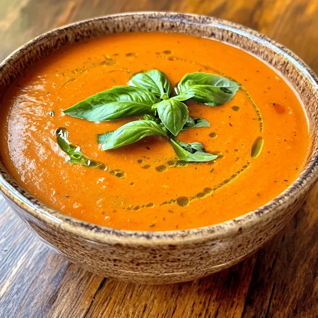 For this creamy tomato basil soup, you need some key ingredients: - 2 cans (14 oz each) crushed tomatoes - 1 medium onion, chopped - 3 cloves garlic, minced - 1 cup vegetable broth - 1 cup heavy cream (or coconut cream for dairy-free) - 1 tablespoon olive oil - 1 teaspoon sugar (optional, to taste) - 1 teaspoon dried basil - 1/2 teaspoon salt - 1/4 teaspoon black pepper - Fresh basil leaves for garnish These ingredients work together to create a rich and flavorful soup. The crushed tomatoes bring the main taste, while the garlic and onion add depth. The cream makes it smooth and comforting. To give your soup a twist, consider these optional ingredients: - A pinch of red pepper flakes for heat - A squeeze of lemon juice for brightness - Grated Parmesan cheese for extra richness These add-ons can make your soup even more exciting. Feel free to adjust according to your taste! Garnishing your soup adds a nice touch. Here are some ideas: - Fresh basil leaves for color and flavor - A drizzle of olive oil for richness - Croutons for crunch - A side of crusty bread for dipping These garnishes not only look great but also enhance the soup's taste. They can turn a simple meal into something special. For the complete recipe, refer to the Full Recipe section. To start making creamy tomato basil soup, gather your ingredients. You will need: - 2 cans (14 oz each) crushed tomatoes - 1 medium onion, chopped - 3 cloves garlic, minced - 1 cup vegetable broth - 1 cup heavy cream (or coconut cream for dairy-free) - 1 tablespoon olive oil - 1 teaspoon sugar (optional) - 1 teaspoon dried basil - 1/2 teaspoon salt - 1/4 teaspoon black pepper - Fresh basil leaves for garnish Chop the onion and mince the garlic. This makes a big difference in flavor. If you want a fresh taste, you can also use fresh basil instead of dried. In a large pot, heat the olive oil over medium heat. Add the chopped onion. Sauté it for about five minutes. You want the onion to become soft and clear. After that, stir in the minced garlic. Cook it for one to two minutes. Be careful not to let the garlic burn, as this can make it taste bitter. Next, add the crushed tomatoes and vegetable broth to the pot. Stir in the dried basil, sugar (if you like it sweeter), salt, and pepper. Bring this mixture to a boil, then lower the heat. Let it simmer for 15 minutes to let the flavors blend well. After the soup has simmered, it is time to blend. You can use an immersion blender to make it smooth and creamy. If you don’t have one, carefully transfer the soup in batches to a traditional blender. Blend it until you reach a smooth texture. Once blended, stir in the heavy cream. Warm the soup on low heat for another five minutes. Taste it and adjust the seasoning with salt and pepper if needed. When ready to serve, ladle the soup into bowls. Garnish each bowl with fresh basil leaves. This will add a nice touch to your creamy tomato basil soup. Enjoy your delicious creation! For the full recipe, check out the details above. To get a creamy texture, use heavy cream. If you want a dairy-free option, try coconut cream. After cooking, blend the soup well. An immersion blender works great for this. You want it smooth and silky. Blend until you see no chunks. If it feels thick, add more broth. This helps keep it light and tasty. One common mistake is not cooking the onions enough. If they are not soft, your soup may taste harsh. Make sure to sauté them until they are clear. Another mistake is rushing the blending. If you blend too little, you won't get that creamy feel. Also, avoid skipping the seasoning. Salt and pepper enhance all the flavors, so don’t skip them. Pair your creamy tomato basil soup with grilled cheese sandwiches. The crunchy bread balances the smooth soup. You can also serve it with a fresh salad. A light side brings a nice contrast. For a fancy touch, sprinkle extra basil on top. Serve it with crusty bread for dipping, too. This makes the meal heartier and more fun! {{image_2}} You can easily make this soup gluten-free. Just use gluten-free vegetable broth. For a dairy-free version, swap heavy cream with coconut cream. This change keeps the soup rich and creamy without dairy. You can play with herbs and spices in this soup. Try adding a pinch of oregano or thyme for extra flavor. If you like heat, mix in some red pepper flakes. Fresh herbs like parsley or cilantro can give a fresh twist too. Want to boost protein? Add cooked lentils or chickpeas. They blend well and add texture. You can also toss in some cooked chicken or shrimp. These add-ins make the soup heartier and more filling. For crunch, consider topping it with croutons or toasted seeds. Feel free to explore these options and make this creamy tomato basil soup your own! For the full recipe, check the recipe section. You can store any leftover creamy tomato basil soup in an airtight container. Let the soup cool to room temperature before placing it in the fridge. It will stay fresh for about 3 to 4 days. Just remember to label the container with the date. This way, you won’t forget when you made it! If you want to save some for later, freezing is a great option. Use freezer-safe containers or bags to store the soup. Leave some space at the top, as liquids expand when frozen. It can last up to 3 months in the freezer. When you’re ready to enjoy it, just thaw it in the fridge overnight before reheating. To reheat your soup, you can use a pot on the stove or a microwave. When using the stove, heat it on low to avoid scorching. Stir often to ensure even warming. If you’re using a microwave, heat it in 1-minute intervals. Stir after each minute until it’s hot. Always taste and adjust the seasoning if needed after reheating. Enjoy your soup just like when it was fresh! The best type of tomatoes for creamy tomato basil soup is canned crushed tomatoes. They are sweet and flavorful. You can also use diced tomatoes if you prefer more texture. Look for tomatoes that have no added sugar or preservatives. They give the soup a rich taste without extra fuss. Fresh tomatoes can work too, but they require more prep time. Yes, you can make creamy tomato basil soup in a slow cooker. Just sauté your onions and garlic first. Then, add everything to the slow cooker. Mix in your crushed tomatoes, broth, and seasonings. Cook on low for 4 to 6 hours. When it's done, blend the soup and stir in the cream. This method allows the flavors to deepen over time. Creamy tomato basil soup lasts about 3 to 4 days in the fridge. Store it in an airtight container. Make sure it cools down before sealing. If you want to keep it longer, consider freezing it. This soup freezes well and can last for up to 3 months. Just thaw it in the fridge overnight before reheating. For the best flavor, eat it fresh! For the full recipe, check out the detailed steps above! This blog post covered all you need to make creamy tomato basil soup. We talked about the main ingredients, optional flavors, and suggested garnishes. The step-by-step instructions make cooking simple. Also, I shared tips for a creamy texture and mistakes to avoid. In the end, your soup can be easy and tasty. With options for storage and variations, you can enjoy this dish your way. I hope you find joy in making and sharing it!