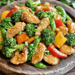 To create a tasty honey garlic chicken stir-fry, you need these key ingredients: - 1 lb (450g) chicken breast, thinly sliced - 2 tablespoons honey - 3 tablespoons soy sauce - 2 tablespoons vegetable oil - 3 cloves garlic, minced - 1 bell pepper (red or yellow), sliced - 1 cup broccoli florets - 1 cup sugar snap peas - 1 teaspoon ginger, grated - 2 green onions, chopped - Salt and pepper to taste - Sesame seeds for garnish These ingredients combine to make a sweet and savory dish that everyone will love. You can customize your stir-fry with these optional add-ins: - Carrots, thinly sliced - Baby corn - Mushrooms, sliced - Spinach or kale - Cashews or peanuts for crunch Add these to boost flavor and nutrition. They add color and variety to your meal. Don’t have something on hand? Here are some easy swaps: - Use chicken thighs instead of breast for a juicier bite. - Maple syrup can replace honey for a different sweet taste. - Tamari works well if you need a gluten-free option for soy sauce. - Olive oil can substitute for vegetable oil if preferred. These substitutions keep the dish flavorful while fitting your needs. For the full recipe, check out the complete instructions to make this delicious meal. To start, you need to make the chicken marinade. Take a bowl and add the sliced chicken. Then, pour in the honey and soy sauce. Next, add the minced garlic and grated ginger. Mix everything well to coat the chicken. Let it sit and marinate for at least 15 minutes. This step infuses flavor into the chicken and makes it tender. You can use this time to chop your veggies and get ready to cook. Now, heat the vegetable oil in a large skillet or wok over medium-high heat. When the oil is hot, add the marinated chicken to the skillet. Cook it for about 5-7 minutes. Stir frequently to ensure even cooking. You want the chicken to turn golden brown and be fully cooked. This step is key to getting juicy chicken for your stir-fry. Once the chicken is ready, it’s time to add the vegetables. Toss in the sliced bell pepper, broccoli florets, and sugar snap peas. Stir-fry everything together for about 3-4 minutes. This keeps the veggies crisp and bright. They should be tender but still have a nice crunch. After that, taste your stir-fry and add salt and pepper if needed. If you like it sweeter, drizzle in a bit more honey. Finally, serve it hot, garnished with green onions and sesame seeds for that finishing touch. For the full recipe, check out the details above. Marinating chicken is key to great flavor. Use a large bowl for mixing. Combine your chicken, honey, soy sauce, garlic, and ginger. Mix well to coat every piece. Let it marinate for at least 15 minutes. If you have more time, let it sit longer for deeper flavor. Always keep it in the fridge while marinating to keep the chicken safe. Cooking vegetables just right makes a big difference. Cut your veggies into similar sizes for even cooking. Heat your oil until it shimmers before adding the vegetables. Stir-fry them quickly over high heat. This keeps them bright and crisp. Aim for a cook time of 3-4 minutes. They should be tender but still have a crunch. Presentation is important for any meal. Serve your stir-fry on a large platter or in individual bowls. Add a sprinkle of sesame seeds and chopped green onions on top for color. For a fresh touch, place lime or lemon slices on the side. This not only looks good but also adds a pop of flavor when squeezed over the dish. For the full recipe, check out the earlier sections. {{image_2}} You can switch the chicken for other proteins. Try shrimp, beef, or tofu. Shrimp cooks fast and adds a nice flavor. Beef gives a hearty bite. Tofu is great for plant-based meals. Just cut it into cubes and marinate like chicken. For a vegetarian option, use firm tofu or tempeh. Both soak up flavors well. For a vegan stir-fry, stick with these options. You can also add more veggies, like mushrooms or eggplant. They add texture and taste. You can boost flavors with extra sauces. A splash of chili sauce adds heat. Adding hoisin sauce gives a sweet twist. Try adding sesame oil for a nutty taste. A sprinkle of red pepper flakes adds a kick, too. Mix and match to find your favorite blend. Check out the Full Recipe for more ideas. Store leftover stir-fry in an airtight container. Let it cool down first. This helps keep flavors fresh. Place the container in the fridge. It stays good for up to three days. To reheat, use a skillet over medium heat. Add a splash of water to keep it moist. Stir frequently. This method helps to keep the chicken tender and the veggies crisp. You can also use the microwave. Heat in short bursts to avoid overcooking. If you want to save the stir-fry longer, freezing is a great option. Store it in a freezer-safe bag or container. Remove as much air as possible. It can last for up to three months in the freezer. When ready to eat, thaw it overnight in the fridge. Heat it in a skillet for the best taste. For the full recipe, check back in the main article! Yes, you can use different vegetables! Feel free to add carrots, snap peas, or mushrooms. Just cut them into small pieces for even cooking. Mix and match your favorites for a colorful dish. The key is to keep the cooking time similar, so all veggies cook well together. You can marinate the chicken for at least 15 minutes. For best flavor, try to marinate it for 30 minutes to 2 hours. If you have more time, let it sit in the fridge overnight. This helps the chicken absorb all the yummy honey and garlic flavors. Yes! Honey Garlic Chicken Stir-Fry is a healthy choice. It has lean protein from chicken and plenty of fresh veggies. The honey adds sweetness, but you can use less if you want it healthier. This dish is low in fat and high in nutrients, making it a great option for any meal. This stir-fry goes well with many sides. Serve it over rice or quinoa for a filling meal. You can also pair it with a simple salad or steamed vegetables. For a crunchy touch, add some toasted nuts or seeds on top. Enjoy your meal in any way you like! This blog post covered how to make Honey Garlic Chicken Stir-Fry. We discussed key ingredients, cooking steps, and helpful tips. Each section offered ideas for variations and how to store leftovers. These insights make it easy to customize your stir-fry. Remember, you can swap proteins and adjust flavors based on your taste. With practice, you’ll make a dish your family loves. Enjoy your cooking journey!
