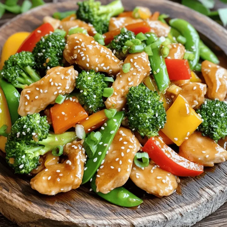 To create a tasty honey garlic chicken stir-fry, you need these key ingredients: - 1 lb (450g) chicken breast, thinly sliced - 2 tablespoons honey - 3 tablespoons soy sauce - 2 tablespoons vegetable oil - 3 cloves garlic, minced - 1 bell pepper (red or yellow), sliced - 1 cup broccoli florets - 1 cup sugar snap peas - 1 teaspoon ginger, grated - 2 green onions, chopped - Salt and pepper to taste - Sesame seeds for garnish These ingredients combine to make a sweet and savory dish that everyone will love. You can customize your stir-fry with these optional add-ins: - Carrots, thinly sliced - Baby corn - Mushrooms, sliced - Spinach or kale - Cashews or peanuts for crunch Add these to boost flavor and nutrition. They add color and variety to your meal. Don’t have something on hand? Here are some easy swaps: - Use chicken thighs instead of breast for a juicier bite. - Maple syrup can replace honey for a different sweet taste. - Tamari works well if you need a gluten-free option for soy sauce. - Olive oil can substitute for vegetable oil if preferred. These substitutions keep the dish flavorful while fitting your needs. For the full recipe, check out the complete instructions to make this delicious meal. To start, you need to make the chicken marinade. Take a bowl and add the sliced chicken. Then, pour in the honey and soy sauce. Next, add the minced garlic and grated ginger. Mix everything well to coat the chicken. Let it sit and marinate for at least 15 minutes. This step infuses flavor into the chicken and makes it tender. You can use this time to chop your veggies and get ready to cook. Now, heat the vegetable oil in a large skillet or wok over medium-high heat. When the oil is hot, add the marinated chicken to the skillet. Cook it for about 5-7 minutes. Stir frequently to ensure even cooking. You want the chicken to turn golden brown and be fully cooked. This step is key to getting juicy chicken for your stir-fry. Once the chicken is ready, it’s time to add the vegetables. Toss in the sliced bell pepper, broccoli florets, and sugar snap peas. Stir-fry everything together for about 3-4 minutes. This keeps the veggies crisp and bright. They should be tender but still have a nice crunch. After that, taste your stir-fry and add salt and pepper if needed. If you like it sweeter, drizzle in a bit more honey. Finally, serve it hot, garnished with green onions and sesame seeds for that finishing touch. For the full recipe, check out the details above. Marinating chicken is key to great flavor. Use a large bowl for mixing. Combine your chicken, honey, soy sauce, garlic, and ginger. Mix well to coat every piece. Let it marinate for at least 15 minutes. If you have more time, let it sit longer for deeper flavor. Always keep it in the fridge while marinating to keep the chicken safe. Cooking vegetables just right makes a big difference. Cut your veggies into similar sizes for even cooking. Heat your oil until it shimmers before adding the vegetables. Stir-fry them quickly over high heat. This keeps them bright and crisp. Aim for a cook time of 3-4 minutes. They should be tender but still have a crunch. Presentation is important for any meal. Serve your stir-fry on a large platter or in individual bowls. Add a sprinkle of sesame seeds and chopped green onions on top for color. For a fresh touch, place lime or lemon slices on the side. This not only looks good but also adds a pop of flavor when squeezed over the dish. For the full recipe, check out the earlier sections. {{image_2}} You can switch the chicken for other proteins. Try shrimp, beef, or tofu. Shrimp cooks fast and adds a nice flavor. Beef gives a hearty bite. Tofu is great for plant-based meals. Just cut it into cubes and marinate like chicken. For a vegetarian option, use firm tofu or tempeh. Both soak up flavors well. For a vegan stir-fry, stick with these options. You can also add more veggies, like mushrooms or eggplant. They add texture and taste. You can boost flavors with extra sauces. A splash of chili sauce adds heat. Adding hoisin sauce gives a sweet twist. Try adding sesame oil for a nutty taste. A sprinkle of red pepper flakes adds a kick, too. Mix and match to find your favorite blend. Check out the Full Recipe for more ideas. Store leftover stir-fry in an airtight container. Let it cool down first. This helps keep flavors fresh. Place the container in the fridge. It stays good for up to three days. To reheat, use a skillet over medium heat. Add a splash of water to keep it moist. Stir frequently. This method helps to keep the chicken tender and the veggies crisp. You can also use the microwave. Heat in short bursts to avoid overcooking. If you want to save the stir-fry longer, freezing is a great option. Store it in a freezer-safe bag or container. Remove as much air as possible. It can last for up to three months in the freezer. When ready to eat, thaw it overnight in the fridge. Heat it in a skillet for the best taste. For the full recipe, check back in the main article! Yes, you can use different vegetables! Feel free to add carrots, snap peas, or mushrooms. Just cut them into small pieces for even cooking. Mix and match your favorites for a colorful dish. The key is to keep the cooking time similar, so all veggies cook well together. You can marinate the chicken for at least 15 minutes. For best flavor, try to marinate it for 30 minutes to 2 hours. If you have more time, let it sit in the fridge overnight. This helps the chicken absorb all the yummy honey and garlic flavors. Yes! Honey Garlic Chicken Stir-Fry is a healthy choice. It has lean protein from chicken and plenty of fresh veggies. The honey adds sweetness, but you can use less if you want it healthier. This dish is low in fat and high in nutrients, making it a great option for any meal. This stir-fry goes well with many sides. Serve it over rice or quinoa for a filling meal. You can also pair it with a simple salad or steamed vegetables. For a crunchy touch, add some toasted nuts or seeds on top. Enjoy your meal in any way you like! This blog post covered how to make Honey Garlic Chicken Stir-Fry. We discussed key ingredients, cooking steps, and helpful tips. Each section offered ideas for variations and how to store leftovers. These insights make it easy to customize your stir-fry. Remember, you can swap proteins and adjust flavors based on your taste. With practice, you’ll make a dish your family loves. Enjoy your cooking journey!