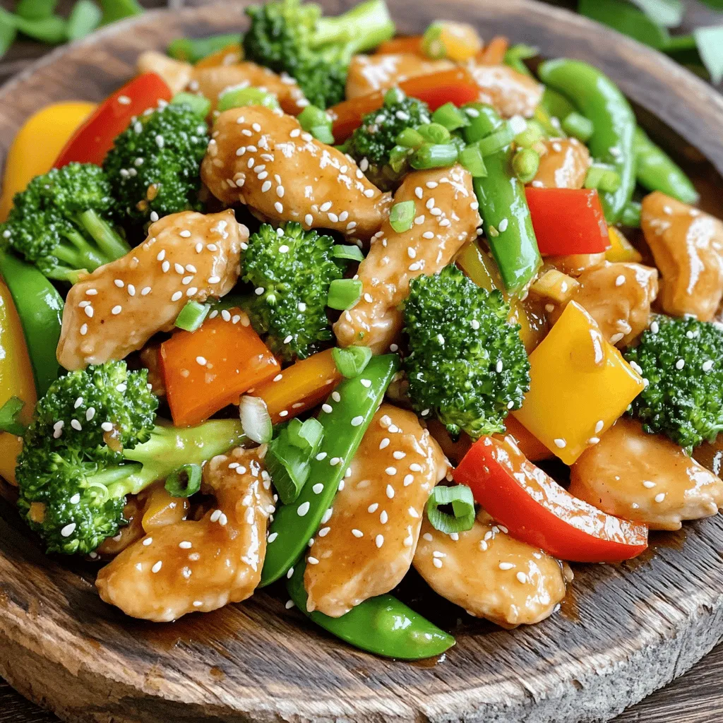 To create a tasty honey garlic chicken stir-fry, you need these key ingredients: - 1 lb (450g) chicken breast, thinly sliced - 2 tablespoons honey - 3 tablespoons soy sauce - 2 tablespoons vegetable oil - 3 cloves garlic, minced - 1 bell pepper (red or yellow), sliced - 1 cup broccoli florets - 1 cup sugar snap peas - 1 teaspoon ginger, grated - 2 green onions, chopped - Salt and pepper to taste - Sesame seeds for garnish These ingredients combine to make a sweet and savory dish that everyone will love. You can customize your stir-fry with these optional add-ins: - Carrots, thinly sliced - Baby corn - Mushrooms, sliced - Spinach or kale - Cashews or peanuts for crunch Add these to boost flavor and nutrition. They add color and variety to your meal. Don’t have something on hand? Here are some easy swaps: - Use chicken thighs instead of breast for a juicier bite. - Maple syrup can replace honey for a different sweet taste. - Tamari works well if you need a gluten-free option for soy sauce. - Olive oil can substitute for vegetable oil if preferred. These substitutions keep the dish flavorful while fitting your needs. For the full recipe, check out the complete instructions to make this delicious meal. To start, you need to make the chicken marinade. Take a bowl and add the sliced chicken. Then, pour in the honey and soy sauce. Next, add the minced garlic and grated ginger. Mix everything well to coat the chicken. Let it sit and marinate for at least 15 minutes. This step infuses flavor into the chicken and makes it tender. You can use this time to chop your veggies and get ready to cook. Now, heat the vegetable oil in a large skillet or wok over medium-high heat. When the oil is hot, add the marinated chicken to the skillet. Cook it for about 5-7 minutes. Stir frequently to ensure even cooking. You want the chicken to turn golden brown and be fully cooked. This step is key to getting juicy chicken for your stir-fry. Once the chicken is ready, it’s time to add the vegetables. Toss in the sliced bell pepper, broccoli florets, and sugar snap peas. Stir-fry everything together for about 3-4 minutes. This keeps the veggies crisp and bright. They should be tender but still have a nice crunch. After that, taste your stir-fry and add salt and pepper if needed. If you like it sweeter, drizzle in a bit more honey. Finally, serve it hot, garnished with green onions and sesame seeds for that finishing touch. For the full recipe, check out the details above. Marinating chicken is key to great flavor. Use a large bowl for mixing. Combine your chicken, honey, soy sauce, garlic, and ginger. Mix well to coat every piece. Let it marinate for at least 15 minutes. If you have more time, let it sit longer for deeper flavor. Always keep it in the fridge while marinating to keep the chicken safe. Cooking vegetables just right makes a big difference. Cut your veggies into similar sizes for even cooking. Heat your oil until it shimmers before adding the vegetables. Stir-fry them quickly over high heat. This keeps them bright and crisp. Aim for a cook time of 3-4 minutes. They should be tender but still have a crunch. Presentation is important for any meal. Serve your stir-fry on a large platter or in individual bowls. Add a sprinkle of sesame seeds and chopped green onions on top for color. For a fresh touch, place lime or lemon slices on the side. This not only looks good but also adds a pop of flavor when squeezed over the dish. For the full recipe, check out the earlier sections. {{image_2}} You can switch the chicken for other proteins. Try shrimp, beef, or tofu. Shrimp cooks fast and adds a nice flavor. Beef gives a hearty bite. Tofu is great for plant-based meals. Just cut it into cubes and marinate like chicken. For a vegetarian option, use firm tofu or tempeh. Both soak up flavors well. For a vegan stir-fry, stick with these options. You can also add more veggies, like mushrooms or eggplant. They add texture and taste. You can boost flavors with extra sauces. A splash of chili sauce adds heat. Adding hoisin sauce gives a sweet twist. Try adding sesame oil for a nutty taste. A sprinkle of red pepper flakes adds a kick, too. Mix and match to find your favorite blend. Check out the Full Recipe for more ideas. Store leftover stir-fry in an airtight container. Let it cool down first. This helps keep flavors fresh. Place the container in the fridge. It stays good for up to three days. To reheat, use a skillet over medium heat. Add a splash of water to keep it moist. Stir frequently. This method helps to keep the chicken tender and the veggies crisp. You can also use the microwave. Heat in short bursts to avoid overcooking. If you want to save the stir-fry longer, freezing is a great option. Store it in a freezer-safe bag or container. Remove as much air as possible. It can last for up to three months in the freezer. When ready to eat, thaw it overnight in the fridge. Heat it in a skillet for the best taste. For the full recipe, check back in the main article! Yes, you can use different vegetables! Feel free to add carrots, snap peas, or mushrooms. Just cut them into small pieces for even cooking. Mix and match your favorites for a colorful dish. The key is to keep the cooking time similar, so all veggies cook well together. You can marinate the chicken for at least 15 minutes. For best flavor, try to marinate it for 30 minutes to 2 hours. If you have more time, let it sit in the fridge overnight. This helps the chicken absorb all the yummy honey and garlic flavors. Yes! Honey Garlic Chicken Stir-Fry is a healthy choice. It has lean protein from chicken and plenty of fresh veggies. The honey adds sweetness, but you can use less if you want it healthier. This dish is low in fat and high in nutrients, making it a great option for any meal. This stir-fry goes well with many sides. Serve it over rice or quinoa for a filling meal. You can also pair it with a simple salad or steamed vegetables. For a crunchy touch, add some toasted nuts or seeds on top. Enjoy your meal in any way you like! This blog post covered how to make Honey Garlic Chicken Stir-Fry. We discussed key ingredients, cooking steps, and helpful tips. Each section offered ideas for variations and how to store leftovers. These insights make it easy to customize your stir-fry. Remember, you can swap proteins and adjust flavors based on your taste. With practice, you’ll make a dish your family loves. Enjoy your cooking journey!