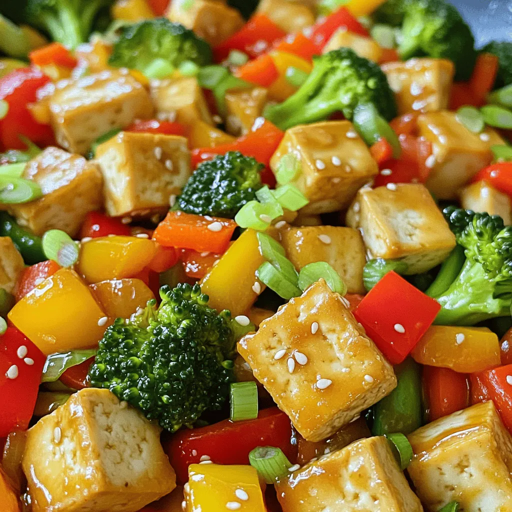 To make this dish shine, you need key ingredients. Here’s what you’ll gather: - 1 block (14 oz) firm tofu, pressed and cubed - 2 tablespoons cornstarch - 3 tablespoons vegetable oil (divided) - 1 bell pepper (red or yellow), sliced - 1 cup broccoli florets - 1 carrot, julienned - 3 green onions, chopped - 2 garlic cloves, minced - 1 tablespoon fresh ginger, grated - 3 tablespoons soy sauce - 1 tablespoon sesame oil - 2 tablespoons honey or agave syrup - Sesame seeds, for garnish - Salt and pepper to taste You can customize your stir fry with more veggies. Here are some great options: - Snow peas for extra crunch - Mushrooms for an earthy flavor - Zucchini for a light touch - Spinach for a pop of color - Mixed bell peppers for variety These additions make the dish colorful and fun. To enhance the flavor, consider these sauces and seasonings: - Teriyaki sauce for a sweet twist - Chili paste for some heat - Hoisin sauce for depth - Lime juice for a zesty kick Using these sauces can take your stir fry to the next level. For the full recipe, check out the complete guide. First, we need to prep the tofu. Start by pressing it to remove moisture. Wrap the block of tofu in a clean kitchen towel. Place a heavy skillet on top for about 15 minutes. This helps make the tofu crispy. After pressing, cut the tofu into bite-sized cubes. Toss these cubes in a bowl with cornstarch until each piece is coated. This coating helps create a crunchy texture when we cook it. Next, heat 2 tablespoons of vegetable oil in a large non-stick skillet or wok over medium-high heat. Once the oil is hot, add the tofu cubes in a single layer. Cook the tofu for about 5 to 7 minutes. Turn the cubes occasionally so they brown evenly. You want them to be golden and crispy on all sides. When done, remove the tofu from the skillet and set it aside. Now, let’s stir-fry the vegetables. In the same skillet, add the last tablespoon of vegetable oil. Sauté the minced garlic and grated ginger for about 30 seconds. You want to smell those great aromas! Now, add the sliced bell pepper, broccoli florets, and julienned carrot. Stir-fry these veggies for about 4 to 5 minutes. They should be tender but still crisp. Return the crispy tofu to the skillet. In a small bowl, mix soy sauce, sesame oil, and honey or agave syrup. Pour this sauce over the stir-fry. Stir everything to combine and cook for another 2 minutes. Finally, season with salt and pepper to taste. Garnish with chopped green onions and sesame seeds before serving. Enjoy your Crispy Tofu Stir Fry! For the full recipe, check out the complete instructions above. To get crispy tofu, start with firm tofu. Press it to remove water. Wrap it in a clean towel and place a heavy object on top. Leave it like this for about 15 minutes. After pressing, cut the tofu into bite-sized cubes. Coat them in cornstarch. This layer helps create that crunch when you cook it. Use a large skillet or wok. Heat it on medium-high. Add vegetable oil before any ingredients. This helps prevent sticking. Stir-fry in small batches for best results. Avoid overcrowding the pan. This keeps everything cooking evenly and allows for browning. Don’t forget to keep your ingredients moving! Cook the tofu first and set it aside. This way, it stays crispy. Next, add garlic and ginger to the hot oil. They need only a short time to release flavor. After that, toss in your vegetables. Start with the harder ones, like carrots. Add softer ones, like bell peppers, last. This keeps them bright and crisp. Finally, return the tofu to the pan. Mix everything with your sauce. This combines all the flavors perfectly. For the full recipe, check the earlier section. {{image_2}} You can change up the protein in this dish. Instead of tofu, try tempeh for a nutty flavor. Seitan is another great option. It gives a chewy texture that many love. If you eat meat, chicken or shrimp works well too. Just cut them into small pieces and cook as you would with tofu. Feel free to mix and match your veggies. Snow peas or snap peas add a nice crunch. You can also use zucchini or mushrooms for added flavor. Bok choy or spinach can bring a fresh taste. Remember, the more colorful your stir fry, the more fun it is to eat! Sauces can make or break your dish. You can use teriyaki sauce for a sweet twist. If you like spice, try adding sriracha or chili paste. A peanut sauce can add a creamy texture. Experiment with different sauces to find your favorite blend. For the full recipe, check out the section above. To store leftover stir fry, let it cool first. Place it in an airtight container. Keep it in the fridge for up to three days. This helps keep the flavors fresh. If you want to keep it longer, consider freezing it. Freezing tofu and vegetables is easy. Cut the tofu into cubes and place them in a freezer bag. You can freeze cooked vegetables too. Make sure to remove as much air as possible. This prevents freezer burn. Use the frozen tofu within three months for best taste. To reheat your stir fry, use a skillet. Heat a little oil over medium heat. Add the stir fry and cook until hot, about five minutes. Stir it often to avoid sticking. You can also use a microwave. Heat it in short bursts, stirring in between. Enjoy your tasty meal again! For the full recipe, check the details above. Yes, you can use frozen tofu. Freezing tofu changes its texture. It becomes more porous, which helps it soak up flavors better. To use frozen tofu, let it thaw in the fridge overnight. After thawing, press it to remove extra water. Then, cut it into cubes and follow the rest of the recipe. This method can give you a nice, chewy bite. Crispy Tofu Stir Fry pairs well with many sides. You can serve it over steamed rice or quinoa for a filling meal. Noodles are another great option. Try rice noodles or soba noodles tossed with some soy sauce. For added nutrition, serve a side salad or steamed greens. You can also enjoy it with spring rolls for a fun appetizer. This recipe is already vegan-friendly if you skip honey. Instead, use agave syrup or maple syrup. Both options work well to add sweetness. Ensure that your soy sauce is vegan, too. Most soy sauces are vegan, but check the label to be sure. Enjoy the flavors without any animal products! You can find the full recipe here for more guidance. This blog post covered how to make a tasty crispy tofu stir fry. You learned about key ingredients, cooking steps, and tips for crispiness. We explored variations and storage methods for your leftovers. In the end, this dish is simple yet flexible. You can adjust it to your tastes and needs. Enjoy creating your own version of crispy tofu stir fry!