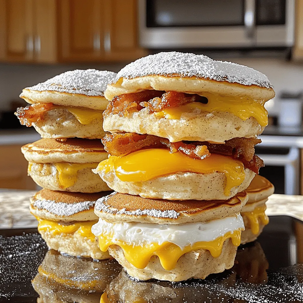 - 1 cup pancake mix - 1/2 cup water - 2 tablespoons maple syrup - 1/2 teaspoon cinnamon - 4 slices of cooked bacon - 4 eggs - 4 slices American cheese - Butter for cooking - Powdered sugar (optional, for dusting) To start, you need some key ingredients for a great McGriddle Muffin. First, pancake mix is essential. It forms the base of the muffin. You will also need water and maple syrup to mix into the batter. The syrup adds a sweet taste that pairs well with savory flavors. A touch of cinnamon gives the pancakes a warm spice. Next, bacon is a must. It adds a crispy, salty crunch. You can choose any type of bacon you like. I prefer thick-cut for more flavor. Eggs are also crucial. They provide richness and protein in each muffin. American cheese is my choice for this recipe. It melts nicely and gives a creamy texture. You can add optional toppings too, like hot sauce or extra syrup. Dusting with powdered sugar adds a sweet finish, but it’s up to you! These ingredients come together to create a tasty breakfast. You can find the full recipe below for detailed instructions. To make the pancake batter, start by mixing the pancake mix, water, maple syrup, and cinnamon in a large bowl. Stir until everything is well combined. The batter should be smooth but slightly thick. If it's too runny, add a bit more pancake mix. This helps it hold together better when cooking. Tips for a successful batter: - Use cold water for a fluffier texture. - Don’t overmix; a few lumps are okay. Heat a non-stick skillet over medium heat. Lightly grease it with butter. Pour the batter into the skillet to form four small pancake rounds, about 4 inches wide. Cook until bubbles form on the surface, which takes about 2-3 minutes. Then, flip the pancakes and cook for another 2 minutes until they turn golden brown. Remove them from the skillet and set aside. Technique for pouring and flipping pancakes: - Use a measuring cup for even sizes. - Flip gently to keep the shape. In the same skillet, cook the bacon until crispy. This should take about 5-7 minutes. Remove the bacon and let it drain on paper towels. Next, crack the eggs into the skillet. Cook them sunny-side up or to your liking. Add a pinch of salt and pepper for flavor. Using the same skillet for flavor efficiency: - This adds a nice taste from the bacon to your eggs. - Less cleanup is always a bonus! Now it’s time to build your McGriddle Muffins! On the bottom half of a pancake, layer a slice of cheese, a piece of bacon, and an egg. Then, place another pancake on top to finish the muffin stack. Layering ingredients correctly: - Start with cheese to help it melt. - Ensure the egg is centered to avoid spills. For an extra touch, lightly dust the tops of the muffins with powdered sugar if you want. This adds a sweet finish that pairs well with the savory flavors. Serve the muffins warm for the best taste. Enjoy them fresh for a delightful breakfast treat! - Overmixing the batter: Mix just until combined. If you stir too much, your pancakes will be tough. Keep it light and simple. - Under/overcooking the pancakes: Cook until bubbles form on the surface. Flip carefully and watch for golden brown color. This step is key to perfect pancakes. - Recommended skillet types: A non-stick skillet is best. It helps prevent sticking and makes flipping easy. I love using cast iron for a nice sear. - Importance of using non-stick surfaces: Non-stick surfaces make cooking stress-free. You won't have to worry about your pancakes tearing when you flip them. - Pairing ideas for beverages: Enjoy your McGriddle Muffins with coffee or fresh juice. Milk is also a great choice. These drinks balance the sweetness of the maple syrup. - Garnishes to enhance the presentation: A light dusting of powdered sugar adds a lovely touch. You can also garnish with fresh fruit like berries for color and flavor. {{image_2}} You can make McGriddle Muffins even more fun. Try adding fruits like blueberries or bananas right into the batter. Chocolate chips also work well for a sweet twist. For protein, swap out the bacon for sausage or turkey bacon. Each choice adds new layers of flavor. If you need gluten-free options, look for a gluten-free pancake mix. Many brands offer tasty mixes that work great. For cheese, try dairy-free cheese alternatives. They melt nicely and keep the muffins creamy without dairy. Want a smaller treat? Make mini McGriddle Muffins! Use a tablespoon of batter instead of a full scoop. These bite-sized muffins are perfect for kids or snacks. Just keep an eye on the cooking time. They may need just a minute less to cook through. Building these small stacks is just as fun! To keep your McGriddle Muffins fresh, store them in the fridge. Place them in an airtight container. This helps maintain their taste and texture. If you have many muffins, use separate layers of parchment paper. This prevents sticking. When you're ready to eat, reheat your muffins in a skillet. This keeps the pancakes soft and the cheese melty. Heat them over low to medium heat. Flip them often to avoid burning. If you want to use a microwave, wrap them in a damp paper towel. This helps keep moisture and prevents sogginess. Enjoy your tasty breakfast treat! To make McGriddle Muffins, you start with simple ingredients. First, mix 1 cup pancake mix, 1/2 cup water, 2 tablespoons maple syrup, and 1/2 teaspoon cinnamon. This creates a smooth batter. Next, heat a skillet and grease it with butter. Pour the batter into 4 small rounds. Cook until bubbles form, then flip them over. While the pancakes cool, cook 4 slices of bacon until crispy. In the same skillet, crack 4 eggs and cook them sunny-side up. Now, assemble your muffins. Take a pancake, add a slice of cheese, a piece of bacon, and an egg on top. Finish with another pancake. This method gives you warm, tasty muffins that capture breakfast perfectly. You can find the full recipe for more details. Yes, you can freeze McGriddle Muffins! To freeze them, let the muffins cool completely. Wrap each muffin tightly in plastic wrap and then place them in a freezer bag. This keeps them fresh. When you want to eat them, take a muffin from the freezer. Remove the wrap and reheat in a microwave or skillet until warm. This way, you can enjoy a homemade breakfast anytime. One McGriddle Muffin has about 350 calories. It contains 15 grams of fat, 30 grams of carbs, and 12 grams of protein. This makes it a filling breakfast option. If you want to reduce calories, consider using less bacon or cheese. You can also swap whole eggs for egg whites to cut down on fat. McDonald's McGriddle Muffins are found at most McDonald's locations. They are usually on the breakfast menu. However, some places may not serve breakfast all day. You can check the menu online or call your local restaurant to see if they have them available. McGriddle Muffins differ from traditional McGriddles mainly in size and texture. McGriddle Muffins are smaller and easier to hold. The pancakes are thicker in traditional McGriddles, giving a fluffier bite. Both choices are sweet and savory, but muffins provide a unique twist with their layered ingredients. The combination of layers in the muffins also adds fun to each bite. McGriddle muffins are fun and easy to make at home. You need simple ingredients like pancake mix, eggs, and bacon. Follow the steps to prepare batter, cook pancakes, and layer your muffins. Remember to avoid common mistakes like overmixing the batter. You can also customize flavors or make mini versions for snacks. Store leftovers properly and reheat them to keep their taste. Now, you can enjoy tasty homemade McGriddle muffins anytime!