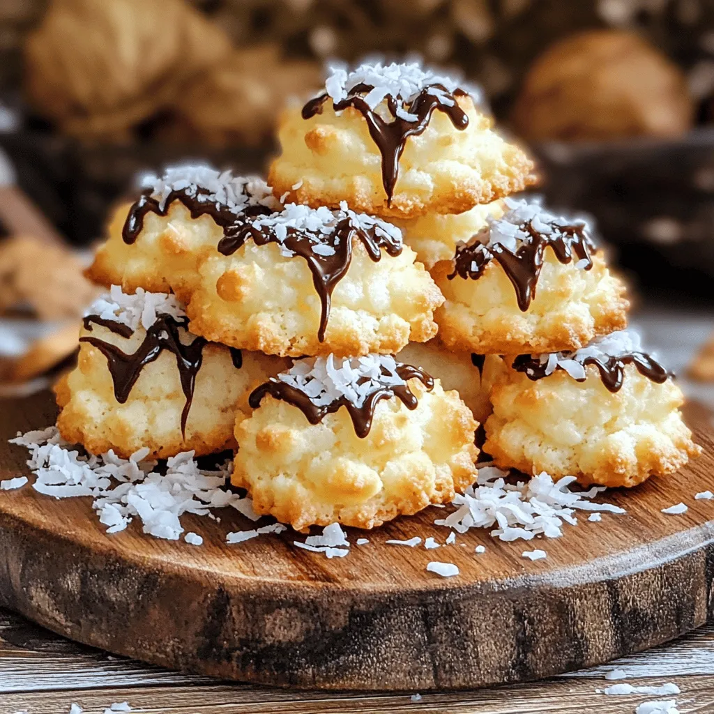 The main ingredients make these cookies special. Here’s what you need: - 3 cups shredded unsweetened coconut - 1 cup sweetened condensed milk - 1 teaspoon vanilla extract - 1/4 teaspoon salt - 2 large egg whites - 1/4 teaspoon cream of tartar These ingredients create a chewy, sweet cookie. The shredded coconut gives texture. The sweetened condensed milk adds rich flavor. The egg whites make the macaroons light and fluffy. You can customize your macaroons with a few extras. Here are some ideas: - 1/2 cup dark chocolate chips (for drizzling) - Chopped nuts for added crunch - Zest from one lime for a citrus twist - Almond extract instead of vanilla for a nutty flavor These options let you play with flavors. Have fun experimenting with what you like best! Each coconut macaroon cookie is a tasty treat. Here’s the nutrition you get per cookie: - Calories: 110 - Total Fat: 5g - Saturated Fat: 4g - Cholesterol: 10mg - Sodium: 30mg - Total Carbohydrates: 16g - Dietary Fiber: 1g - Sugars: 10g - Protein: 1g These cookies are a sweet treat, but enjoy them in moderation. For the full recipe, check the details above and get baking! First, gather your ingredients. You need: - 3 cups shredded unsweetened coconut - 1 cup sweetened condensed milk - 1 teaspoon vanilla extract - 1/4 teaspoon salt - 2 large egg whites - 1/4 teaspoon cream of tartar - 1/2 cup dark chocolate chips (optional) Make sure everything is ready before you start. This makes the process smooth and fun. In a large bowl, mix the shredded coconut, sweetened condensed milk, vanilla, and salt. Stir well. You want the coconut to soak up the milk. In another bowl, beat the egg whites and cream of tartar. Use an electric mixer. Beat until stiff peaks form, about 3-5 minutes. This is key for light macaroons. Now, gently fold the egg whites into the coconut mix. Use a spatula. Be careful not to squish the egg whites. This keeps your macaroons airy. Preheat your oven to 325°F (160°C). Line a baking sheet with parchment paper. Use a cookie scoop or a spoon to drop big spoonfuls of the mix onto the sheet. Space them about an inch apart. Bake for 15-20 minutes. Look for golden edges. When done, let them cool for 5 minutes on the sheet. Then, move them to a wire rack. If you want to add chocolate, melt the chips and drizzle over the cooled macaroons. This is the finishing touch! For the full recipe, you can refer to the earlier section. Enjoy your delicious coconut macaroons! To get that perfect coconut macaroon texture, focus on your egg whites. Whip them until they form stiff peaks. This step adds air and makes your cookies light. Gently fold the whites into the coconut mixture. Mixing too hard will deflate your egg whites. The goal is a nice, fluffy dough. One common mistake is not measuring ingredients correctly. Too much coconut makes them dry, while too little leaves them flat. Another issue is not preheating the oven. An oven that's too cool will yield soggy cookies. Lastly, avoid overcrowding the baking sheet. Space them about one inch apart for even baking. Store your cookies in an airtight container. They stay fresh for about a week at room temperature. If you want to keep them longer, freeze them. Just layer them between parchment paper. To reheat, pop them in the oven for a few minutes. This brings back their nice texture. For more details, check out the Full Recipe. {{image_2}} If you enjoy chocolate, try dipping your coconut macaroons in melted dark chocolate. After you bake and cool the macaroons, melt dark chocolate chips. Use a microwave or double boiler for this. Dip half of each macaroon in the chocolate and let them set on parchment paper. This adds a rich twist to the sweet and chewy coconut. Coconut macaroons are naturally gluten-free. The main ingredients are shredded coconut, egg whites, and sweetened condensed milk. Be sure to check that your coconut is labeled gluten-free. This means you can enjoy these cookies without worry if you're gluten-sensitive. You can easily change the flavor of these macaroons. Try adding one teaspoon of almond extract instead of vanilla for a nutty taste. For a fresh twist, add lime zest to the mixture. This gives the cookies a bright, zesty flavor. Feel free to experiment with other flavors, like orange or even mint. The options are endless! For the full recipe, check out the Coconut Cloud Macaroons. To keep your coconut macaroons fresh, place them in an airtight container. This helps to prevent them from drying out. You can store them at room temperature for a few days. If you live in a humid area, the fridge may work better. Just make sure to seal them well. I recommend using parchment paper between layers to avoid sticking. You can freeze coconut macaroons for later use. First, let them cool completely. Then, place them in a single layer on a baking sheet. Freeze them for about one hour. After that, move them to a freezer-safe bag or container. They can last up to three months in the freezer. When you're ready to enjoy them, just thaw them at room temperature. Homemade coconut macaroons stay fresh for about five days at room temperature. If you store them in the fridge, they can last about a week. Keep an eye on them for any signs of spoilage. You want to enjoy them at their best! For longer storage, freezing is the way to go. To make coconut macaroon cookies chewy, use more sweetened condensed milk. This adds moisture. Also, consider baking them for a shorter time. Aim for a soft center. Let the cookies cool on the sheet before moving them. This helps them stay chewy. Yes, you can substitute sweetened condensed milk with coconut cream. Use a similar amount. This keeps the coconut flavor strong. You can also mix milk and sugar. However, the texture may change slightly. Yes, coconut macaroons are gluten-free. The main ingredient is shredded coconut. Just make sure your coconut is gluten-free. Most brands are safe, but always check the label. This makes macaroons a great treat for everyone. To prevent macaroons from spreading, chill the mixture before baking. This helps them hold shape. Use stiffly whipped egg whites. Gently fold them into the coconut. Lastly, space the cookies well on the baking sheet. This helps them bake evenly without spreading. For the full recipe, check out Coconut Cloud Macaroons. Enjoy your baking! Coconut macaroon cookies are simple to make and very tasty. We covered key ingredients and optional additions. You learned step-by-step instructions for baking these treats. I shared tips to help you avoid mistakes and store them well. You can try fun variations or make them gluten-free. In the end, these cookies are a delight. Enjoy making them your own!
