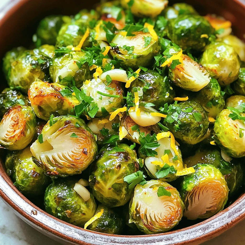 - 1 lb Brussels sprouts, trimmed and halved - 3 tablespoons olive oil - 4 cloves garlic, minced - Juice of 1 lemon - Zest of 1 lemon - 1 teaspoon honey - Salt and pepper, to taste - 1/4 teaspoon red pepper flakes (optional) - Fresh parsley, chopped for garnish You can switch up the oils you use. Instead of olive oil, try avocado oil or melted coconut oil. These oils can add unique flavors and health benefits. If you prefer a sweeter taste but want to avoid honey, you can use maple syrup or agave nectar. Both options work well in this recipe and still provide that lovely sweetness. When it comes to herbs, fresh is best. However, if you have dried herbs, they work too. Just remember, dried herbs are stronger than fresh. Use one-third of the amount if you are using dried. For the full recipe, check the section above. To start, we need to prep the Brussels sprouts. Take 1 pound of Brussels sprouts and trim off the ends. Then, cut each sprout in half. This helps them cook evenly and lets the flavors soak in. Next, prepare the garlic. Grab 4 cloves of garlic and mince them finely. The more you chop, the stronger the flavor. You'll also need to zest and juice 1 lemon. The zest adds a nice bright taste, while the juice brings in the tang. Now, let's roast the Brussels sprouts. Preheat your oven to 400°F (200°C). In a large bowl, mix the halved Brussels sprouts, 3 tablespoons of olive oil, minced garlic, lemon juice, lemon zest, 1 teaspoon of honey, salt, pepper, and red pepper flakes if you want some heat. Toss everything together until the sprouts are fully coated. Spread them out on a baking sheet lined with parchment paper. This helps with easy cleanup. Roast them for 25 to 30 minutes. Stir them halfway through to ensure even cooking. You want them golden brown and crispy on the edges. After roasting, remove the sprouts from the oven and transfer them to a serving dish. For the final touch, garnish with fresh chopped parsley. This gives a pop of color and adds freshness to the dish. Serve these Brussels sprouts warm. They pair well with grilled meats or as a side to any meal. Don't forget to add lemon wedges for an extra burst of flavor. For the full recipe, check out the [Full Recipe]. To get the best roasted Brussels sprouts, follow these tips: - Ensuring even cooking: Cut the Brussels sprouts in half. This helps them cook evenly. Place them cut-side down on your baking sheet. This way, they get nice and crispy. - How to avoid sogginess: Make sure to dry the sprouts after washing. Any extra water can make them soggy. Use a clean kitchen towel or paper towel to pat them dry. Adding flavors can make your dish even better. Here are some ideas: - Additional spices or herbs to try: Try adding thyme or rosemary for a fragrant touch. A dash of smoked paprika can add depth, too. - Using vinegar for extra tang: A splash of balsamic vinegar before roasting gives a nice tang. It complements the lemon flavor well. The right tools can make cooking easier: - Ideal baking sheets or trays: Use a heavy-duty baking sheet. This helps with even heat distribution. A parchment-lined sheet makes for easy cleanup. - Recommended kitchen tools for prep: A sharp knife is essential for cutting the sprouts. A mixing bowl helps you toss the ingredients evenly. A spatula is great for flipping them halfway through roasting. {{image_2}} You can make this dish even better by adding seasonal vegetables. Try carrots, sweet potatoes, or squash in the fall. In spring, fresh asparagus or peas pair well. Each season brings new flavors. You can mix and match based on what you find at the market. For flavor pairings, think about the occasion. If it's a festive meal, add some crispy bacon bits or toasted nuts for crunch. For a summer BBQ, serve it with grilled meats. The bright lemon and garlic will shine in any season. If you want to make this dish vegan, skip the honey. You can use maple syrup instead. It gives a nice sweetness that works well. This dish is also great for vegetarians. Just serve it with a hearty grain salad for a complete meal. For low-carb diets, you can replace Brussels sprouts with cauliflower. It roasts similarly and takes on the same great flavors. You can still use the lemon and garlic for a tasty dish. To make your dish look stunning, serve it in a colorful bowl. The golden brown Brussels sprouts look beautiful against a bright dish. Add a sprinkle of parsley on top for a fresh touch. You can even add lemon wedges on the side for extra zing. If you want to get creative, drizzle some balsamic glaze over the top. This adds a nice sweetness and depth. Another option is to pair it with a creamy dressing. A yogurt-based sauce can elevate the flavors and make it extra special. For the full recipe, check out the detailed steps and tips! To store your leftover Lemon Garlic Roasted Brussels Sprouts, place them in an airtight container. Keep them in the fridge for up to three days. This method helps to seal in the flavors. To keep the Brussels sprouts crispy, avoid stacking them too high. If you lay them flat, they will stay firm and fresh. When you are ready to enjoy your leftovers, preheat your oven to 350°F (175°C). Spread the Brussels sprouts in a single layer on a baking sheet. Heat them for about 10-15 minutes. This method keeps their texture and flavor intact. You can also use a skillet. Just warm them over medium heat for a few minutes, stirring gently. Yes, you can freeze cooked Brussels sprouts! To freeze them, let them cool completely first. Then, place them in a freezer-safe bag. Remove as much air as possible. They can last for up to three months in the freezer. When you're ready to use them, thaw overnight in the fridge. Reheat as mentioned earlier for best results. How long to roast Brussels sprouts? You should roast Brussels sprouts for 25 to 30 minutes at 400°F (200°C). This time gives them a nice brown color and crisp edges. Make sure to stir them halfway through. This helps them cook evenly. What goes well with Brussels sprouts? Brussels sprouts pair well with many foods. Try them with roasted meats like chicken or pork. They also work great with grains like quinoa or rice. Add a sprinkle of cheese for extra flavor. Can I prepare this dish ahead of time? Yes, you can prep Brussels sprouts ahead of time. Just trim and halve them. Store them in the fridge in an airtight container. When you are ready, coat them with oil and seasonings before roasting. What are the best serving ideas? Serve Brussels sprouts hot from the oven. You can garnish them with fresh parsley for color. Add lemon wedges on the side for a zesty kick. They also taste great on a bed of grains. Are Brussels sprouts healthy? Yes, Brussels sprouts are very healthy. They are low in calories and high in fiber. They also provide vitamins like K and C. These nutrients support your immune system and bone health. What are the benefits of lemon and garlic? Lemon adds fresh flavor and vitamin C. It helps boost your immune system. Garlic has many health benefits, too. It can lower blood pressure and improve heart health. Together, they add amazing taste and nutrition to your dish. In this blog post, we explored how to make delicious roasted Brussels sprouts. I shared key ingredients, helpful tips, and step-by-step instructions to ensure success. We also looked at storage techniques and common questions to help you along the way. Roasting Brussels sprouts is simple and rewarding. You can customize them to suit your taste and dietary needs. Enjoy experimenting with flavors and share this dish with others!