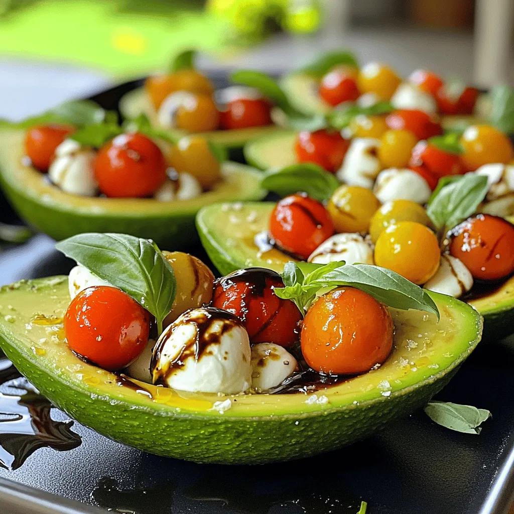- 2 ripe avocados - 1 cup cherry tomatoes, halved - 1 cup fresh mozzarella balls, halved or diced - 1/4 cup fresh basil leaves, chopped - 2 tablespoons balsamic glaze - 1 tablespoon extra virgin olive oil - Salt and pepper to taste When I create Caprese stuffed avocados, I focus on fresh, quality ingredients. The ripe avocados are the star of the dish. They add creaminess and a nice green color. The cherry tomatoes bring bright flavor and sweetness. I love using fresh mozzarella for that delightful texture. Basil adds freshness and aroma. I always chop it finely to release its full flavor. Balsamic glaze gives a sweet tang that ties it all together. Extra virgin olive oil adds richness and depth. I finish with salt and pepper to enhance all the flavors. This recipe is simple but offers a lot of taste. You can find the full recipe in the main article. Remember, using fresh ingredients is key to making this dish shine! Begin by slicing the avocados in half. Remove the pit carefully. Use a spoon to scoop out some flesh and create a larger space for the filling. Set this flesh aside. You can use it later for guacamole or another dish. In a mixing bowl, gather the halved cherry tomatoes and fresh mozzarella. Add the chopped basil next. Drizzle the olive oil and balsamic glaze over the mix. Season it all with salt and pepper. Toss gently to coat all the ingredients well. You want every bit to be flavorful. Now, take the avocado halves and fill them with the Caprese mixture. Make sure each half gets a good amount. Drizzle a bit more balsamic glaze on top for extra flavor. If you like, add a few whole basil leaves for a nice touch. Serve these fresh or chill for up to 30 minutes before enjoying. For the full recipe, check out the details above! When picking avocados, look for ones that feel slightly soft. Gently press the skin with your fingers. If it yields a bit, it is ripe and ready to use. Avoid hard avocados, as they are not ripe yet. Overly soft ones may be too mushy. Aim for a perfect balance. If you find avocados that are too firm, leave them on the counter for a day or two. They will ripen nicely. Caprese stuffed avocados make a great snack or light meal. Serve them on a colorful plate to impress your guests. Pair them with crusty bread or a green salad for a complete meal. You can also serve them as a starter at a dinner party. Add a sprinkle of extra basil or a drizzle of balsamic glaze on top just before serving. This adds a fresh touch and enhances the flavor. To balance flavors, use fresh ingredients. Fresh mozzarella and ripe tomatoes give the best taste. Balsamic glaze adds sweetness, while salt and pepper enhance the dish. When mixing the filling, be gentle. You want to keep the texture light. If you like it spicy, add a pinch of red pepper flakes. This will give your stuffed avocados a nice kick. For a twist, try adding a squeeze of lemon juice. It brightens the dish and adds freshness. For more detailed steps, check the Full Recipe. {{image_2}} You can easily add protein to your Caprese stuffed avocados. Grilled chicken or shrimp makes a great choice. You could also use chickpeas for a hearty twist. Just chop your protein and mix it with the tomato and mozzarella. This change boosts flavor and nutrition. Switching up the dressings can change the taste. Instead of balsamic glaze, try a lemon vinaigrette. This gives a bright flavor that pairs well with the avocados. You can also sprinkle some Italian seasoning or garlic powder for a fun kick. Experiment with what you love! To make this dish vegan, skip the mozzarella. Instead, use marinated tofu or a vegan cheese. You can still enjoy the fresh basil and tomatoes. Drizzle with your favorite vegan dressing, like tahini or avocado dressing. This way, everyone can savor the deliciousness! For the full recipe, check out the Caprese Stuffed Avocados 🥑 section above. To keep your Caprese stuffed avocados fresh, wrap them tightly in plastic wrap. This helps keep air away from the avocado. Place the wrapped avocados in an airtight container. You can store them in the fridge for about one day. The longer they sit, the more they brown. To maintain the flavor and color, use lemon juice on the cut surfaces. This slows down browning. Keep the filling separate from the avocado halves if you plan to store them. Assemble them just before serving for the best taste and look. You can freeze some of the ingredients. For example, cherry tomatoes freeze well. However, avoid freezing the stuffed avocados. The texture changes too much. If you want to prepare in advance, freeze the mozzarella and basil. Just remember to let them thaw in the fridge before using. Enjoy the full recipe for more tips on making this dish shine! Yes, you can make Caprese stuffed avocados ahead of time. However, I recommend filling them just before serving. If you fill them too early, the avocado may turn brown. To slow this process, squeeze some lemon juice on the avocado flesh. This helps keep the color bright. You can prepare the filling in advance and store it in the fridge. Just scoop it into the avocados when you're ready to eat. If you need a mozzarella substitute, try using feta cheese. Feta adds a nice tangy flavor. You can also use goat cheese for a creamy texture. Vegan cheese is another option if you want a dairy-free choice. Just ensure it melts well if you plan to warm the dish. Each option will change the flavor slightly, so pick what you like best. To choose ripe avocados, gently press the skin. If it yields to pressure, it's ripe and ready to eat. Look for avocados with dark green skin. Avoid those with large dark spots or deep indentations. You can also check the stem. If it comes off easily and you see green underneath, the avocado is ripe. If it’s brown, it may be overripe. Always pick avocados that feel firm but not hard. This will help ensure your Caprese stuffed avocados turn out perfect. Caprese stuffed avocados blend fresh ingredients into a tasty dish. We covered how to choose ripe avocados, prepare them, and assemble the filling with tomatoes and mozzarella. Remember, you can add protein or switch dressings to fit your taste. Store leftovers well to keep them fresh. This dish is simple and fun to make, and it can wow your friends. Enjoy experimenting with different flavors and variations. Happy cooking!