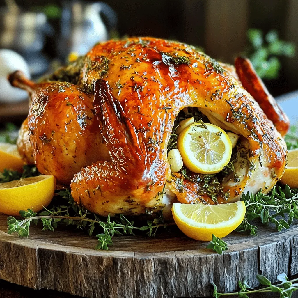 - 1 whole chicken (about 4-5 pounds) - Fresh herbs for garnish (like parsley or thyme) - 4 tablespoons olive oil - 2 teaspoons sea salt - 1 teaspoon black pepper - 1 tablespoon garlic powder - 1 tablespoon onion powder - 1 tablespoon dried thyme - 1 tablespoon dried rosemary - 1 tablespoon dried oregano - 1 lemon, halved - 1 head of garlic, halved To create the perfect savory herb roasted chicken, gather these key ingredients. Start with a whole chicken, which should weigh between 4 and 5 pounds. This size cooks evenly and stays juicy. Fresh herbs like parsley or thyme will add a nice touch for garnish. Next, you will need seasonings and oil. Olive oil keeps the chicken moist and helps the skin crisp up. The sea salt and black pepper enhance flavors. Garlic powder and onion powder bring depth to the dish. Thyme, rosemary, and oregano add a lovely herbal note. Lastly, for flavor infusers, use a lemon and a head of garlic. Halve the lemon to release its juice and aroma. The garlic will roast beautifully, adding sweetness to the dish. You can find the full recipe with instructions to make this delightful meal. Enjoy the process and the wonderful smells that fill your kitchen! - Preheat the oven to 425°F (220°C). - Pat the chicken dry with paper towels. This step helps the skin get crispy. - Combine olive oil and herbs in a bowl. Use thyme, rosemary, and oregano for great taste. - Add seasonings like salt and pepper. Mix thoroughly until it becomes a paste. - Rub the herb mixture on the chicken. Make sure to cover the entire surface. - Stuff the chicken with lemon and garlic. This adds flavor as it cooks. - Roast in the oven for 1 hour and 15 minutes. Look for a golden brown skin. - Check internal temperature. It should be 165°F (75°C) for safe eating. - Let the chicken rest before carving. This helps keep it juicy and flavorful. For a complete guide with all details, refer to the Full Recipe. To get the best crispy skin on your chicken, start by drying it well. Use paper towels to pat the chicken dry. Moisture on the skin can cause it to steam instead of roast. Next, ensure even seasoning. I like to rub the seasoning mixture under the skin, too. This method helps flavor the meat and makes the skin crispy. Using fresh herbs makes a big difference. Fresh herbs like rosemary and thyme add a bright taste. If you use dried herbs, make sure they are fresh, too. You can also marinate the chicken for extra flavor. A good marinating time is about 2 hours. This allows herbs and spices to soak into the meat. The cooking time can change based on the size of your chicken. A smaller chicken may need less time, while a larger one needs more. Aim for about 20 minutes per pound. Always use a meat thermometer to check doneness. The chicken is safe to eat when it reaches 165°F (75°C). This way, you avoid overcooking or undercooking. For the complete method, check the Full Recipe. {{image_2}} You can switch up the herbs for a fresh twist. Try using basil for a sweet touch, or cilantro for something bright. Each herb brings its own flavor to the dish. You can also experiment with unique seasoning blends. Cajun spices add a zesty kick, while lemon pepper gives a bright, citrusy zing. These alternatives can make your savory herb roasted chicken feel new and exciting. Roasting is a classic method for this dish, but slow cooking can also work well. Slow cooking makes the meat very tender and juicy. If you prefer a smoky flavor, consider grilling your chicken. Grilling gives the chicken a nice char and adds depth to the flavor. Both methods can lead to a delicious outcome, so choose what fits your mood. Pair your savory herb roasted chicken with tasty side dishes. Roasted vegetables make a colorful and healthy addition to your plate. A fresh salad can also balance the richness of the chicken. To enhance the flavor, consider serving with sauces or gravies. A lemon herb sauce or a rich gravy can elevate your meal. These additions make each bite even more delightful. For the full recipe, check out the details provided. To keep your savory herb roasted chicken fresh, store it properly. First, let the chicken cool down at room temperature for about 30 minutes. Next, place it in an airtight container or wrap it in plastic wrap. This helps to prevent moisture loss and keeps the chicken safe from germs. Leftover chicken lasts about 3 to 4 days in the fridge. Be sure to check for any off smells or discoloration before eating. If you notice any, it's best to throw it away. If you want to keep the chicken longer, freezing is a great option. Cut the chicken into pieces for easier storage. Wrap each piece tightly in plastic wrap and then place them in a freezer-safe bag. This helps to prevent freezer burn. To thaw the chicken, move it from the freezer to the fridge a day before you plan to eat it. This keeps the texture nice. You can also thaw it in cold water if you're short on time. Just make sure to cook it right after thawing. When reheating, you want to keep your chicken juicy. The best way is to use the oven. Preheat it to 350°F (175°C). Place the chicken in a baking dish and add a splash of broth or water. Cover it with foil to lock in moisture. Heat for about 20 minutes or until warm. Avoid using the microwave if you can. It often dries out the chicken. If you must use it, heat in short bursts and check often. This way, you can enjoy your savory herb roasted chicken just like the first time! To keep the chicken juicy, start by drying it well. This helps the skin crisp up. Next, rub the herb mixture under the skin and inside the cavity. This allows the flavors to seep in. Cooking at a high heat, like 425°F, helps seal in moisture. Make sure to let the chicken rest after cooking. This step allows the juices to redistribute for the best bite. Yes, you can use smaller birds like cornish hens. Adjust the cooking time to about 45 minutes. If you choose smaller birds, check the internal temperature to ensure doneness. Smaller birds will cook faster, so keep an eye on them. Pair your roasted chicken with sides like: - Roasted vegetables (carrots, potatoes, and Brussels sprouts) - A fresh garden salad - Creamy mashed potatoes - Steamed green beans These sides complement the chicken well and add color to your plate. To check if the chicken is done, use a meat thermometer. Insert it into the thickest part of the thigh. The temperature should read 165°F. If you don’t have a thermometer, pierce the chicken and look for clear juices. If the juices run clear, it’s ready to serve. Roasting a whole chicken is simple and rewarding. You now know which ingredients to use and how to prepare the perfect chicken. From seasoning with herbs to roasting techniques, each step improves flavor. Remember, drying the chicken is key for crispy skin. Feel free to try different herbs and cooking methods to make it your own. Proper storage ensures you enjoy delicious leftovers too. Follow these tips, and you will impress everyone with your cooking skills. Enjoy your next meal!