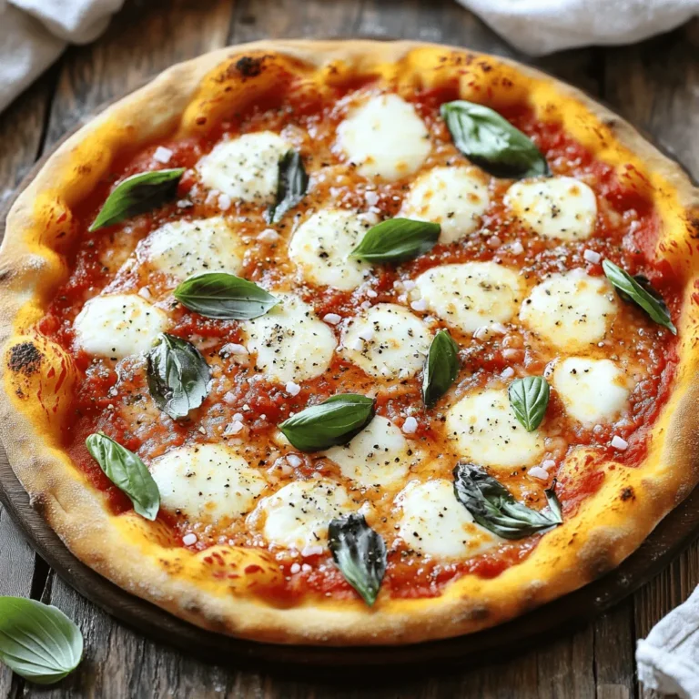 - 2 cups all-purpose flour - 1 teaspoon active dry yeast - 3/4 cup warm water (110°F) - 1 teaspoon sugar - 1 teaspoon salt - 1 tablespoon olive oil - 1 cup tomato sauce - 8 ounces fresh mozzarella cheese, sliced - Fresh basil leaves - Sea salt and black pepper - Red pepper flakes (optional) To make a classic Margherita pizza, you need fresh and simple ingredients. The base starts with all-purpose flour and active dry yeast that gives the dough its rise. Warm water activates the yeast, while sugar feeds it. Salt adds flavor, and olive oil gives the dough a nice texture. For the toppings, tomato sauce is key. I love using homemade sauce or quality canned San Marzano tomatoes for the best taste. Fresh mozzarella cheese melts beautifully and tastes amazing. Fresh basil leaves bring a fragrant aroma. Finally, you can sprinkle sea salt and black pepper for extra flavor. If you like heat, add red pepper flakes. This recipe shows that you can create something delicious with just a few quality ingredients. You can find the full recipe above. Enjoy making your pizza! Dissolving Yeast and Sugar Start by taking a small bowl. Add warm water and sprinkle yeast and sugar into it. Let this mix sit for about five minutes. It should get foamy, which means the yeast is active. Forming the Dough In a large bowl, mix two cups of flour with one teaspoon of salt. Make a well in the center of the flour. Pour in the yeast mixture and one tablespoon of olive oil. Stir this until it forms a dough that holds together. Kneading the Dough Now, put the dough on a floured surface. Knead it for about eight to ten minutes. You want it to become smooth and elastic. This step is key for a great texture. First Rise Process After kneading, place the dough in a lightly oiled bowl. Cover it with a damp cloth. Let it rise in a warm spot for one to two hours. It should double in size, showing it’s ready for the next step. Preheating the Oven While the dough is rising, preheat your oven to its highest setting, usually around 475°F. If you have a pizza stone, place it in the oven to heat up. Shaping the Dough Once the dough has risen, punch it down to release air. Move it to a floured surface and divide it into two equal parts. Shape each piece into a round disc, stretching it to about 10 to 12 inches wide. Adding Sauce and Toppings Spread a thin layer of tomato sauce on each dough, leaving a small edge. Next, place sliced fresh mozzarella evenly over the sauce. This will melt beautifully while baking. Baking Instructions Carefully transfer the pizza onto the hot stone or a baking sheet. Bake for about 10 to 12 minutes. Look for a golden crust and bubbling cheese. These signs mean it’s ready. For the full recipe, check the details above for all the steps. Enjoy this classic dish! Ideal Kneading Techniques Kneading dough helps develop gluten. This gives your pizza a nice, chewy texture. To knead, push the dough away with your palm. Fold it back, then turn it. Repeat this motion for 8-10 minutes. The dough should feel smooth and elastic when done. Ensuring Proper Rise After kneading, let the dough rise. Place it in a lightly oiled bowl. Cover it with a damp cloth. Find a warm spot, like near an oven. The dough should double in size in about 1-2 hours. This rise helps create a light crust. Recommendations for Tomato Sauce Use high-quality tomato sauce for the best taste. I recommend homemade sauce or San Marzano tomatoes. These tomatoes are sweet and rich. Spread a thin layer on the dough, leaving a small edge. Selecting the Right Mozzarella Fresh mozzarella is key for Margherita pizza. It melts beautifully and adds great flavor. Look for mozzarella packed in water. Slice it into even pieces to ensure even melting. Using a Pizza Stone vs Baking Sheet A pizza stone gives you a crispier crust. It retains heat better than a baking sheet. Preheat your stone in the oven for at least 30 minutes at the highest setting. If you don’t have a stone, a heavy baking sheet works too. Achieving the Perfect Crust Bake your pizza at a high temperature, around 475°F (245°C). This heat cooks the crust quickly, making it crispy. Keep an eye on it while baking. Once the crust is golden and the cheese is bubbly, it’s ready! For more flavor tips and a full recipe, check out the Classic Margherita Pizza recipe! {{image_2}} You can change up your Margherita pizza in many ways. One great option is adding protein. Grilled chicken or prosciutto can make it heartier. These toppings add flavor and texture. You can also explore different cheeses. Burrata brings a creamy twist. Its rich texture pairs well with the fresh basil and tomato sauce. Seasonal vegetables can elevate your pizza. Try zucchini or bell peppers in summer. In fall, roasted squash adds a sweet touch. These veggies bring fresh flavor and color. Infused oils or dried herbs can also enhance your pizza. A drizzle of garlic oil adds a nice kick. You could use rosemary or oregano for a fragrant twist. If you need gluten-free options, don’t worry! Many recipes now offer gluten-free pizza crusts. You can find premade options at stores or make your own. The cauliflower crust method is also popular. Simply blend cauliflower, cheese, and egg to form a dough. This creates a low-carb, tasty base for your pizza. These variations help you explore new flavors. Each option invites you to create your own perfect Margherita pizza. For the classic version, check the Full Recipe. Best Practices for Refrigeration To keep your leftover Margherita pizza fresh, wrap each slice in plastic wrap. You can also use an airtight container. Make sure to store the pizza in the fridge. It will stay good for about 3 days in the fridge. Reheating Tips When you’re ready to enjoy your pizza again, preheat your oven to 375°F. Place the slice on a baking sheet. Heat it for about 10 minutes. This keeps the crust nice and crispy. You can also heat it in a skillet on medium heat. This method warms it fast and keeps it crispy. How to Freeze Pizza If you want to save pizza for later, freezing is a great option. Wrap each slice tightly in plastic wrap. Then, place the wrapped slices in a freezer bag. Make sure to remove as much air as possible. Your pizza will stay good for about 2 months in the freezer. Thawing Instructions To thaw frozen pizza, move it to the fridge overnight. If you need it fast, you can reheat it directly from the freezer. Increase your oven time to about 15 minutes. This will make sure it heats through completely. Enjoy your pizza whenever you want! Margherita pizza comes from Italy. It was made in 1889 for Queen Margherita of Savoy. A chef in Naples created it using the colors of the Italian flag: green basil, white mozzarella, and red tomato sauce. This simple dish became a classic. Today, it is loved worldwide for its fresh taste. Yes, you can still make great pizza without a stone. Use a baking sheet instead. Preheat your oven with the baking sheet inside. When ready, place the pizza on the hot sheet. This method gives you a nice crust, too. Just make sure to keep an eye on it while baking. To help your dough rise quicker, try these tips: - Use warm water, around 110°F. - Add a teaspoon of sugar to the yeast mix. - Place the dough in a warm, draft-free spot. - Cover it with a damp cloth to keep moisture in. These steps will help activate the yeast faster. Margherita pizza pairs well with many side dishes. Here are a few ideas: - A fresh green salad with vinaigrette. - Garlic bread for extra crunch. - Roasted vegetables for added flavor. - A light soup, like minestrone. These sides complement the pizza well and make a complete meal. For the full recipe, check out the details above. Making Margherita pizza at home is fun and easy. We covered key ingredients, step-by-step dough preparation, and baking tips. Don't forget to try different toppings and crusts for your own twist. Storing leftovers can keep the pizza fresh for later. With these tips, you can create a delicious meal that impresses anyone. Enjoy your pizza journey and let your creativity shine!