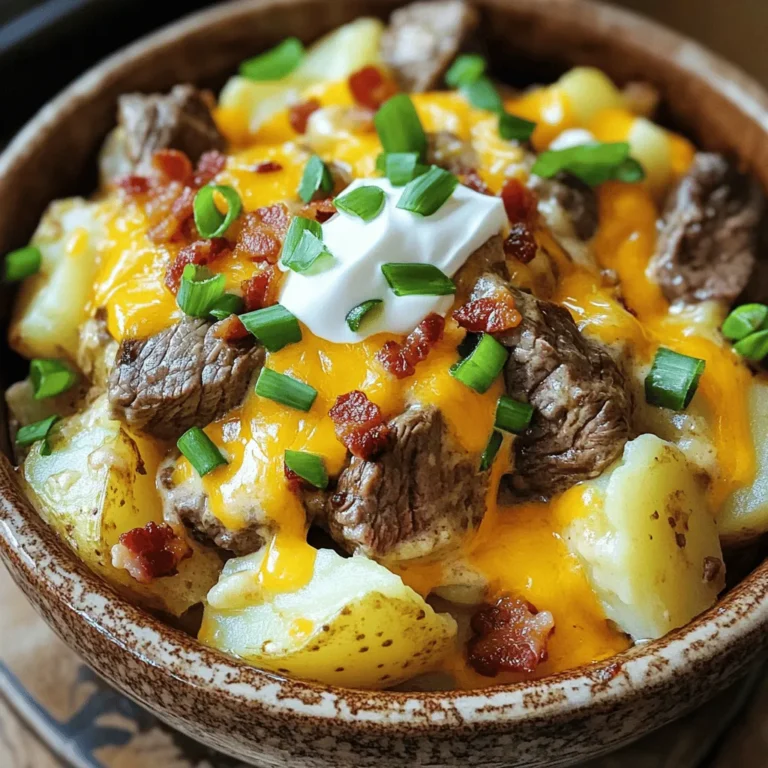 - 1.5 lbs flank steak, cut into bite-sized pieces - 4 medium russet potatoes, diced - 1 medium onion, chopped - 4 cloves garlic, minced - 1 cup beef broth - 1 cup shredded cheddar cheese - 1 cup sour cream - 1 teaspoon smoked paprika - 1 teaspoon dried thyme - Salt and pepper to taste - ½ cup green onions, sliced (for garnish) - ½ cup cooked bacon bits (optional, for garnish) The main ingredients in this dish give it great flavor. The flank steak adds a rich taste and tender texture when cooked low and slow. The russet potatoes soak up the broth and spices, making them creamy and soft. If you need to make substitutions, here are some ideas: - Steak: You can use sirloin or chuck if flank steak is hard to find. Both will work well. - Potatoes: Sweet potatoes can replace russet potatoes for a sweeter twist. - Cheese: Swap shredded cheddar for mozzarella or pepper jack for a different flavor. - Sour Cream: Greek yogurt can work instead of sour cream, adding a tangy taste. - Broth: Vegetable broth can replace beef broth for a lighter option. Each change can alter the taste and texture, so pick what fits your taste best. The Full Recipe will guide you through the cooking steps using these ingredients. Start by seasoning the flank steak. Use salt, pepper, and smoked paprika. Mix them well to coat the steak pieces evenly. Next, heat a skillet over medium-high heat. Add the steak pieces in batches. Sear each side for about 2-3 minutes until they turn brown. This step adds flavor. Once browned, transfer the steak to your crockpot. In the same skillet, add a bit of oil if needed. Now, toss in the chopped onions and minced garlic. Sauté for about 2 minutes until they smell great. This brings out their flavor. Once done, pour the onion and garlic mix over the steak in the crockpot. Now, let's layer the ingredients. Start with the sautéed onion and garlic on the steak. Then, add the diced potatoes on top. When you add the potatoes, be careful. You want to keep them intact. If they break, the dish might get mushy. After the potatoes, pour in the beef broth. This keeps everything moist. Sprinkle the dried thyme over the potatoes. Gently stir to mix without breaking them. You have two options for cooking: low and high settings. If you choose low, cook for 6-8 hours. For a faster meal, use the high setting for 3-4 hours. To know when it's ready, check the steak and potatoes. The steak should be tender. The potatoes should be cooked through but not falling apart. Once it’s done, stir in the shredded cheddar cheese and sour cream. This makes the dish creamy and rich. Adjust the seasoning if needed. To get tender steak, start by cutting flank steak into small pieces. Season with salt and pepper. Sear it in a hot skillet for 2-3 minutes until brown. This step locks in flavor and juices. After searing, place it in the crockpot; it will cook slowly and remain tender. For creamy cheese, add shredded cheddar cheese at the end of cooking. This way, it melts perfectly. Stir it in with sour cream. The heat will make it smooth and delicious. If you want extra creaminess, use full-fat sour cream. This dish pairs well with simple sides. A fresh salad adds color and crunch. Green beans or steamed broccoli also make great choices. They bring balance to the richness of the bake. To present the dish, serve it in a large bowl. Top it with sliced green onions and crispy bacon bits. This adds a pop of color and texture to your meal. To avoid overcooked potatoes, cut them into even pieces. If some are bigger, they will cook slower. Keep an eye on your cooking time. Potatoes should be soft but not mushy. For balanced flavor, taste as you go. It's easy to add too much salt or spice. Start with a little, and adjust based on your taste. This ensures you have a well-seasoned dish. {{image_2}} You can swap out the beef for chicken or turkey. These meats cook well and stay tender. If you want a vegetarian dish, try using mushrooms or lentils instead. Both options give you great texture and flavor. For cheese, cheddar is a classic choice, but mozzarella or pepper jack works too. Each cheese brings its own taste and creaminess. To boost flavor, add spices like cumin or chili powder. These spices make the dish warm and exciting. You can also add more vegetables. Try carrots, bell peppers, or even corn. These veggies not only add color but also extra nutrition. They blend well with the potatoes and meat. If you want to use your oven, preheat it to 350°F. Layer the ingredients in a baking dish instead of a crockpot. Cover it with foil and bake for about 2 hours. Check for doneness often. For an Instant Pot, you can cook this dish faster. Use the sauté function for the steak and veggies first. Then add the broth and potatoes. Cook on high pressure for 20 minutes. This method keeps all the flavors locked in. To keep your Crockpot Loaded Steak and Potato Bake fresh, store it in an airtight container. Make sure it cools to room temperature before sealing it up. This dish stays fresh in the fridge for about three to four days. If you want it to last longer, consider freezing it. For reheating, the best method is to use the microwave. Place a portion in a microwave-safe dish and cover it. Heat it in short bursts, stirring in between, until it's warm. You can also reheat it on the stove over low heat. This method helps maintain texture and flavor. Stir gently to avoid breaking the potatoes while warming. To freeze this dish, let it cool completely first. Then, scoop servings into freezer-safe containers or bags. Remove as much air as possible before sealing. This will help prevent freezer burn. When you’re ready to enjoy it, thaw it in the fridge overnight. After it's thawed, reheat it in the microwave or on the stove. Make sure to stir well, so it heats evenly. Enjoy your meal again without losing any flavor! To make this dish gluten-free, you can swap out the beef broth. Look for gluten-free beef broth at the store. You can also make your own by simmering beef bones and herbs in water. Check all your ingredients for gluten, especially any seasonings. Most of the other ingredients in the recipe are naturally gluten-free. Yes, you can prep this dish ahead of time! Chop the steak, potatoes, and onion, then store them in the fridge. Layer them in the crockpot the night before. Just add the broth and spices in the morning before cooking. This saves time on busy days. Absolutely! You can make this dish in the oven. Preheat your oven to 325°F. Use a large oven-safe dish. Layer the ingredients as you would in the crockpot. Cover it tightly with foil and bake for about 2-3 hours. Check for doneness, and enjoy your meal without a slow cooker. This dish pairs well with a fresh salad or steamed veggies. A simple green salad with vinaigrette adds a nice crunch. You could also serve it with garlic bread for a tasty side. For a heartier option, add roasted Brussels sprouts or green beans. These sides balance the rich flavors of the bake. This blog post shared an easy recipe for a delicious Crockpot Loaded Steak and Potato Bake. We covered ingredients, step-by-step cooking methods, and expert tips to make your dish shine. Remember to check for doneness and avoid common mistakes. You can also customize this recipe by changing ingredients or cooking methods. Lastly, follow the storage tips to enjoy leftovers without losing flavor. Enjoy your cooking adventure, and don’t be afraid to experiment!