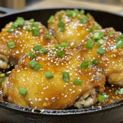 - 4 bone-in, skin-on chicken thighs - 1/4 cup honey - 1/4 cup soy sauce (low sodium preferred) - 4 cloves garlic, minced - 1 tablespoon fresh ginger, grated - 1 tablespoon apple cider vinegar - 1 tablespoon sesame oil - Salt and pepper to taste - 1 tablespoon cornstarch (for thickening sauce) - Toppings: 2 green onions (sliced) and sesame seeds To make Honey Garlic Chicken Thighs, you need simple yet tasty ingredients. Start with four bone-in, skin-on chicken thighs. These add great flavor and keep the meat juicy. Next, use a 1/4 cup of honey. It gives the dish a sweet touch. A 1/4 cup of low sodium soy sauce adds depth and saltiness. Don't forget four cloves of minced garlic for that rich, savory aroma. For extra flavor, add a tablespoon of fresh, grated ginger. This spice gives a warm kick. One tablespoon of apple cider vinegar adds balance with its tang. Lastly, a tablespoon of sesame oil brings in a nutty taste that enhances everything. If you want to tweak the flavor, you can add salt and pepper to taste. If you prefer a thicker sauce, use one tablespoon of cornstarch. You can also top your finished dish with sliced green onions and sesame seeds for a nice crunch and color. By sticking to these ingredients, you’ll create a delicious meal that shines on your table. For the full recipe, check the section above. - Preheat your oven to 400°F (200°C). - In a bowl, combine honey, soy sauce, minced garlic, grated ginger, apple cider vinegar, and sesame oil. Mix well until smooth. - Season the chicken thighs with salt and pepper on both sides. - Place the seasoned chicken in an oven-safe skillet or baking dish. - Pour the honey garlic mixture over the chicken. Ensure each piece is well-coated. - Let the chicken marinate for at least 15 minutes. For best results, refrigerate for up to 2 hours. - Bake the chicken in the preheated oven for 30-35 minutes. For extra crispiness, broil for 2-3 minutes at the end. - Once done, remove the skillet from the oven and let the chicken rest a few minutes before serving. For the complete instructions, check the Full Recipe. - Marinate chicken for at least 15 minutes. - This boosts flavor and tenderness. - You can refrigerate for up to 2 hours for even better taste. - Use low sodium soy sauce for a healthier meal. - This helps control salt intake without losing flavor. - Broil the chicken for 2-3 minutes at the end. - This gives you that perfect crispiness. - Let the chicken rest for a few minutes before serving. - This helps keep the juices inside. - To thicken the sauce, mix cornstarch with water. - Add this mixture to the sauce before pouring it over the chicken. - You can also use other methods like simmering to reduce the sauce. - This makes the sauce rich and tasty. If you want to try this recipe, check out the Full Recipe for detailed steps! {{image_2}} You can change how you cook Honey Garlic Chicken Thighs. If you want a quick meal, try the Instant Pot. Simply add your chicken and sauce to the pot, then cook on high for 10-12 minutes. This method keeps the chicken moist and tender. Plus, it saves time on busy nights. Another great option is the slow cooker. This method is perfect if you want to set it and forget it. Just place the chicken in the slow cooker, pour the sauce over, and cook on low for 6-8 hours. You’ll come home to a warm, tasty meal ready to enjoy. You can easily swap ingredients in this recipe. If you want to try a different sweetener, use agave or maple syrup instead of honey. Both options give a sweet flavor without losing the essence of the dish. If you need a gluten-free option, replace soy sauce with tamari or coconut aminos. These ingredients provide a similar taste while catering to your dietary needs. To make a complete meal, pair Honey Garlic Chicken with steamed rice or quinoa. These grains soak up the delicious sauce. You can also serve it with roasted veggies or a simple salad for a fresh touch. If you have leftovers, don’t worry! You can turn them into a wrap or stir-fry. Just chop the chicken and mix it with some fresh veggies and your favorite sauce. This way, you create a new meal that’s just as tasty. For the full recipe, check out the link above. To store leftovers properly, let the chicken cool first. Then, place it in an airtight container. Make sure to cover it well to keep it fresh. Honey garlic chicken thighs last in the fridge for about 3 to 4 days. Always check for any off smells or changes in texture before eating. To freeze cooked chicken, wrap it tightly in plastic wrap, then place it in a freezer bag. This prevents freezer burn and keeps it fresh. Honey garlic chicken thighs can last in the freezer for about 3 months. When you’re ready to use it, thaw in the fridge overnight or use cold water for quicker thawing. For safe reheating, use the oven or stovetop. Heat the chicken at 350°F (175°C) until warm. This keeps the flavors intact and the chicken juicy. Avoid microwaving, as it can dry out the chicken. If you use a microwave, add a splash of water and cover the dish to trap moisture. To make Honey Garlic Chicken Thighs less sweet, you can adjust the honey. Use less honey in the sauce. You can also try using a sugar substitute like agave syrup. This will keep the flavor without as much sweetness. Adding more soy sauce can help balance the dish too. This will give it a salty taste that works well with the honey. Yes, you can use boneless chicken thighs. Just remember to adjust the cooking time. Boneless thighs cook faster than bone-in ones. Bake them for about 25-30 minutes. Always check that the internal temperature reaches 165°F (75°C) for safety. This change will still give you juicy and tasty results. If your chicken is dry, there are ways to fix it. First, try serving it with plenty of the pan sauce. This will add moisture back to the chicken. If the chicken is already cut, you can shred it. Mix it with extra sauce or broth. This will help revive the flavors and texture. Always keep an eye on cooking times to avoid drying it out next time. This blog post covered how to make delicious Honey Garlic Chicken Thighs. We discussed essential ingredients like chicken, honey, and soy sauce. I shared steps for preheating, mixing, and cooking the dish, plus tips for crisp skin and flavor maximization. In conclusion, with a few simple steps, you can create a tasty meal. Feel free to tweak flavors and try variations to suit your taste. Remember to enjoy each bite, and happy cooking!