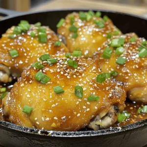 - 4 bone-in, skin-on chicken thighs - 1/4 cup honey - 1/4 cup soy sauce (low sodium preferred) - 4 cloves garlic, minced - 1 tablespoon fresh ginger, grated - 1 tablespoon apple cider vinegar - 1 tablespoon sesame oil - Salt and pepper to taste - 1 tablespoon cornstarch (for thickening sauce) - Toppings: 2 green onions (sliced) and sesame seeds To make Honey Garlic Chicken Thighs, you need simple yet tasty ingredients. Start with four bone-in, skin-on chicken thighs. These add great flavor and keep the meat juicy. Next, use a 1/4 cup of honey. It gives the dish a sweet touch. A 1/4 cup of low sodium soy sauce adds depth and saltiness. Don't forget four cloves of minced garlic for that rich, savory aroma. For extra flavor, add a tablespoon of fresh, grated ginger. This spice gives a warm kick. One tablespoon of apple cider vinegar adds balance with its tang. Lastly, a tablespoon of sesame oil brings in a nutty taste that enhances everything. If you want to tweak the flavor, you can add salt and pepper to taste. If you prefer a thicker sauce, use one tablespoon of cornstarch. You can also top your finished dish with sliced green onions and sesame seeds for a nice crunch and color. By sticking to these ingredients, you’ll create a delicious meal that shines on your table. For the full recipe, check the section above. - Preheat your oven to 400°F (200°C). - In a bowl, combine honey, soy sauce, minced garlic, grated ginger, apple cider vinegar, and sesame oil. Mix well until smooth. - Season the chicken thighs with salt and pepper on both sides. - Place the seasoned chicken in an oven-safe skillet or baking dish. - Pour the honey garlic mixture over the chicken. Ensure each piece is well-coated. - Let the chicken marinate for at least 15 minutes. For best results, refrigerate for up to 2 hours. - Bake the chicken in the preheated oven for 30-35 minutes. For extra crispiness, broil for 2-3 minutes at the end. - Once done, remove the skillet from the oven and let the chicken rest a few minutes before serving. For the complete instructions, check the Full Recipe. - Marinate chicken for at least 15 minutes. - This boosts flavor and tenderness. - You can refrigerate for up to 2 hours for even better taste. - Use low sodium soy sauce for a healthier meal. - This helps control salt intake without losing flavor. - Broil the chicken for 2-3 minutes at the end. - This gives you that perfect crispiness. - Let the chicken rest for a few minutes before serving. - This helps keep the juices inside. - To thicken the sauce, mix cornstarch with water. - Add this mixture to the sauce before pouring it over the chicken. - You can also use other methods like simmering to reduce the sauce. - This makes the sauce rich and tasty. If you want to try this recipe, check out the Full Recipe for detailed steps! {{image_2}} You can change how you cook Honey Garlic Chicken Thighs. If you want a quick meal, try the Instant Pot. Simply add your chicken and sauce to the pot, then cook on high for 10-12 minutes. This method keeps the chicken moist and tender. Plus, it saves time on busy nights. Another great option is the slow cooker. This method is perfect if you want to set it and forget it. Just place the chicken in the slow cooker, pour the sauce over, and cook on low for 6-8 hours. You’ll come home to a warm, tasty meal ready to enjoy. You can easily swap ingredients in this recipe. If you want to try a different sweetener, use agave or maple syrup instead of honey. Both options give a sweet flavor without losing the essence of the dish. If you need a gluten-free option, replace soy sauce with tamari or coconut aminos. These ingredients provide a similar taste while catering to your dietary needs. To make a complete meal, pair Honey Garlic Chicken with steamed rice or quinoa. These grains soak up the delicious sauce. You can also serve it with roasted veggies or a simple salad for a fresh touch. If you have leftovers, don’t worry! You can turn them into a wrap or stir-fry. Just chop the chicken and mix it with some fresh veggies and your favorite sauce. This way, you create a new meal that’s just as tasty. For the full recipe, check out the link above. To store leftovers properly, let the chicken cool first. Then, place it in an airtight container. Make sure to cover it well to keep it fresh. Honey garlic chicken thighs last in the fridge for about 3 to 4 days. Always check for any off smells or changes in texture before eating. To freeze cooked chicken, wrap it tightly in plastic wrap, then place it in a freezer bag. This prevents freezer burn and keeps it fresh. Honey garlic chicken thighs can last in the freezer for about 3 months. When you’re ready to use it, thaw in the fridge overnight or use cold water for quicker thawing. For safe reheating, use the oven or stovetop. Heat the chicken at 350°F (175°C) until warm. This keeps the flavors intact and the chicken juicy. Avoid microwaving, as it can dry out the chicken. If you use a microwave, add a splash of water and cover the dish to trap moisture. To make Honey Garlic Chicken Thighs less sweet, you can adjust the honey. Use less honey in the sauce. You can also try using a sugar substitute like agave syrup. This will keep the flavor without as much sweetness. Adding more soy sauce can help balance the dish too. This will give it a salty taste that works well with the honey. Yes, you can use boneless chicken thighs. Just remember to adjust the cooking time. Boneless thighs cook faster than bone-in ones. Bake them for about 25-30 minutes. Always check that the internal temperature reaches 165°F (75°C) for safety. This change will still give you juicy and tasty results. If your chicken is dry, there are ways to fix it. First, try serving it with plenty of the pan sauce. This will add moisture back to the chicken. If the chicken is already cut, you can shred it. Mix it with extra sauce or broth. This will help revive the flavors and texture. Always keep an eye on cooking times to avoid drying it out next time. This blog post covered how to make delicious Honey Garlic Chicken Thighs. We discussed essential ingredients like chicken, honey, and soy sauce. I shared steps for preheating, mixing, and cooking the dish, plus tips for crisp skin and flavor maximization. In conclusion, with a few simple steps, you can create a tasty meal. Feel free to tweak flavors and try variations to suit your taste. Remember to enjoy each bite, and happy cooking!