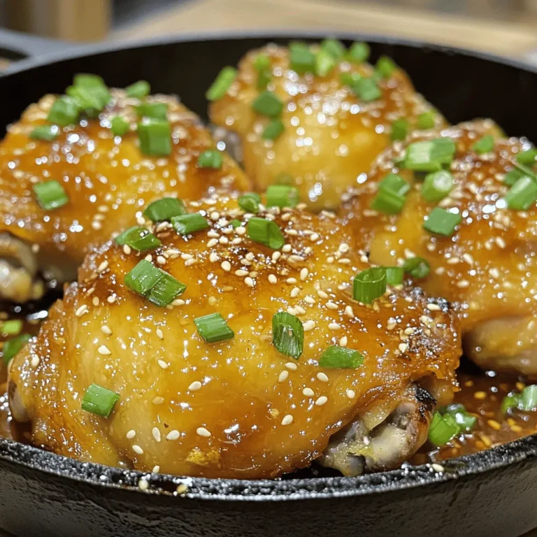 - 4 bone-in, skin-on chicken thighs - 1/4 cup honey - 1/4 cup soy sauce (low sodium preferred) - 4 cloves garlic, minced - 1 tablespoon fresh ginger, grated - 1 tablespoon apple cider vinegar - 1 tablespoon sesame oil - Salt and pepper to taste - 1 tablespoon cornstarch (for thickening sauce) - Toppings: 2 green onions (sliced) and sesame seeds To make Honey Garlic Chicken Thighs, you need simple yet tasty ingredients. Start with four bone-in, skin-on chicken thighs. These add great flavor and keep the meat juicy. Next, use a 1/4 cup of honey. It gives the dish a sweet touch. A 1/4 cup of low sodium soy sauce adds depth and saltiness. Don't forget four cloves of minced garlic for that rich, savory aroma. For extra flavor, add a tablespoon of fresh, grated ginger. This spice gives a warm kick. One tablespoon of apple cider vinegar adds balance with its tang. Lastly, a tablespoon of sesame oil brings in a nutty taste that enhances everything. If you want to tweak the flavor, you can add salt and pepper to taste. If you prefer a thicker sauce, use one tablespoon of cornstarch. You can also top your finished dish with sliced green onions and sesame seeds for a nice crunch and color. By sticking to these ingredients, you’ll create a delicious meal that shines on your table. For the full recipe, check the section above. - Preheat your oven to 400°F (200°C). - In a bowl, combine honey, soy sauce, minced garlic, grated ginger, apple cider vinegar, and sesame oil. Mix well until smooth. - Season the chicken thighs with salt and pepper on both sides. - Place the seasoned chicken in an oven-safe skillet or baking dish. - Pour the honey garlic mixture over the chicken. Ensure each piece is well-coated. - Let the chicken marinate for at least 15 minutes. For best results, refrigerate for up to 2 hours. - Bake the chicken in the preheated oven for 30-35 minutes. For extra crispiness, broil for 2-3 minutes at the end. - Once done, remove the skillet from the oven and let the chicken rest a few minutes before serving. For the complete instructions, check the Full Recipe. - Marinate chicken for at least 15 minutes. - This boosts flavor and tenderness. - You can refrigerate for up to 2 hours for even better taste. - Use low sodium soy sauce for a healthier meal. - This helps control salt intake without losing flavor. - Broil the chicken for 2-3 minutes at the end. - This gives you that perfect crispiness. - Let the chicken rest for a few minutes before serving. - This helps keep the juices inside. - To thicken the sauce, mix cornstarch with water. - Add this mixture to the sauce before pouring it over the chicken. - You can also use other methods like simmering to reduce the sauce. - This makes the sauce rich and tasty. If you want to try this recipe, check out the Full Recipe for detailed steps! {{image_2}} You can change how you cook Honey Garlic Chicken Thighs. If you want a quick meal, try the Instant Pot. Simply add your chicken and sauce to the pot, then cook on high for 10-12 minutes. This method keeps the chicken moist and tender. Plus, it saves time on busy nights. Another great option is the slow cooker. This method is perfect if you want to set it and forget it. Just place the chicken in the slow cooker, pour the sauce over, and cook on low for 6-8 hours. You’ll come home to a warm, tasty meal ready to enjoy. You can easily swap ingredients in this recipe. If you want to try a different sweetener, use agave or maple syrup instead of honey. Both options give a sweet flavor without losing the essence of the dish. If you need a gluten-free option, replace soy sauce with tamari or coconut aminos. These ingredients provide a similar taste while catering to your dietary needs. To make a complete meal, pair Honey Garlic Chicken with steamed rice or quinoa. These grains soak up the delicious sauce. You can also serve it with roasted veggies or a simple salad for a fresh touch. If you have leftovers, don’t worry! You can turn them into a wrap or stir-fry. Just chop the chicken and mix it with some fresh veggies and your favorite sauce. This way, you create a new meal that’s just as tasty. For the full recipe, check out the link above. To store leftovers properly, let the chicken cool first. Then, place it in an airtight container. Make sure to cover it well to keep it fresh. Honey garlic chicken thighs last in the fridge for about 3 to 4 days. Always check for any off smells or changes in texture before eating. To freeze cooked chicken, wrap it tightly in plastic wrap, then place it in a freezer bag. This prevents freezer burn and keeps it fresh. Honey garlic chicken thighs can last in the freezer for about 3 months. When you’re ready to use it, thaw in the fridge overnight or use cold water for quicker thawing. For safe reheating, use the oven or stovetop. Heat the chicken at 350°F (175°C) until warm. This keeps the flavors intact and the chicken juicy. Avoid microwaving, as it can dry out the chicken. If you use a microwave, add a splash of water and cover the dish to trap moisture. To make Honey Garlic Chicken Thighs less sweet, you can adjust the honey. Use less honey in the sauce. You can also try using a sugar substitute like agave syrup. This will keep the flavor without as much sweetness. Adding more soy sauce can help balance the dish too. This will give it a salty taste that works well with the honey. Yes, you can use boneless chicken thighs. Just remember to adjust the cooking time. Boneless thighs cook faster than bone-in ones. Bake them for about 25-30 minutes. Always check that the internal temperature reaches 165°F (75°C) for safety. This change will still give you juicy and tasty results. If your chicken is dry, there are ways to fix it. First, try serving it with plenty of the pan sauce. This will add moisture back to the chicken. If the chicken is already cut, you can shred it. Mix it with extra sauce or broth. This will help revive the flavors and texture. Always keep an eye on cooking times to avoid drying it out next time. This blog post covered how to make delicious Honey Garlic Chicken Thighs. We discussed essential ingredients like chicken, honey, and soy sauce. I shared steps for preheating, mixing, and cooking the dish, plus tips for crisp skin and flavor maximization. In conclusion, with a few simple steps, you can create a tasty meal. Feel free to tweak flavors and try variations to suit your taste. Remember to enjoy each bite, and happy cooking!