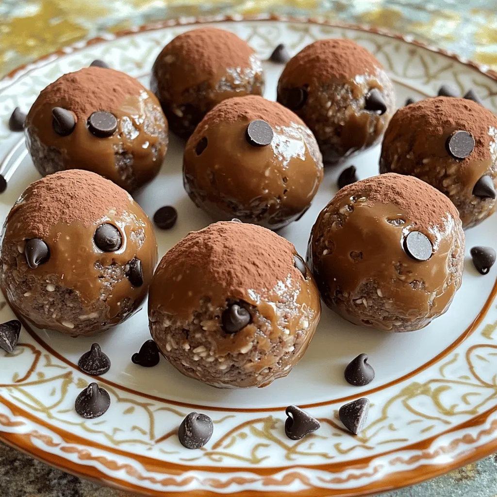 - 1 cup rolled oats - 1/2 cup natural peanut butter (or any nut butter of choice) - 1/4 cup honey or maple syrup - 1/4 cup chocolate protein powder - 2 tablespoons cocoa powder - 1/4 cup mini chocolate chips - 1/4 teaspoon salt - 1 teaspoon vanilla extract Each ingredient plays a key role in making these protein balls both tasty and healthy. - Rolled oats provide fiber and help bind the balls together. They add a chewy texture too. - Natural peanut butter or any nut butter gives creaminess and healthy fats. It also adds flavor. - Honey or maple syrup acts as a sweetener and keeps the mixture moist. It helps to hold the balls together. - Chocolate protein powder boosts protein content. This makes the balls a great snack for energy. - Cocoa powder adds rich chocolate flavor. It pairs well with the other ingredients. - Mini chocolate chips add a sweet touch. They make each bite more enjoyable. - Salt enhances all the flavors. It balances the sweetness. - Vanilla extract adds depth and warmth to the taste. For the best flavor and quality, I recommend using these brands: - For oats, Bob's Red Mill is a great choice. - For peanut butter, try Justin's or Skippy Natural. - For protein powder, Orgain offers a tasty chocolate flavor. - For honey, Manuka Health is a pure option, while Maple Grove Farms is great for maple syrup. With these ingredients, you’ll create a treat that is not only energizing but also fun to eat! For the complete recipe, check the [Full Recipe]. To make chocolate peanut butter protein balls, start with the dry ingredients. In a large bowl, combine: - 1 cup rolled oats - 1/4 cup chocolate protein powder - 2 tablespoons cocoa powder - 1/4 teaspoon salt Stir until they mix well. This step is key for even flavor. Next, take a separate bowl for the wet ingredients. Mix together: - 1/2 cup natural peanut butter - 1/4 cup honey or maple syrup - 1 teaspoon vanilla extract Stir until smooth. This ensures a creamy texture in the final mix. Now, pour the wet mix into the dry ingredients. Stir until they combine fully. Sometimes, using your hands helps blend everything together. After that, fold in: - 1/4 cup mini chocolate chips This adds a delightful surprise in every bite. Finally, scoop tablespoon-sized portions. Roll them into balls with your hands. Place them on a parchment-lined baking sheet. Refrigeration is essential for these protein balls. It helps them firm up and hold their shape. Chill the balls for at least 30 minutes. This step improves the texture and makes them easier to eat. After chilling, store your protein balls in an airtight container. They can stay fresh in the fridge for up to one week. For the full recipe, check the section above. Overmixing vs. Undermixing the Mixture Mixing the ingredients well is key. If you overmix, the protein balls can become tough. If you undermix, they may fall apart. Aim for a good balance. When the mixture looks even, stop mixing. Use your hands to combine it, ensuring all ingredients blend well. Choosing the Right Texture A good texture makes these protein balls enjoyable. You want a sticky but firm mix. If it feels too dry, add a bit more peanut butter or honey. If it’s too wet, add a little more oats or protein powder. Adjust until it holds together but is not too sticky. Additional Ingredients for Customization You can make these protein balls your own. Try adding some ground flaxseed or chia seeds for extra nutrition. Dried fruits like cranberries or raisins can add sweetness. Nuts or seeds can give a nice crunch. Feel free to experiment with flavors to suit your taste. Recommended Toppings or Garnishes Toppings can make your protein balls pop! Roll them in shredded coconut or crushed nuts for added texture. A light dusting of cocoa powder gives a nice touch. You can even drizzle a bit of melted dark chocolate on top for a sweet finish. These simple changes can elevate the look and taste of your treats. {{image_2}} You can change up the nut butter in this recipe. Try almond, cashew, or sunflower seed butter. Each brings a different taste. If you want to spice things up, add a pinch of cinnamon or nutmeg. You can also add a splash of almond or coconut extract for extra flavor. These little tweaks make every batch unique. If you want to lower the sugar, you can swap honey with mashed banana. This keeps the balls sweet while cutting calories. You can also use a sugar substitute if you like. For a vegan option, replace honey with maple syrup. Use plant-based protein powder to keep it all vegan-friendly. These changes let everyone enjoy these tasty treats! To keep your chocolate peanut butter protein balls fresh, use an airtight container. Glass or plastic containers work well. Choose one that seals tightly to keep out air. If you store them this way, they stay tasty longer. You can keep the protein balls at room temperature for a short time. However, I recommend putting them in the fridge. The cool air helps them stay firm and fresh. In the fridge, these protein balls last about one week. Make sure to check for any signs of spoilage before eating. If you want to keep them longer, you can freeze them. To freeze, place the protein balls in a single layer on a baking sheet. After they freeze for about an hour, move them to a freezer bag. This method stops them from sticking together. To reheat, just take out what you need and let them thaw at room temperature. You can also pop them in the fridge overnight. Enjoy these tasty treats anytime! To make these tasty protein balls, follow these simple steps: 1. Mix Dry Ingredients: In a large bowl, add rolled oats, chocolate protein powder, cocoa powder, and salt. Stir well. 2. Combine Wet Ingredients: In another bowl, mix peanut butter, honey (or maple syrup), and vanilla until smooth. 3. Combine Both Mixtures: Pour the wet mix into the dry mix. Stir until well mixed. You might need to use your hands here. 4. Add Chocolate Chips: Fold in the mini chocolate chips until evenly spread. 5. Form Balls: Take small scoops of the mixture and roll them into balls with your hands. 6. Chill: Place the balls on a parchment-lined baking sheet. Refrigerate for at least 30 minutes to firm up. 7. Store: Keep the protein balls in an airtight container in the fridge for up to a week. These protein balls pack a nutritional punch. They are great for snacks or post-workout fuel. - Calories: Each ball has about 100 calories, depending on size. - Protein: They contain around 5 grams of protein per ball, thanks to the protein powder and peanut butter. The oats add fiber, while the peanut butter provides healthy fats. Yes! If you prefer to skip protein powder, you have options. Here are some alternatives: - Greek Yogurt: It adds creaminess and protein. - Chopped Nuts: Use finely chopped nuts for added crunch and protein. - Nut Butter: Increase the amount of peanut butter or use almond butter for a different flavor. These options keep the protein balls tasty and nutritious! For the full recipe, check out the section above. In this article, we explored how to make delicious protein balls, highlighting key ingredients, preparation steps, and tips. Each ingredient plays an important role in flavor and texture. I've shared essential techniques for mixing and chilling, so your protein balls turn out perfectly. We covered common mistakes and clever ways to enhance flavor. You can also customize your balls with different nut butters or toppings. Remember to store them correctly to keep them fresh. Try these suggestions, and enjoy your healthy snack!