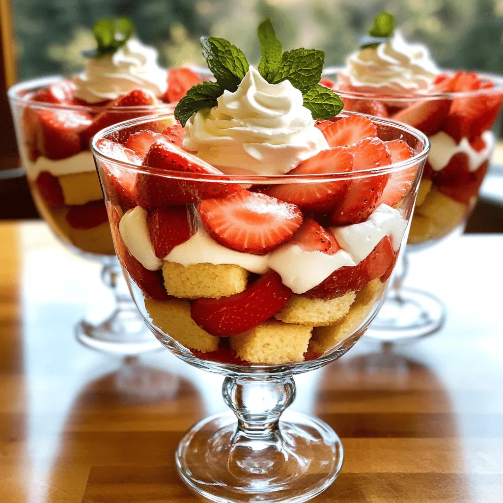 - 2 cups fresh strawberries, hulled and sliced - 1/4 cup granulated sugar - 1 tablespoon lemon juice - 1 pound vanilla sponge cake or pound cake, cut into cubes - 2 cups heavy whipping cream - 1/4 cup powdered sugar - 1 teaspoon vanilla extract - Fresh mint leaves for garnish (optional) The key to a great Strawberry Shortcake Trifle is fresh ingredients. Start with ripe strawberries. They should be bright red and sweet. The sugar helps to draw out their juice. Lemon juice adds a fresh zing. It balances the sweetness perfectly. Next, choose your cake. I love using vanilla sponge cake for its light texture. A pound cake adds richness, so pick what you prefer. Cut the cake into cubes for easy layering. Whipped cream is the star here. Use cold heavy whipping cream for the best results. It whips up fluffy and light. Adding powdered sugar and vanilla gives it a sweet flavor. Mint leaves are optional but add a nice touch. They bring a pop of color and fresh taste. For the full recipe, check the details above. Enjoy creating your trifle delight! Start by hulling and slicing 2 cups of fresh strawberries. Place them in a medium bowl. Add 1/4 cup of granulated sugar and 1 tablespoon of lemon juice. Mix gently to combine. Let the strawberries sit for about 15 to 20 minutes. This process is called macerating. It helps the strawberries release their juices and become sweeter. Next, take 2 cups of heavy whipping cream and pour it into a large mixing bowl. Use an electric mixer on high speed to whip the cream. After about 2 minutes, slowly add 1/4 cup of powdered sugar and 1 teaspoon of vanilla extract. Keep whipping until you see soft peaks form. Be careful not to over-whip the cream. You want it fluffy but not too stiff. Now, it's time to build your trifle. In a large glass trifle bowl or individual cups, start with a layer of sponge cake cubes. Use about 1/3 of the cake. Then, add a layer of your macerated strawberries, including their juices. Follow this with a layer of whipped cream. Repeat these layers until you run out of ingredients. For the last layer, make sure to finish with a generous dollop of whipped cream on top. Cover the trifle with plastic wrap. Place it in the refrigerator for at least 2 hours. This chilling time helps the flavors blend well. Your Strawberry Shortcake Trifle will be ready to enjoy after it cools! For the complete recipe, check the [Full Recipe]. For this trifle, I recommend using vanilla sponge cake. It has a light texture that soaks up the strawberry juices well. Pound cake is a great choice too. It adds a rich flavor and holds its shape nicely. No matter what cake you pick, make sure it is fresh. Stale cake will not taste good in your trifle. Whipped cream is the star of this dessert. To get it just right, start with cold heavy cream. Beat it on high speed until soft peaks form. This takes about two minutes. Be careful not to over-whip. If you whip too long, it turns into butter. To sweeten the cream, add powdered sugar while mixing. You can also add a splash of vanilla for extra flavor. Presentation makes this dessert special. Use clear glass bowls or cups to show off the layers. This way, everyone can see the beautiful colors of the strawberries and cream. For a fun touch, add a whole strawberry on top. You can also sprinkle fresh mint leaves for a pop of green. This adds freshness and color to your trifle. For a detailed guide on making this delightful treat, check out the Full Recipe. {{image_2}} You can switch up the fruit in your trifle. Raspberries and blueberries add a lovely color and taste. They make your dessert pop with flavor, too. You can even mix different fruits for a fun tropical twist. Try adding mango or kiwi for a bright, fresh vibe. This keeps your trifle exciting and new every time. If you want a lighter trifle, you can use whipped cream alternatives. For a fluffy texture, try using Greek yogurt. It gives a creamy feel with less fat. If you’re looking for vegan options, coconut cream works great. It adds a rich flavor and is dairy-free. Just whip it up like regular cream for a smooth finish. Want to take your trifle to the next level? Infuse the cake with liqueurs like amaretto or orange liqueur. This adds a hint of warmth and depth to your dessert. You can also add chocolate shavings or nuts for extra flavor and crunch. These add-ins make your trifle unique and delicious. Don't forget, you can find the full recipe [here](#). To keep your strawberry shortcake trifle fresh, you should store it in the fridge. Use a tight lid or cover it with plastic wrap. This helps keep it moist and tasty. The trifle will stay good for up to 3 days in the refrigerator. After that, the cake might get too soggy. You can freeze the trifle, but it's not the best choice. Freezing can change the texture of the whipped cream and cake. If you decide to freeze it, store it in a freezer-safe container. To thaw, move it to the fridge for a few hours. Avoid using a microwave, as it can ruin the layers. Enjoy your lovely trifle while it’s fresh for the best taste! Strawberry Shortcake Trifle lasts about 3 days in the fridge. Keep it covered to keep it fresh. The layers may get a bit soggy after a couple of days, but it still tastes good. I recommend enjoying it within this time for the best flavor and texture. Yes, you can make your trifle a day ahead of time. This lets the flavors mix well and makes it even tastier. Just make sure to keep it in the fridge, covered with plastic wrap. It will save you time on the day you want to serve it. Serve your trifle in clear glass bowls or cups. This way, everyone can see the pretty layers. Add a few whole strawberries or mint leaves on top for a nice touch. It makes the dessert look extra special and inviting. You can use frozen strawberries if fresh ones are not available. Just thaw them and drain excess juice before using. The taste may be different, but frozen strawberries can still work well in the trifle. They are a great option when fresh strawberries are out of season. In this post, we explored how to make a delicious Strawberry Shortcake Trifle. We covered important ingredients, step-by-step instructions, and helpful tips. You learned about choosing the right cake and perfecting the whipped cream. Plus, we shared fun variations to try. A trifle is simple but lets your creativity shine. Whether for a party or family night, this dessert always impresses. Enjoy making your own tasty trifle!