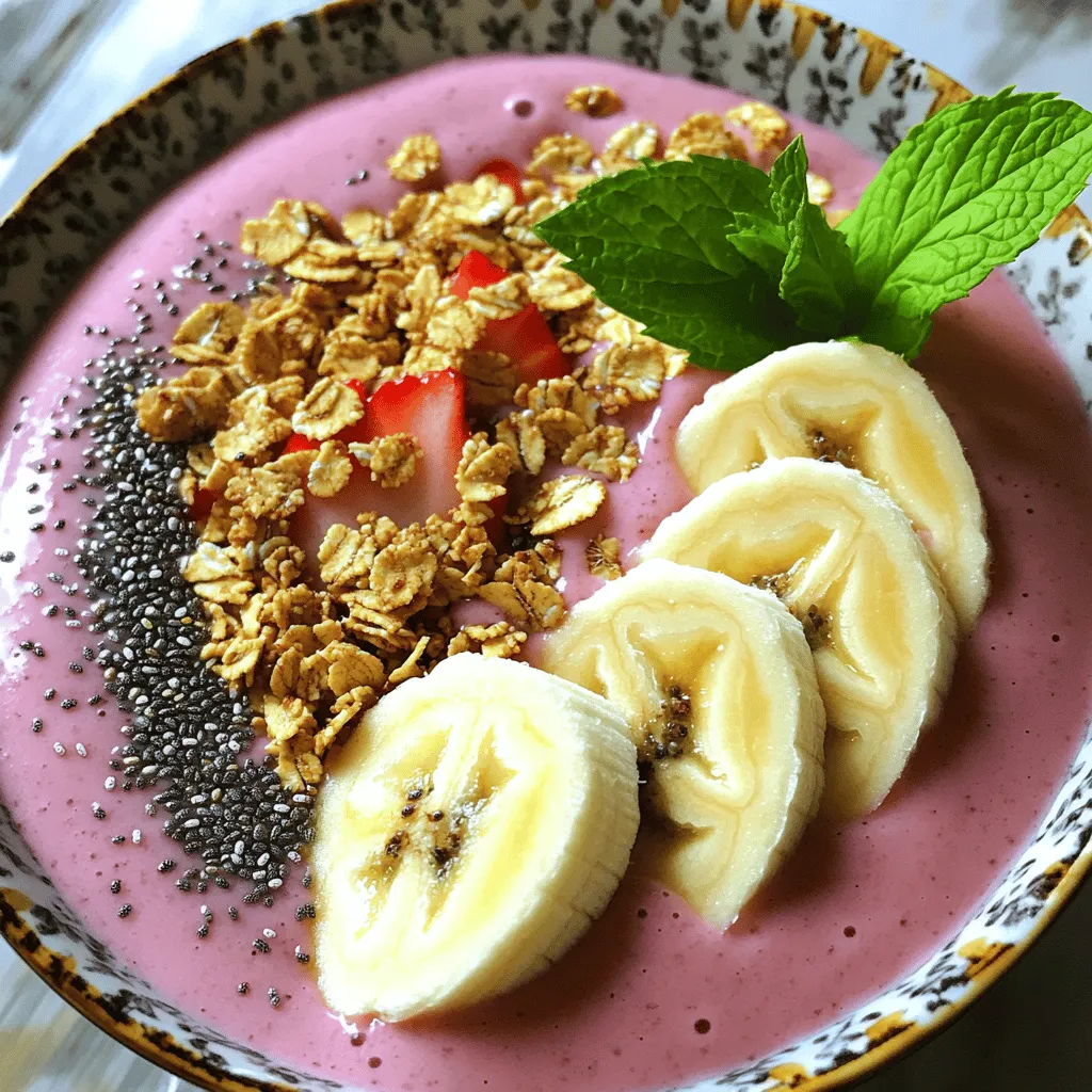 - 1 cup frozen strawberries - 1 banana, sliced (plus extra for topping) - 1/2 cup Greek yogurt - 1/2 cup almond milk (or any milk of choice) - 1 tablespoon honey (or maple syrup) - 1/4 teaspoon vanilla extract For the Strawberry Banana Smoothie Bowl, you need simple and fresh ingredients. Frozen strawberries give the bowl a chilly and fruity base. Using a ripe banana adds creaminess and natural sweetness. Greek yogurt adds protein and a nice tang. Almond milk keeps it light, but you can use any milk you like. Honey or maple syrup is great for extra sweetness, while vanilla extract gives a warm flavor. - 1/4 cup granola - 1 tablespoon chia seeds (optional, for topping) - Fresh mint leaves (for garnish) - Additional fruits (like blueberries or kiwi) Toppings make your smoothie bowl fun and tasty! Granola adds a crunch, while chia seeds boost nutrition. Fresh mint leaves bring a fresh touch. You can also add other fruits to your bowl for a colorful look and extra flavor. Each topping lets you customize your bowl and makes it more exciting to eat. For the full recipe, refer to the complete guide. To make the smoothie base, I start with the blender. I add 1 cup of frozen strawberries, 1 sliced banana, 1/2 cup of Greek yogurt, and 1/2 cup of almond milk. Then, I drizzle in 1 tablespoon of honey and 1/4 teaspoon of vanilla extract. I blend this mix on high speed until it’s creamy and smooth. If I want it thinner, I simply add more almond milk and blend again. Once my smoothie is ready, I pour it into a bowl. The next step is to slice another banana. I arrange those slices neatly on top of the smoothie, making it look pretty and inviting. Now comes the fun part—adding toppings! I sprinkle 1/4 cup of granola and 1 tablespoon of chia seeds over the banana slices. This adds a nice crunch and boosts the nutrients. Finally, I garnish with fresh mint leaves for a lovely touch of color and flavor. And just like that, my Strawberry Banana Smoothie Bowl is ready to enjoy! For a full recipe, you can check the details above. To get the right thickness for your smoothie bowl, start with frozen fruit. Frozen strawberries and bananas blend into a creamy base. If your mix is too thick, add more almond milk, a little at a time. Blend again until you reach your desired consistency. For best results, blend for at least 30 seconds. When blending frozen fruit, I suggest using a powerful blender. This helps break down the ice crystals and make a smooth mix. If your blender struggles, try letting the fruit sit out for a few minutes to soften slightly. This little trick makes blending easier. For yogurt, Greek yogurt is my go-to. It adds creaminess and protein. If you want a dairy-free option, try coconut yogurt. It’s rich and tasty. For milk, almond milk is light and nutty. You can also use oat milk or soy milk based on your taste. When picking fruits, fresh strawberries are great when in season. However, frozen fruits often have a stronger flavor. They are picked at peak ripeness and are easy to store. Choose what works best for your needs, but don’t shy away from frozen options. Smoothie bowls are perfect for breakfast or a snack. You can enjoy them at any time of day. They are also fun to share at brunch with friends. Pair your smoothie bowl with whole-grain toast or a light salad for a balanced meal. If you want something sweet, serve it with a piece of dark chocolate. This adds a nice contrast to your fresh bowl and makes it feel special. For the full recipe, check out the full recipe section. {{image_2}} You can easily change up the flavor of your smoothie bowl. Adding spinach gives it a green twist. Spinach adds nutrients without changing the taste much. You can also mix in nut butters. Almond or peanut butter adds creaminess and protein. Just a spoonful gives a nice flavor boost. If you want a dairy-free option, use coconut yogurt instead of Greek yogurt. Almond milk works well, but oat milk is a great choice too. For sweeteners, honey is nice, but maple syrup is a good alternative. You can even use agave syrup for a different taste. Using seasonal fruits can make your bowl exciting. In summer, try adding fresh peaches or berries. In winter, use apples or pears for a cozy vibe. You can also create a tropical version. Use mangoes, pineapples, or even coconut. Feel free to mix and match to find your favorite combo. Try these variations to keep your Strawberry Banana Smoothie Bowl fresh and fun! For the complete recipe, check out the [Full Recipe]. To store a smoothie bowl, place any leftovers in an airtight container. This keeps it fresh. You should eat it within one day for the best taste. If you keep it longer, it may lose flavor and texture. Always store it in the refrigerator. You can freeze a smoothie bowl if you have extras. Pour the smoothie into a freezer-safe container. Leave some space at the top because it will expand. To thaw, place it in the fridge overnight. Stir it well before eating to get the right texture. Enjoy it as a quick breakfast or snack! You can easily make this bowl vegan. Start by swapping Greek yogurt for coconut yogurt or almond yogurt. Replace almond milk with any plant-based milk, like oat or soy milk. Use maple syrup instead of honey for sweetness. These swaps keep the creaminess and flavor you love. Yes, you can prep ahead. Blend the smoothie base and store it in the fridge for up to 24 hours. When you’re ready to eat, just pour it into a bowl and add your toppings. For best flavor, add fresh fruits and granola just before serving. This smoothie bowl offers many health benefits. Strawberries are high in vitamin C and antioxidants. Bananas provide potassium and fiber. Greek yogurt adds protein and probiotics for gut health. Almond milk is low in calories and dairy-free. Together, they make a nutritious meal. Absolutely, adding protein is easy. You can mix in protein powder while blending. Greek yogurt also boosts protein content. For a nutty flavor, add a scoop of almond butter or peanut butter. These options enhance taste and nutrition. You learned how to make a delicious Strawberry Banana Smoothie Bowl. We covered the main ingredients, optional toppings, and step-by-step instructions. I shared tips for perfecting texture and selecting the best ingredients. You also discovered tasty variations and storage options. This smoothie bowl is not just tasty; it’s healthy and fun to make. Enjoy customizing it to suit your taste. Dive in and savor each bite!