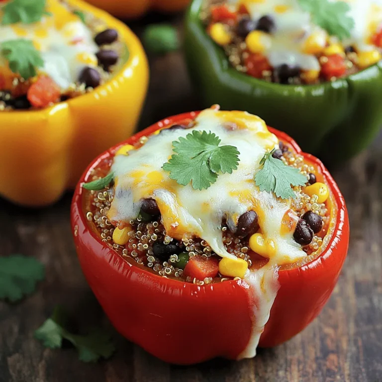To make delicious stuffed bell peppers, you will need the following ingredients: - 4 large bell peppers (any color) - 1 cup quinoa, rinsed - 2 cups vegetable broth - 1 can (15 oz) black beans, drained and rinsed - 1 cup corn (frozen or canned) - 1 cup diced tomatoes (canned or fresh) - 1 teaspoon cumin - 1 teaspoon smoked paprika - 1/2 teaspoon garlic powder - 1/2 teaspoon onion powder - Salt and pepper to taste - 1 cup shredded cheese (cheddar or mozzarella) - Fresh cilantro or parsley for garnish (optional) Each ingredient in this recipe offers unique health benefits: - Bell Peppers: High in vitamins A and C. They support eye health and boost your immune system. - Quinoa: A complete protein, rich in fiber. It aids digestion and keeps you full longer. - Black Beans: Packed with protein and iron. They help with muscle repair and energy. - Corn: Good source of fiber and antioxidants. It supports heart health and digestion. - Diced Tomatoes: Loaded with vitamins C and K. They may lower the risk of heart disease. - Cumin: Aids digestion and adds flavor. It has anti-inflammatory properties. - Smoked Paprika: Contains antioxidants. It may help improve circulation. - Garlic Powder: Supports heart health. It has anti-bacterial and anti-inflammatory effects. - Onion Powder: Rich in antioxidants. It can help lower blood sugar levels. - Cheese: Provides calcium and protein. It promotes bone health. When selecting bell peppers, keep these tips in mind: - Look for Bright Colors: Choose peppers that are vivid and shiny. They are fresher and tastier. - Check for Firmness: Gently squeeze the peppers. They should feel firm and not soft. - Avoid Wrinkles: Stay away from peppers with wrinkles or spots. These signs mean they are old. - Choose the Right Color: Green, red, yellow, or orange—each has a different flavor. Pick what you like best! Start by washing the bell peppers. Cut off the tops and pull out the seeds. I like to use a sharp knife for this. Make sure to keep the peppers upright. This will help hold the filling later. Place them in a baking dish. This keeps them steady while cooking. In a medium pot, add the quinoa and vegetable broth. Make sure to rinse the quinoa first. This helps remove any bitterness. Bring the pot to a boil over medium heat. Once it boils, lower the heat to a simmer. Cover the pot with a lid. Cook for about 15 minutes until the quinoa is fluffy. The broth should be fully absorbed. In a large bowl, mix the cooked quinoa with black beans, corn, and diced tomatoes. Add cumin, smoked paprika, garlic powder, and onion powder. Season with salt and pepper. Mix everything well. Now, take a spoon and fill each bell pepper. Press the filling gently to pack it in. Don’t forget to leave some space for cheese on top. Preheat your oven to 375°F (190°C). After stuffing the peppers, place about 1/4 cup of water at the bottom of the baking dish. This will add moisture while baking. Cover the dish tightly with aluminum foil. Bake for 25-30 minutes. After that, remove the foil and add cheese on top. Bake for another 10 minutes. This will melt the cheese and brown it nicely. Your stuffed peppers are now ready to enjoy! For the complete recipe, check the Full Recipe section. To keep your stuffed peppers from getting soggy, choose firm peppers. Look for ones that feel heavy for their size. Before you stuff them, remove the seeds and membranes. This helps with drainage. Another tip is to add a little water to the baking dish. This steam cooks the peppers but keeps them firm. If you want, roast the peppers for a few minutes before stuffing. This can add extra flavor and help them hold their shape. Cheese adds a nice touch to stuffed peppers. Use a cheese that melts well, like cheddar or mozzarella. Grate the cheese instead of using slices. This helps it melt evenly and cover the filling. For a nice brown topping, uncover the peppers for the last few minutes of baking. To make it even better, sprinkle some extra spices on top of the cheese. This adds flavor and makes the dish look great. Cooking times will change based on pepper size. For large peppers, bake for about 25-30 minutes. Medium peppers usually need 20-25 minutes. If you use small peppers, check them around 15-20 minutes. Always check if the peppers are tender with a fork. The cheese should be melted and bubbly. These small adjustments will help you get the best results every time you make this dish. For the full recipe, check out the complete guide. {{image_2}} For a tasty vegetarian twist, you can add more veggies. Consider diced zucchini or mushrooms. You can also use lentils instead of quinoa for more protein. Another fun option is to mix in spinach or kale. These greens add flavor and nutrients. Top your peppers with avocado for creaminess. It gives a fresh touch that is hard to beat. If you love meat, try adding ground beef or turkey. Brown the meat in a pan before mixing it with the quinoa. You can use sausage for a spicy kick. This addition makes the dish hearty and filling. Just make sure to drain any excess fat. You might want to add cheese on top to make it extra yummy. This stuffed pepper recipe is naturally gluten-free! Quinoa is a great grain choice. If you want to switch it up, use rice or millet. Both options work well and keep the dish gluten-free. Always check your canned ingredients too. Some may have gluten, so read labels carefully. You can enjoy this meal without worry if you make these simple swaps. To store leftover stuffed peppers, let them cool first. Place them in an airtight container. You can keep them in the fridge for up to four days. Make sure to cover them well to keep them fresh. If you want to store them longer, freezing is a great option. When you're ready to eat leftovers, preheat your oven to 350°F (175°C). Place the stuffed peppers in a baking dish. Add a splash of water to keep them moist. Cover the dish with aluminum foil. Heat for about 20 minutes, or until warm. You can also use a microwave for quick reheating. Just put them on a microwave-safe plate and heat for 2-3 minutes. To freeze stuffed peppers, wrap each one in plastic wrap. Then, put them in a freezer-safe bag. This keeps them fresh for up to three months. When you want to eat them, take them out and thaw overnight in the fridge. If you're in a hurry, you can microwave them on low power until thawed. After thawing, bake them to warm up and get that cheesy goodness back. For best results, reheat them in the oven after thawing. Enjoy your delicious stuffed peppers anytime! Yes, you can prepare stuffed peppers ahead of time. Make the filling and stuff the peppers. Then, cover them and store them in the fridge. They will stay fresh for about two days. When you are ready, bake them as directed. This saves time on busy nights. You can use rice, couscous, or farro instead of quinoa. Each option brings a different taste and texture. Brown rice adds a nutty flavor, while couscous cooks faster. Farro gives a chewy bite. Choose what you like best for your stuffed peppers. Peppers are done when they are tender and the cheese is melted. You can check by poking them with a fork. If they feel soft and yield to gentle pressure, they are ready. Baking typically takes about 25 to 30 minutes, plus an extra 10 for browning the cheese. Absolutely! To add heat, mix in chopped jalapeños or crushed red pepper. You can also use spicy cheese, like pepper jack. Adjust the amount to your preference for spice. This adds a fun kick to your delicious stuffed peppers. You’ve learned how to make delicious stuffed peppers. We discussed key ingredients, their nutritional benefits, and how to choose the best bell peppers. We covered step-by-step cooking instructions, tips to avoid sogginess, and variations for different diets. Don't forget about proper storage and reheating to enjoy them later. Stuffed peppers are easy, healthy, and fun. Experiment with your favorite flavors and enjoy every bite!