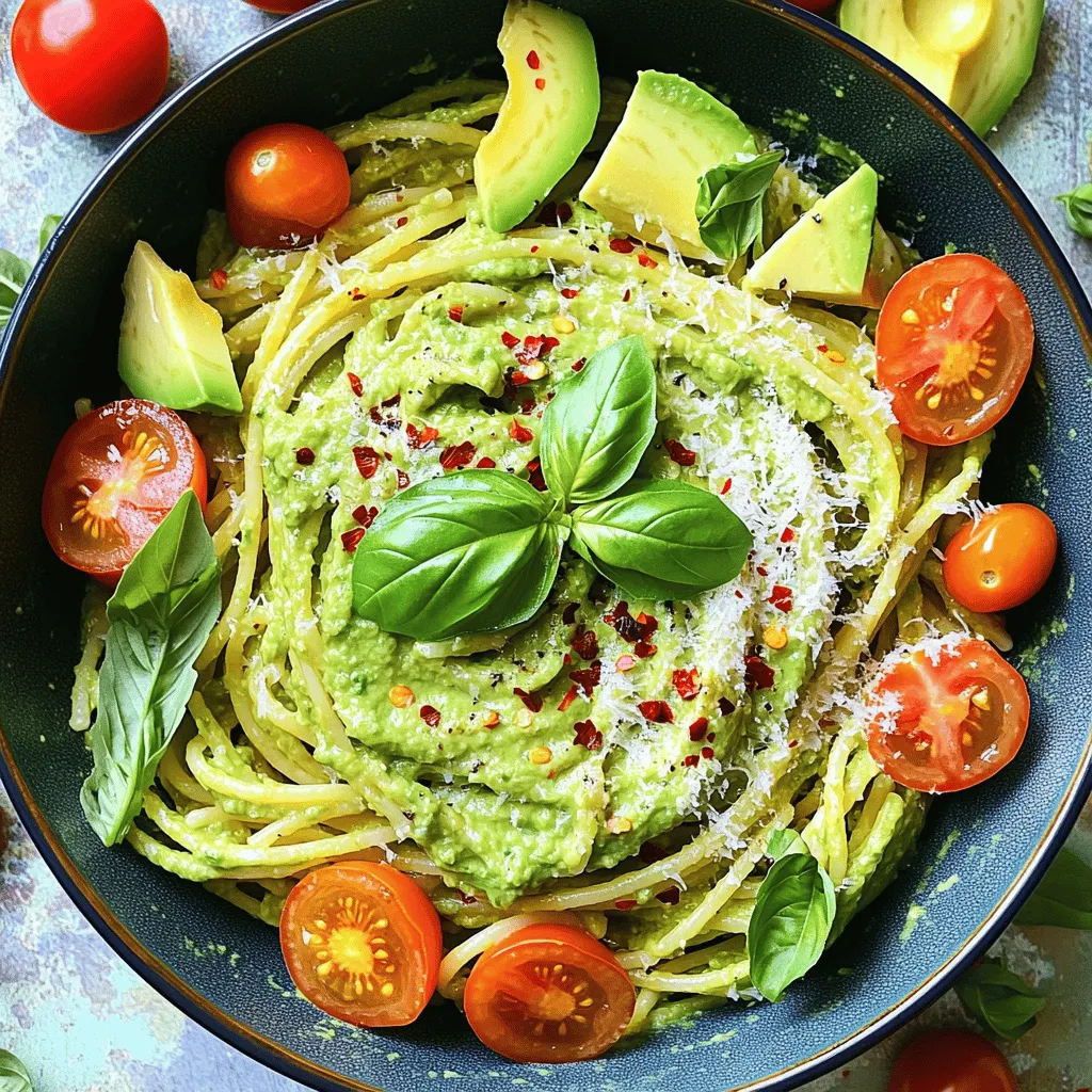 To make creamy avocado pasta, you need a few simple ingredients. Here’s what you’ll need: - 2 ripe avocados, pitted and peeled - 2 cups cooked pasta (spaghetti or linguine) - 2 tablespoons olive oil - 2 tablespoons fresh lemon juice - 2 garlic cloves, minced - 1/4 cup fresh basil leaves - Salt and pepper to taste - 1/4 teaspoon red pepper flakes (optional) - Grated Parmesan cheese (optional for garnish) Each ingredient plays a key role in creating a rich and tasty sauce. The ripe avocados bring creaminess and healthy fats. Olive oil adds smoothness and flavor. Fresh lemon juice balances the dish with a zesty touch. Garlic and basil enhance the taste, making every bite delightful. You can adjust salt and pepper to fit your taste. If you like a bit of heat, use red pepper flakes. Grated Parmesan cheese on top adds a nice savory touch. For the full recipe, be sure to check out the detailed instructions. Enjoy this fresh and flavorful dish! - Begin by cooking the pasta according to package instructions until al dente. - Drain and set aside, reserving a 1/2 cup of pasta water. Cooking pasta is easy. Just follow the package directions. Al dente means the pasta is firm yet cooked through. This texture is perfect for our creamy avocado sauce. When you drain the pasta, keep some water. It helps adjust the sauce later. - In a blender or food processor, combine the ripe avocados, olive oil, lemon juice, minced garlic, and fresh basil. - Blend until smooth and creamy. For the sauce, use ripe avocados. They should be soft to the touch. Add olive oil for richness, lemon juice for brightness, garlic for flavor, and basil for freshness. Blend until you have a smooth and creamy sauce. This step is quick, and you'll love the vibrant green color. - In a large mixing bowl, toss the cooked pasta with the creamy avocado sauce until fully coated. - Adjust consistency with reserved pasta water if too thick. Now, it’s time to mix things up! In a large bowl, combine the pasta and sauce. Toss gently until the pasta is fully coated. If the sauce is too thick, add a little reserved pasta water. This step makes the dish creamy and smooth. Enjoy your delicious creation! To boost the taste of your creamy avocado pasta, think about using fresh herbs. Basil adds a nice touch, while parsley can brighten the dish. You can also adjust the seasoning. Try adding more salt or a pinch of pepper to enhance the flavors. Balancing creaminess with acidity is key. A squeeze of fresh lemon juice brings out the best in the avocado. It adds a zesty kick that cuts through the richness, making each bite refreshing. Serving style matters. You can use a large bowl or individual plates. Drizzle a bit of olive oil on top for shine. For a pop of color, add cherry tomatoes or extra avocado slices. These garnishes make your dish look inviting and fun. Cooking pasta well is vital. Always boil it until al dente. This means it should be firm when bitten. After cooking, drain it but save some pasta water. This water helps adjust the sauce later. When blending the avocado sauce, make sure to blend until it's really smooth. If it feels too thick, slowly add the reserved pasta water. This way, you can get the creamy texture just right. {{image_2}} You can easily change up your creamy avocado pasta by adding proteins or veggies. For protein, try grilled chicken or shrimp. Both options add great flavor and nutrition. Simply cook the protein separately and toss it in with the pasta. For veggies, spinach or peas work wonders. Spinach adds a nice green color and a boost of vitamins. Frozen peas bring a sweet pop to each bite. Just stir them in during the last minute of cooking the pasta. This keeps them bright and fresh. If you need gluten-free options, there are many pasta types available. Brown rice or chickpea pasta are great choices. They give you the same texture without the gluten. For those avoiding dairy, dairy-free cheese can replace Parmesan. There are many brands that taste great. Nutritional yeast is another option. It adds a cheesy flavor without the dairy. You can switch up the flavor of your creamy avocado pasta with simple tweaks. Adding lime juice can give a bright, zesty taste. It pairs well with the creaminess of the avocado. Using different herbs can also change the dish. Try cilantro for a fresh twist, or oregano for an Italian flair. You can even mix in some sun-dried tomatoes for a burst of flavor. Each change makes this dish fun and unique. For the full recipe, check the earlier section! To store creamy avocado pasta, place it in an airtight container. This helps keep the flavors fresh. Make sure to cool the pasta to room temperature first. If you want to keep it for more than a day, add a little lemon juice. This keeps the avocado from browning. Glass containers work great as they do not absorb odors. When you want to reheat, use a gentle method. Heat the pasta in a pan over low heat. Add a splash of olive oil or water. This keeps the sauce creamy. Stir often to warm it evenly. You can also use a microwave. Warm it in short bursts, stirring in between. This way, you avoid overcooking the sauce. Freezing creamy avocado pasta is not ideal, but possible. If you choose to freeze, use a freezer-safe container. Leave some space at the top for expansion. Thaw the pasta in the fridge overnight. Once thawed, reheat as mentioned above. Expect slight changes in texture, but the taste will still shine. To make creamy avocado pasta, blend ripe avocados, olive oil, lemon juice, garlic, and fresh basil. Toss this sauce with cooked pasta. For the full recipe, check the [Full Recipe]. Yes, you can use frozen avocados. They work as a great option. Frozen avocados are often picked at peak ripeness. This means they still have good flavor. However, fresh avocados bring a brighter taste and creamier texture. If you choose frozen, let them thaw first. Then mash or blend them with the other ingredients. Creamy avocado pasta is quite healthy! Avocados are rich in healthy fats, vitamins, and minerals. They contain fiber, which aids digestion. The fats in avocados can help lower bad cholesterol levels. This dish is also filling, which helps with portion control. Overall, it offers a tasty way to enjoy nutritious ingredients. This blog post explains how to make creamy avocado pasta. You learned the key ingredients, from ripe avocados to olive oil. I shared tips for flavor and presentation. You can boost this dish with proteins or veggies too. Storing and reheating your leftovers is easy, ensuring you enjoy it later. Incorporating these insights will help you create a delicious and satisfying meal. Enjoy experimenting with different flavors and variations to find your perfect recipe twist.