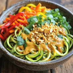 - 2 large zucchinis, spiralized - 1 cup bean sprouts - 1 bell pepper, thinly sliced (preferably a mix of red and yellow) - 1 carrot, julienned - 3 green onions, chopped (white and green parts separated) Zucchini is the star of this dish. It makes a great noodle substitute. Spiralizing the zucchinis gives them a fun shape. The texture stays crunchy, which I love. Bean sprouts add a nice bite. They also bring freshness. Bell peppers and carrots offer vibrant colors and sweetness. Together, they make the dish lively and bright. - 2 tablespoons peanut butter (smooth) - 3 tablespoons low-sodium soy sauce - 1 tablespoon fish sauce (or use coconut aminos for a vegan option) - 1 lime, juiced - 2 cloves garlic, minced - 1 tablespoon fresh ginger, minced - 1 tablespoon sesame oil The sauce is where the magic happens. Peanut butter gives it creaminess. Soy sauce adds salt and umami. Lime juice brings a zesty kick. Garlic and ginger add warmth and depth. This simple blend creates a tasty sauce that hugs the noodles. - 1/2 cup unsalted peanuts, crushed - Fresh cilantro for garnish (optional) - Red pepper flakes (to taste; optional) Garnishes make your dish look pretty. Crushed peanuts give a nice crunch. Fresh cilantro adds a pop of color and flavor. Red pepper flakes can add heat if you like. These toppings make your Zucchini Noodle Pad Thai even better. For the full recipe, check the details above. Spiralizing Techniques To make zucchini noodles, start with two large zucchinis. You can use a spiralizer or a julienne peeler. Both tools create long, curly noodles. Take your time to get nice, even strands. Salting and Drying Once you spiralize the zucchinis, place them in a colander. Sprinkle a pinch of salt over them. Let them sit for about ten minutes. This process helps to draw out excess moisture. After ten minutes, pat them dry with paper towels. This step keeps your noodles from getting soggy. Heating the Oil and Aromatics In a large skillet or wok, heat one tablespoon of sesame oil over medium heat. Add two cloves of minced garlic and one tablespoon of minced ginger. Sauté them for about one minute until they smell nice and fragrant. Adding the Vegetables Now, add one thinly sliced bell pepper and one julienned carrot to the skillet. Also, toss in the white parts of three chopped green onions. Cook these veggies for about three to four minutes. You want them to soften a little but not lose their crunch. Mixing in the Sauce Next, stir in your zucchini noodles. Cook for an additional three to five minutes, tossing gently. You want them heated through but still a bit chewy. In a small bowl, whisk together two tablespoons of peanut butter, three tablespoons of soy sauce, one tablespoon of fish sauce, and the juice of one lime. Pour this sauce over the noodles and mix well. Adding Garnishes and Serving Toss in one cup of bean sprouts and cook for another one to two minutes. This keeps them crunchy. Remove the skillet from heat. Serve hot, garnished with crushed peanuts, the green parts of the scallions, and fresh cilantro if you like. Enjoy your fresh and flavorful Zucchini Noodle Pad Thai! For the full recipe, check out the detailed instructions above. Avoiding Overcooked Zucchini Noodles To keep your zucchini noodles firm, cook them briefly. Heat them just until warm. If you overcook them, they'll turn mushy. Remember, you want a nice chew. Keep an eye on them while cooking. They should be tender but not limp. When to Add Bean Sprouts Add the bean sprouts at the end of cooking. This way, they stay crunchy. If you cook them too long, they lose their snap. Toss them in for a minute, just to warm them up. Adjusting Spice Levels You can make this dish as spicy as you like. Add red pepper flakes to the sauce for heat. Start with a little, then taste it. You can always add more spice, but you can't take it out. Alternative Sauces If you want to change up the flavor, try different sauces. You can use tahini instead of peanut butter. Coconut aminos is a great soy sauce substitute for a sweeter taste. Experiment with what you like best. Best Spiralizer to Use A good spiralizer makes creating zucchini noodles easy. Look for one with a sturdy base. It should let you make long, even noodles. A handheld spiralizer is great for small kitchens. Choosing the Right Pan Use a large skillet or wok for making this dish. A wide pan helps the noodles cook evenly. Plus, it gives you room to toss everything together without making a mess. A non-stick pan works well to prevent sticking. For the complete recipe, check out the [Full Recipe]. {{image_2}} Vegan Substitutes You can easily make Zucchini Noodle Pad Thai vegan. Replace fish sauce with coconut aminos. This swap keeps the flavor but makes it plant-based. Use extra veggies or tofu for protein. Gluten-Free Options For gluten-free Pad Thai, choose gluten-free soy sauce or tamari. This keeps it safe for those with gluten allergies. Check labels to ensure all ingredients are gluten-free. Protein Options (Tofu, Chicken, Shrimp) You can add protein to your dish. Tofu works well as a meat substitute. Cube it and sauté until golden. Chicken or shrimp can also enhance flavor. Cook them well before adding to the noodles. Vegetables to Experiment With Feel free to add more veggies. Broccoli, snap peas, or mushrooms can add color and taste. Experiment with what you love. Each veggie brings a unique crunch and flavor. Using Other Vegetables If you want a twist, try other vegetables. Carrots or sweet potatoes can be spiralized too. These options offer different tastes and textures. Traditional Pad Thai Noodles You can also use traditional rice noodles. Cook them separately and mix with the zucchini noodles. This gives a classic Pad Thai feel while keeping it fresh. For the complete recipe, check out the [Full Recipe]. When you make Zucchini Noodle Pad Thai, you may have some leftovers. You can keep them in the fridge for about 3 days. Store them in an airtight container to keep them fresh. This helps lock in flavors and moisture. For reheating, you have two good options: microwave or stovetop. The microwave is quick, but it can make the noodles softer. The stovetop is better for keeping that nice texture. Heat them in a pan on medium heat. Stir gently until warm. This keeps the noodles from getting mushy. You might wonder, can you freeze zucchini noodles? Yes, but it’s best to freeze them before cooking. Raw zucchini noodles hold up better in the freezer. To thaw, place them in the fridge overnight. When ready, quickly sauté them in a pan. This method helps maintain their texture and flavor. If you want a full recipe to get started, check out the Zucchini Noodle Pad Thai recipe. Zucchini Noodle Pad Thai is a fresh take on traditional Pad Thai. Instead of using rice noodles, we use spiralized zucchinis. This dish has all the classic flavors you love but with fewer carbs and more veggies. You’ll find a mix of crunchy veggies and a creamy sauce that makes it so tasty. It’s fast, fun, and perfect for a weeknight meal. To keep zucchini noodles from getting soggy, start by salting them. After spiralizing, sprinkle salt on the noodles and let them sit for ten minutes. This will draw out excess water. Then, pat them dry with paper towels. Cooking them for just a few minutes helps keep them firm. Avoid overcooking, as this can turn them mushy. Yes, you can! If you want to swap zucchini, try using carrots or bell peppers. Spiralized carrots add sweetness and crunch. Thinly sliced bell peppers give a nice color and flavor. Other options include yellow squash or even cucumber for a cool twist. Mix and match to find your favorite veggie combo! For the full recipe, check the section above. In this blog post, I shared how to make Zucchini Noodle Pad Thai step-by-step. We covered the main ingredients, including zucchini, bean sprouts, and key sauce components. I provided tips for cooking and enhancing flavor. You also learned about storage and meal variations. This dish is simple and fun to make. It creates a healthy twist on a classic favorite. Enjoy your cooking adventure with Zucchini Noodle Pad Thai! Keep experimenting with different flavors and ingredients.