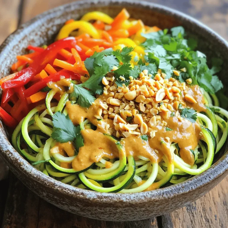- 2 large zucchinis, spiralized - 1 cup bean sprouts - 1 bell pepper, thinly sliced (preferably a mix of red and yellow) - 1 carrot, julienned - 3 green onions, chopped (white and green parts separated) Zucchini is the star of this dish. It makes a great noodle substitute. Spiralizing the zucchinis gives them a fun shape. The texture stays crunchy, which I love. Bean sprouts add a nice bite. They also bring freshness. Bell peppers and carrots offer vibrant colors and sweetness. Together, they make the dish lively and bright. - 2 tablespoons peanut butter (smooth) - 3 tablespoons low-sodium soy sauce - 1 tablespoon fish sauce (or use coconut aminos for a vegan option) - 1 lime, juiced - 2 cloves garlic, minced - 1 tablespoon fresh ginger, minced - 1 tablespoon sesame oil The sauce is where the magic happens. Peanut butter gives it creaminess. Soy sauce adds salt and umami. Lime juice brings a zesty kick. Garlic and ginger add warmth and depth. This simple blend creates a tasty sauce that hugs the noodles. - 1/2 cup unsalted peanuts, crushed - Fresh cilantro for garnish (optional) - Red pepper flakes (to taste; optional) Garnishes make your dish look pretty. Crushed peanuts give a nice crunch. Fresh cilantro adds a pop of color and flavor. Red pepper flakes can add heat if you like. These toppings make your Zucchini Noodle Pad Thai even better. For the full recipe, check the details above. Spiralizing Techniques To make zucchini noodles, start with two large zucchinis. You can use a spiralizer or a julienne peeler. Both tools create long, curly noodles. Take your time to get nice, even strands. Salting and Drying Once you spiralize the zucchinis, place them in a colander. Sprinkle a pinch of salt over them. Let them sit for about ten minutes. This process helps to draw out excess moisture. After ten minutes, pat them dry with paper towels. This step keeps your noodles from getting soggy. Heating the Oil and Aromatics In a large skillet or wok, heat one tablespoon of sesame oil over medium heat. Add two cloves of minced garlic and one tablespoon of minced ginger. Sauté them for about one minute until they smell nice and fragrant. Adding the Vegetables Now, add one thinly sliced bell pepper and one julienned carrot to the skillet. Also, toss in the white parts of three chopped green onions. Cook these veggies for about three to four minutes. You want them to soften a little but not lose their crunch. Mixing in the Sauce Next, stir in your zucchini noodles. Cook for an additional three to five minutes, tossing gently. You want them heated through but still a bit chewy. In a small bowl, whisk together two tablespoons of peanut butter, three tablespoons of soy sauce, one tablespoon of fish sauce, and the juice of one lime. Pour this sauce over the noodles and mix well. Adding Garnishes and Serving Toss in one cup of bean sprouts and cook for another one to two minutes. This keeps them crunchy. Remove the skillet from heat. Serve hot, garnished with crushed peanuts, the green parts of the scallions, and fresh cilantro if you like. Enjoy your fresh and flavorful Zucchini Noodle Pad Thai! For the full recipe, check out the detailed instructions above. Avoiding Overcooked Zucchini Noodles To keep your zucchini noodles firm, cook them briefly. Heat them just until warm. If you overcook them, they'll turn mushy. Remember, you want a nice chew. Keep an eye on them while cooking. They should be tender but not limp. When to Add Bean Sprouts Add the bean sprouts at the end of cooking. This way, they stay crunchy. If you cook them too long, they lose their snap. Toss them in for a minute, just to warm them up. Adjusting Spice Levels You can make this dish as spicy as you like. Add red pepper flakes to the sauce for heat. Start with a little, then taste it. You can always add more spice, but you can't take it out. Alternative Sauces If you want to change up the flavor, try different sauces. You can use tahini instead of peanut butter. Coconut aminos is a great soy sauce substitute for a sweeter taste. Experiment with what you like best. Best Spiralizer to Use A good spiralizer makes creating zucchini noodles easy. Look for one with a sturdy base. It should let you make long, even noodles. A handheld spiralizer is great for small kitchens. Choosing the Right Pan Use a large skillet or wok for making this dish. A wide pan helps the noodles cook evenly. Plus, it gives you room to toss everything together without making a mess. A non-stick pan works well to prevent sticking. For the complete recipe, check out the [Full Recipe]. {{image_2}} Vegan Substitutes You can easily make Zucchini Noodle Pad Thai vegan. Replace fish sauce with coconut aminos. This swap keeps the flavor but makes it plant-based. Use extra veggies or tofu for protein. Gluten-Free Options For gluten-free Pad Thai, choose gluten-free soy sauce or tamari. This keeps it safe for those with gluten allergies. Check labels to ensure all ingredients are gluten-free. Protein Options (Tofu, Chicken, Shrimp) You can add protein to your dish. Tofu works well as a meat substitute. Cube it and sauté until golden. Chicken or shrimp can also enhance flavor. Cook them well before adding to the noodles. Vegetables to Experiment With Feel free to add more veggies. Broccoli, snap peas, or mushrooms can add color and taste. Experiment with what you love. Each veggie brings a unique crunch and flavor. Using Other Vegetables If you want a twist, try other vegetables. Carrots or sweet potatoes can be spiralized too. These options offer different tastes and textures. Traditional Pad Thai Noodles You can also use traditional rice noodles. Cook them separately and mix with the zucchini noodles. This gives a classic Pad Thai feel while keeping it fresh. For the complete recipe, check out the [Full Recipe]. When you make Zucchini Noodle Pad Thai, you may have some leftovers. You can keep them in the fridge for about 3 days. Store them in an airtight container to keep them fresh. This helps lock in flavors and moisture. For reheating, you have two good options: microwave or stovetop. The microwave is quick, but it can make the noodles softer. The stovetop is better for keeping that nice texture. Heat them in a pan on medium heat. Stir gently until warm. This keeps the noodles from getting mushy. You might wonder, can you freeze zucchini noodles? Yes, but it’s best to freeze them before cooking. Raw zucchini noodles hold up better in the freezer. To thaw, place them in the fridge overnight. When ready, quickly sauté them in a pan. This method helps maintain their texture and flavor. If you want a full recipe to get started, check out the Zucchini Noodle Pad Thai recipe. Zucchini Noodle Pad Thai is a fresh take on traditional Pad Thai. Instead of using rice noodles, we use spiralized zucchinis. This dish has all the classic flavors you love but with fewer carbs and more veggies. You’ll find a mix of crunchy veggies and a creamy sauce that makes it so tasty. It’s fast, fun, and perfect for a weeknight meal. To keep zucchini noodles from getting soggy, start by salting them. After spiralizing, sprinkle salt on the noodles and let them sit for ten minutes. This will draw out excess water. Then, pat them dry with paper towels. Cooking them for just a few minutes helps keep them firm. Avoid overcooking, as this can turn them mushy. Yes, you can! If you want to swap zucchini, try using carrots or bell peppers. Spiralized carrots add sweetness and crunch. Thinly sliced bell peppers give a nice color and flavor. Other options include yellow squash or even cucumber for a cool twist. Mix and match to find your favorite veggie combo! For the full recipe, check the section above. In this blog post, I shared how to make Zucchini Noodle Pad Thai step-by-step. We covered the main ingredients, including zucchini, bean sprouts, and key sauce components. I provided tips for cooking and enhancing flavor. You also learned about storage and meal variations. This dish is simple and fun to make. It creates a healthy twist on a classic favorite. Enjoy your cooking adventure with Zucchini Noodle Pad Thai! Keep experimenting with different flavors and ingredients.