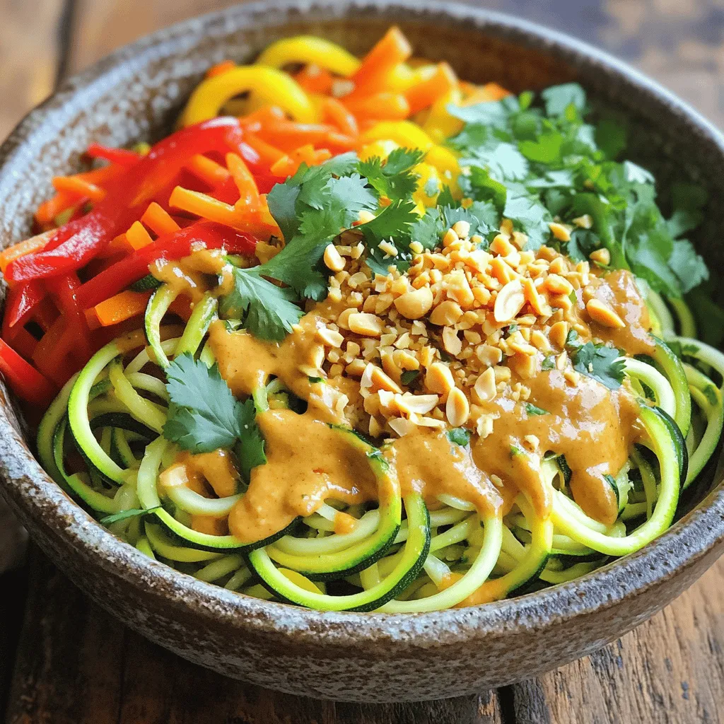 - 2 large zucchinis, spiralized - 1 cup bean sprouts - 1 bell pepper, thinly sliced (preferably a mix of red and yellow) - 1 carrot, julienned - 3 green onions, chopped (white and green parts separated) Zucchini is the star of this dish. It makes a great noodle substitute. Spiralizing the zucchinis gives them a fun shape. The texture stays crunchy, which I love. Bean sprouts add a nice bite. They also bring freshness. Bell peppers and carrots offer vibrant colors and sweetness. Together, they make the dish lively and bright. - 2 tablespoons peanut butter (smooth) - 3 tablespoons low-sodium soy sauce - 1 tablespoon fish sauce (or use coconut aminos for a vegan option) - 1 lime, juiced - 2 cloves garlic, minced - 1 tablespoon fresh ginger, minced - 1 tablespoon sesame oil The sauce is where the magic happens. Peanut butter gives it creaminess. Soy sauce adds salt and umami. Lime juice brings a zesty kick. Garlic and ginger add warmth and depth. This simple blend creates a tasty sauce that hugs the noodles. - 1/2 cup unsalted peanuts, crushed - Fresh cilantro for garnish (optional) - Red pepper flakes (to taste; optional) Garnishes make your dish look pretty. Crushed peanuts give a nice crunch. Fresh cilantro adds a pop of color and flavor. Red pepper flakes can add heat if you like. These toppings make your Zucchini Noodle Pad Thai even better. For the full recipe, check the details above. Spiralizing Techniques To make zucchini noodles, start with two large zucchinis. You can use a spiralizer or a julienne peeler. Both tools create long, curly noodles. Take your time to get nice, even strands. Salting and Drying Once you spiralize the zucchinis, place them in a colander. Sprinkle a pinch of salt over them. Let them sit for about ten minutes. This process helps to draw out excess moisture. After ten minutes, pat them dry with paper towels. This step keeps your noodles from getting soggy. Heating the Oil and Aromatics In a large skillet or wok, heat one tablespoon of sesame oil over medium heat. Add two cloves of minced garlic and one tablespoon of minced ginger. Sauté them for about one minute until they smell nice and fragrant. Adding the Vegetables Now, add one thinly sliced bell pepper and one julienned carrot to the skillet. Also, toss in the white parts of three chopped green onions. Cook these veggies for about three to four minutes. You want them to soften a little but not lose their crunch. Mixing in the Sauce Next, stir in your zucchini noodles. Cook for an additional three to five minutes, tossing gently. You want them heated through but still a bit chewy. In a small bowl, whisk together two tablespoons of peanut butter, three tablespoons of soy sauce, one tablespoon of fish sauce, and the juice of one lime. Pour this sauce over the noodles and mix well. Adding Garnishes and Serving Toss in one cup of bean sprouts and cook for another one to two minutes. This keeps them crunchy. Remove the skillet from heat. Serve hot, garnished with crushed peanuts, the green parts of the scallions, and fresh cilantro if you like. Enjoy your fresh and flavorful Zucchini Noodle Pad Thai! For the full recipe, check out the detailed instructions above. Avoiding Overcooked Zucchini Noodles To keep your zucchini noodles firm, cook them briefly. Heat them just until warm. If you overcook them, they'll turn mushy. Remember, you want a nice chew. Keep an eye on them while cooking. They should be tender but not limp. When to Add Bean Sprouts Add the bean sprouts at the end of cooking. This way, they stay crunchy. If you cook them too long, they lose their snap. Toss them in for a minute, just to warm them up. Adjusting Spice Levels You can make this dish as spicy as you like. Add red pepper flakes to the sauce for heat. Start with a little, then taste it. You can always add more spice, but you can't take it out. Alternative Sauces If you want to change up the flavor, try different sauces. You can use tahini instead of peanut butter. Coconut aminos is a great soy sauce substitute for a sweeter taste. Experiment with what you like best. Best Spiralizer to Use A good spiralizer makes creating zucchini noodles easy. Look for one with a sturdy base. It should let you make long, even noodles. A handheld spiralizer is great for small kitchens. Choosing the Right Pan Use a large skillet or wok for making this dish. A wide pan helps the noodles cook evenly. Plus, it gives you room to toss everything together without making a mess. A non-stick pan works well to prevent sticking. For the complete recipe, check out the [Full Recipe]. {{image_2}} Vegan Substitutes You can easily make Zucchini Noodle Pad Thai vegan. Replace fish sauce with coconut aminos. This swap keeps the flavor but makes it plant-based. Use extra veggies or tofu for protein. Gluten-Free Options For gluten-free Pad Thai, choose gluten-free soy sauce or tamari. This keeps it safe for those with gluten allergies. Check labels to ensure all ingredients are gluten-free. Protein Options (Tofu, Chicken, Shrimp) You can add protein to your dish. Tofu works well as a meat substitute. Cube it and sauté until golden. Chicken or shrimp can also enhance flavor. Cook them well before adding to the noodles. Vegetables to Experiment With Feel free to add more veggies. Broccoli, snap peas, or mushrooms can add color and taste. Experiment with what you love. Each veggie brings a unique crunch and flavor. Using Other Vegetables If you want a twist, try other vegetables. Carrots or sweet potatoes can be spiralized too. These options offer different tastes and textures. Traditional Pad Thai Noodles You can also use traditional rice noodles. Cook them separately and mix with the zucchini noodles. This gives a classic Pad Thai feel while keeping it fresh. For the complete recipe, check out the [Full Recipe]. When you make Zucchini Noodle Pad Thai, you may have some leftovers. You can keep them in the fridge for about 3 days. Store them in an airtight container to keep them fresh. This helps lock in flavors and moisture. For reheating, you have two good options: microwave or stovetop. The microwave is quick, but it can make the noodles softer. The stovetop is better for keeping that nice texture. Heat them in a pan on medium heat. Stir gently until warm. This keeps the noodles from getting mushy. You might wonder, can you freeze zucchini noodles? Yes, but it’s best to freeze them before cooking. Raw zucchini noodles hold up better in the freezer. To thaw, place them in the fridge overnight. When ready, quickly sauté them in a pan. This method helps maintain their texture and flavor. If you want a full recipe to get started, check out the Zucchini Noodle Pad Thai recipe. Zucchini Noodle Pad Thai is a fresh take on traditional Pad Thai. Instead of using rice noodles, we use spiralized zucchinis. This dish has all the classic flavors you love but with fewer carbs and more veggies. You’ll find a mix of crunchy veggies and a creamy sauce that makes it so tasty. It’s fast, fun, and perfect for a weeknight meal. To keep zucchini noodles from getting soggy, start by salting them. After spiralizing, sprinkle salt on the noodles and let them sit for ten minutes. This will draw out excess water. Then, pat them dry with paper towels. Cooking them for just a few minutes helps keep them firm. Avoid overcooking, as this can turn them mushy. Yes, you can! If you want to swap zucchini, try using carrots or bell peppers. Spiralized carrots add sweetness and crunch. Thinly sliced bell peppers give a nice color and flavor. Other options include yellow squash or even cucumber for a cool twist. Mix and match to find your favorite veggie combo! For the full recipe, check the section above. In this blog post, I shared how to make Zucchini Noodle Pad Thai step-by-step. We covered the main ingredients, including zucchini, bean sprouts, and key sauce components. I provided tips for cooking and enhancing flavor. You also learned about storage and meal variations. This dish is simple and fun to make. It creates a healthy twist on a classic favorite. Enjoy your cooking adventure with Zucchini Noodle Pad Thai! Keep experimenting with different flavors and ingredients.
