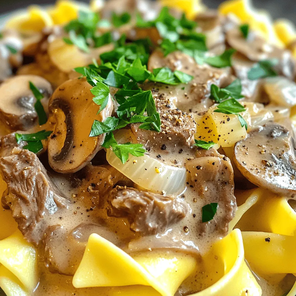 To make this dish, you need some key ingredients. Here is what you will need: - 500g beef sirloin, thinly sliced - 1 medium onion, finely chopped - 2 cloves garlic, minced - 250g mushrooms, sliced - 1 cup beef broth (low sodium) - 1 tablespoon Worcestershire sauce - 1 tablespoon soy sauce - 1 cup sour cream - 2 tablespoons all-purpose flour - 2 tablespoons olive oil - Salt and pepper, to taste - Fresh parsley, chopped (for garnish) - 300g egg noodles or fettuccine, cooked These ingredients come together to create a rich and creamy sauce that coats the beef and noodles beautifully. You can add extra flavor with these optional ingredients: - A splash of white wine for depth - Fresh thyme or dill for herbal notes - A dash of hot sauce for a kick - Creamy goat cheese for a unique twist These ingredients can elevate your beef stroganoff and make it your own. To round out your meal, consider these pairings: - A crisp green salad with a light vinaigrette - Steamed vegetables like green beans or broccoli - Crusty bread for dipping in the sauce Each of these options complements the flavors of beef stroganoff and enhances your dining experience. For the full recipe, jump to the cooking section of this article. Start by slicing 500g of beef sirloin thinly. This helps the beef cook evenly. Heat 1 tablespoon of olive oil in a large skillet over medium-high heat. Add the sliced beef to the hot skillet. Season it with salt and pepper. Sear the beef for about 3-4 minutes until it gets a nice brown color. Once browned, remove the beef from the skillet and set it aside. This step locks in the flavors before adding more ingredients. In the same skillet, add the remaining tablespoon of olive oil. Now, toss in 1 medium onion, finely chopped, along with 2 cloves of minced garlic. Sauté these for 2-3 minutes until the onion turns translucent. This adds depth to the dish. Next, add 250g of sliced mushrooms to the skillet. Cook them for 5-6 minutes until they become soft and browned. This step brings out the rich flavors of the mushrooms. Once your mushrooms are ready, sprinkle 2 tablespoons of all-purpose flour over the mixture. Stir it well to combine. Gradually pour in 1 cup of low-sodium beef broth, along with 1 tablespoon of Worcestershire sauce and 1 tablespoon of soy sauce. Keep stirring until the sauce thickens, which should take about 5 minutes. This sauce will be the heart of your Beef Stroganoff. Now, it's time to bring everything together. Return the seared beef to the skillet. Stir well to coat the beef in the sauce. Lower the heat and add 1 cup of sour cream. Mix everything until heated through. Taste and adjust the seasoning with salt and pepper as needed. Serve the stroganoff over 300g of cooked egg noodles or fettuccine. Garnish with freshly chopped parsley for a touch of color. Enjoy the warm, hearty flavors of this classic dish! For the full recipe, check out the detailed steps above. To start, choose good beef. I suggest using sirloin for its flavor. Make sure the beef is dry. Pat it with a paper towel. This helps it sear well. Heat your skillet to medium-high. Add olive oil, then the beef. Avoid crowding the pan. Cook for about 3-4 minutes. Look for a nice brown color. Remove the beef and let it rest. This keeps it juicy. Seasoning is key for making beef stroganoff great. Use salt and pepper while cooking. These simple spices highlight the beef's taste. You can also add garlic for extra flavor. A splash of Worcestershire sauce adds depth. Just a tablespoon goes a long way. Lastly, taste your sauce before serving. Adjust the seasoning as needed. This can make all the difference. A creamy sauce is what makes stroganoff special. Start by adding flour to the sautéed onions and mushrooms. This helps thicken the sauce. Gradually stir in beef broth while mixing. This prevents lumps from forming. Once thick, lower the heat before adding sour cream. Mix it gently. If the sauce is too thick, add more broth. Aim for a smooth, rich consistency. Remember, the sauce should coat the noodles well. For the complete process, check the Full Recipe. {{image_2}} You can make a tasty vegetarian version of Beef Stroganoff. Replace the beef with hearty mushrooms. Use portobello or cremini mushrooms for a meaty texture. You can also add lentils or beans for protein. Swap the beef broth with vegetable broth. This gives you a rich flavor without meat. If you prefer other proteins, chicken works well in this dish. Thinly slice chicken breast and follow the same cooking steps. You can also try tofu for a plant-based twist. Press tofu to remove moisture, then cut it into cubes. Sauté it until golden brown, just like the beef. Both options will still give you that comforting taste. To make Beef Stroganoff gluten-free, substitute regular flour with rice flour or cornstarch. This helps thicken the sauce without gluten. Use gluten-free noodles or serve over rice. Check the labels of broth and sauces to ensure they are gluten-free. These small changes make this dish suitable for everyone. For the full recipe, check out the [Full Recipe]. After you enjoy your beef stroganoff, store the leftovers in an airtight container. This helps keep the flavors fresh. Let the stroganoff cool before sealing it. Place it in the fridge. It will stay good for about three to four days. If you want to keep it longer, consider freezing it. When you are ready to eat the leftovers, reheat them gently. Use a skillet over low heat. Stir often to make sure it warms evenly. You can add a splash of beef broth or water to keep it creamy. Avoid using high heat, as it can dry out the sauce and beef. To freeze your beef stroganoff, first cool it completely. Place it in a freezer-safe container. Make sure to leave some space at the top. The stroganoff expands when frozen. It can last up to three months in the freezer. When you want to eat it, thaw it in the fridge overnight. Reheat as mentioned above. Enjoy your delicious meal again without hassle! For the full recipe, check out the details above. Beef Stroganoff comes from Russia. It dates back to the 19th century. A chef made it for a count named Stroganov. The dish has beef, mushrooms, and a creamy sauce. It became popular in many countries over time. Yes, you can make Beef Stroganoff in advance. Cook the dish and let it cool. Store it in the fridge for up to three days. The flavors will blend well during this time. Just reheat it on the stove or in the microwave when ready to serve. Beef Stroganoff pairs well with several sides. Here are some great options: - Egg noodles or fettuccine - Rice or mashed potatoes - Steamed green beans or broccoli - A fresh garden salad - Crusty bread for dipping These sides complement the rich flavors of the dish. Making Beef Stroganoff in a slow cooker is easy. Here’s how to do it: 1. Brown the Beef: Sear the beef in a skillet first. This adds flavor. 2. Combine Ingredients: Place the beef in the slow cooker. Add sliced onions, garlic, and mushrooms. 3. Add Liquids: Pour in beef broth, Worcestershire sauce, and soy sauce. 4. Cook: Set the slow cooker on low for 6-8 hours or high for 3-4 hours. 5. Finish with Sour Cream: Stir in sour cream just before serving. You can find the full recipe [Full Recipe]. Enjoy your meal! Beef Stroganoff is a great dish for home cooks. We discussed key ingredients, easy steps, and tips for the best flavor. You can try variations like vegetarian options or gluten-free adaptations. Storing leftovers correctly helps keep taste intact. Remember, learning to make this dish is fun and rewarding. You can enjoy it with your favorite sides. Embrace the joy of cooking and create your own classic Beef Stroganoff masterpiece!