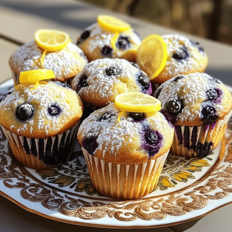 To make yummy lemon blueberry muffins, you'll need a few simple ingredients. Here’s the list: - 1 ½ cups all-purpose flour - ½ cup granulated sugar - ½ teaspoon baking powder - ½ teaspoon baking soda - ¼ teaspoon salt - 1 large lemon, zested and juiced - ½ cup unsalted butter, melted and cooled - 1 large egg - ½ cup buttermilk (or milk with 1 tablespoon lemon juice added) - 1 cup fresh blueberries (or frozen, if unavailable) - 1 tablespoon lemon juice (for extra zing) - Optional: Turbinado sugar for sprinkling on top These ingredients work together to create a delightful muffin. The flour gives structure, while the sugar adds sweetness. The baking powder and baking soda help the muffins rise. The fresh lemon zest brightens the flavor, making each bite refreshing. For a tasty treat, you can sprinkle turbinado sugar on top. This adds a lovely crunch. If you're curious about the health aspects, keep reading for more on nutritional information. Each muffin has about 180 calories. They contain 3 grams of protein and 8 grams of fat. If you want to make a gluten-free version, swap the flour for a gluten-free blend. You’ll still enjoy the same great taste! 1. Preheat your oven to 375°F (190°C). 2. Line a muffin tin with paper liners or grease it lightly. 3. In a large bowl, mix together the flour, sugar, baking powder, baking soda, and salt. 1. In a separate bowl, whisk the lemon zest, lemon juice, and egg until smooth. 2. Slowly add the melted butter into the mixture and mix well. 3. Mix in the buttermilk until fully combined. 1. Pour the wet mixture into the dry ingredients. 2. Gently fold the mixtures together until just combined. 3. Carefully add the blueberries, folding them in gently to avoid breaking them. 1. Divide the batter evenly among the muffin cups, filling each about three-quarters full. 2. If you wish, sprinkle turbinado sugar on top for a crunchy finish. 3. Bake for 18-22 minutes. Check doneness with a toothpick; it should come out clean. To get fluffy muffins, you must avoid overmixing the batter. When you mix too much, the muffins become tough. Just combine the wet and dry ingredients until you see no flour. A few lumps are okay. Also, adjust for moisture in your batter. If the batter is too dry, add a little more buttermilk. If it’s too wet, add a bit more flour. This helps you achieve the right consistency. You can add more spices to boost the flavor. A pinch of cinnamon or nutmeg adds warmth. These spices pair well with lemon and blueberry. For fun variations, try using other fruits. Raspberries or strawberries work great too. You can even mix in some chopped apples for a twist. Serving your muffins nicely can impress guests. Arrange them on a colorful plate. Dust them lightly with powdered sugar for a sweet touch. You can also add lemon slices for decoration. To store leftovers, keep them in an airtight container. This keeps them fresh for a few days. You can also freeze them for later. Just wrap each muffin in plastic wrap before putting them in a freezer bag. {{image_2}} If you want to make these muffins fit your diet, try these swaps: - Gluten-free flour alternatives: Use a 1:1 gluten-free flour blend. This will keep the texture right. - Non-dairy milk options: Almond milk or oat milk works great instead of buttermilk. Just add a splash of lemon juice to mimic the tang. You can easily change up the taste of your muffins: - Incorporating different citrus fruits: Try orange or lime zest for a new twist. Each fruit adds its own bright flavor. - Adding nuts or seeds for texture: Walnuts or chia seeds give a nice crunch. Fold in about half a cup for a fun surprise in each bite. Make your muffins fit the season with these ideas: - Fall-inspired versions using pumpkin or spice: Add ½ cup of pumpkin puree and some cinnamon for a cozy flavor. - Summer twist with other assorted berries: Swap blueberries for raspberries or strawberries. Each berry brings a fresh taste and color to your muffins. For more ideas, check out the Full Recipe for Lemon Blueberry Muffins. To keep your lemon blueberry muffins fresh for a few days, store them at room temperature. Place the muffins in a sealed container. This helps them stay soft. If you want to refrigerate them, use an airtight container. This will keep them fresh for about a week. Remember, refrigeration may change their texture a bit. If you want to keep muffins longer, freezing is a great option. To freeze, wrap each muffin in plastic wrap. Then place them in a freezer bag. This keeps them fresh for up to three months. For thawing, take them out and leave them at room temperature. You can also heat them in a microwave for 15-20 seconds. To reheat muffins in the oven, preheat to 350°F (175°C). Place them on a baking sheet. Heat for about 5-10 minutes. This helps maintain their texture. If you use a microwave, heat each muffin for 15-20 seconds. Be careful not to overheat, as this can make them tough. Enjoy your warm muffins just like fresh! Can I use frozen blueberries instead of fresh? Yes, you can use frozen blueberries. They work well in this recipe. Just fold them in gently. Frozen berries may make the batter a bit wetter, but the muffins will taste great. How do I know when the muffins are done baking? Check for doneness by inserting a toothpick into the center. If it comes out clean, the muffins are ready. They should also be golden brown on top. What to do if muffins turn out dry or dense? If your muffins are dry, you may have overmixed the batter. Mix just until combined for a lighter texture. Adding a bit more buttermilk can help if they seem too dry. Why did my muffins not rise properly? Muffins may not rise if your baking powder or soda is old. Always check the expiration dates. Also, avoid overmixing, as it can make the muffins dense. Can I substitute for buttermilk? Yes, you can substitute buttermilk with milk. Just add one tablespoon of lemon juice to regular milk. This mimics buttermilk's tangy flavor. Is lemon juice necessary for the recipe? Lemon juice adds brightness and flavor. While you can skip it, the muffins will taste less zesty. For the best flavor, I recommend including it. For the full recipe, check out the details above. In this article, we covered how to make delicious lemon blueberry muffins from scratch. You learned the key ingredients, step-by-step instructions, and tips for perfecting the texture and flavor. Remember to experiment with variations and storage methods to keep your muffins fresh. Baking should be fun and satisfying. Enjoy the process, and don't hesitate to share your creations with others. Happy baking!