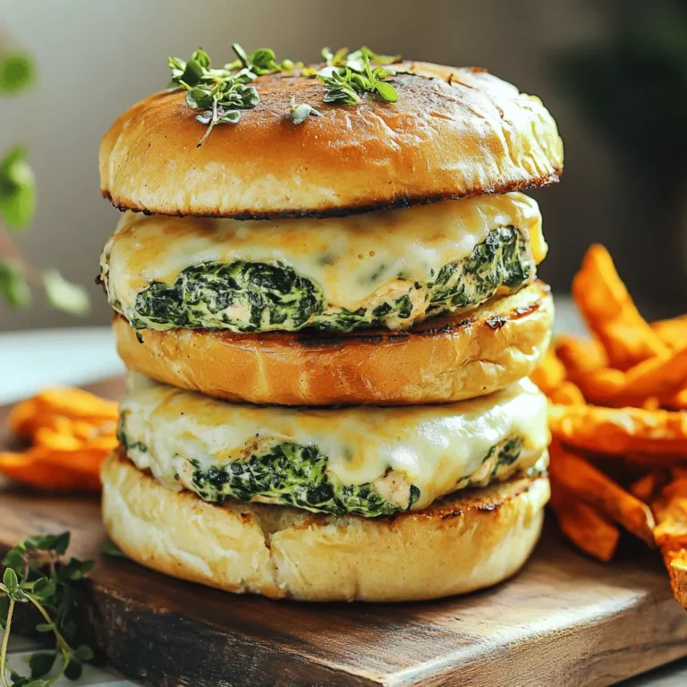 To make these tasty White Cheddar Spinach Chicken Burgers, gather these ingredients: - 1 lb ground chicken - 1 cup fresh spinach, finely chopped - 3/4 cup white cheddar cheese, shredded - 1/2 cup breadcrumbs - 1/4 cup grated Parmesan cheese - 1 egg - 2 cloves garlic, minced - 1 teaspoon onion powder - 1 teaspoon salt - 1/2 teaspoon black pepper - 1 tablespoon olive oil - Burger buns - Lettuce, tomato, and condiments (optional for serving) The essential ingredients for these burgers are ground chicken, spinach, and white cheddar cheese. The chicken gives the burger its base. Spinach adds color and nutrients. White cheddar cheese melts beautifully, giving a rich flavor. The optional ingredients include the burger buns and toppings like lettuce and tomato. You can adjust these based on your taste. Use any condiments you love for extra flavor. If you need to swap out some ingredients, here are a few ideas: - Ground chicken: You can use ground turkey or lean beef instead. - White cheddar cheese: Try mozzarella or gouda for a different taste. - Breadcrumbs: Oat flour or crushed crackers can work as a substitute. - Egg: A flax egg (1 tablespoon ground flaxseed mixed with 2.5 tablespoons water) can replace the egg for a vegan option. These swaps keep the recipe fun and flexible. For the full recipe, check the detailed instructions and tips. To make these white cheddar spinach chicken burgers, start with a large mixing bowl. Combine the ground chicken, chopped spinach, shredded white cheddar cheese, breadcrumbs, grated Parmesan cheese, egg, minced garlic, onion powder, salt, and black pepper. Mix everything well with your hands until just combined. Be careful not to overmix, as this can make the patties tough. Next, divide the mixture into four equal parts. Shape each part into a patty, about 1/2 inch thick. This thickness helps them cook evenly. Heat olive oil in a large skillet over medium heat. When the oil is hot, carefully add the patties. Make sure there is enough space between each patty. Cook them for about 5-6 minutes on each side. Use a meat thermometer to check that the internal temperature reaches 165°F (75°C). The outside should be golden brown. While the last batch cooks, toast the burger buns in a separate pan if you like. Once the patties are done, assemble your burgers. Place each chicken patty on a toasted bun. Add toppings like lettuce, tomato, and any condiments you prefer. To make the best patties, keep a few tips in mind. First, wet your hands with water before shaping the patties. This helps prevent the mixture from sticking to your hands. Second, try to make the patties uniform in size. This way, they cook evenly and look great on a plate. Lastly, make a small indent in the center of each patty. This helps them hold their shape while cooking and prevents them from puffing up. You can cook these burgers in two ways: on a skillet or on a grill. Skillet Method: This method gives you a nice brown crust. Use medium heat and add olive oil. The skillet method is quick and easy, perfect for weeknight dinners. Grill Method: Grilling adds a smoky flavor. Preheat your grill to medium heat. Cook the patties for about 5-6 minutes on each side. This method can be messy but adds a great taste. Both methods yield tasty burgers, so choose the one that fits your cooking style. For the full recipe, check out the complete details to create these delicious white cheddar spinach chicken burgers! To keep your chicken burgers moist, use a few simple steps. First, do not overmix the meat. Overmixing makes the burgers tough. Just mix until everything is combined. Adding spinach and cheese also helps keep them juicy. Cook the burgers on medium heat to avoid drying them out. For great flavor, you can try different seasonings. Garlic powder and paprika add a nice kick. If you like herbs, try adding dried oregano or thyme. You can also mix in a splash of Worcestershire sauce for extra depth. Taste as you go to find your perfect blend. These burgers pair well with many sides. Sweet potato fries bring out the cheese flavor. A fresh salad adds a nice crunch. You can also serve them with coleslaw or grilled veggies for a colorful plate. Try different combinations to find your favorite! For the complete recipe, check out the Full Recipe section. {{image_2}} You can switch up the cheese in these burgers. If you want a different taste, try using mozzarella or feta. Mozzarella gives a mild flavor and nice stretch. Feta adds a salty kick, which pairs well with spinach. You can even mix cheeses for a fun twist. Feel free to add more veggies to the mix. Diced bell peppers or mushrooms can boost flavor and nutrition. You can also add grated carrots for a slight sweetness. Just remember to chop them finely. This keeps the burger juicy and tasty. For those who love heat, try adding jalapeños. You can chop fresh jalapeños and mix them into the burger mix. If you prefer less heat, use pickled jalapeños. They give a nice tang without being too spicy. This spicy twist makes the burgers even more exciting. Try these variations to make your White Cheddar Spinach Chicken Burgers unique and delicious. For the Full Recipe, check out the detailed instructions above. To keep your leftover burgers fresh, let them cool down first. Then, place them in an airtight container. This will help lock in the flavor and moisture. Store the burgers in the fridge for up to three days. If you want to enjoy them later, consider freezing them. When you're ready to eat your leftovers, reheat the burgers properly. The best way is to use the skillet. Heat a little oil over medium heat, then add the burger. Cook for about 3-4 minutes on each side until warmed through. You can also use the microwave, but it might make them a bit soggy. If you prefer a crispy texture, stick to the skillet. For meal prep, freezing is a great option. After shaping the patties but before cooking, place them on a baking sheet lined with parchment paper. Freeze them until solid, then transfer them to a freezer bag. Label the bag with the date. You can freeze them for up to three months. When ready to cook, thaw overnight in the fridge before cooking as usual. This keeps your meal prep easy and tasty! You can find the full recipe for these delicious burgers [Full Recipe]. You can serve these burgers with many tasty sides. Sweet potato fries are a great choice. They add a sweet and savory touch. A fresh salad also works well. You might try a mix of greens, tomatoes, and cucumbers. For a fun twist, serve them with coleslaw. It gives a crunchy texture that pairs nicely. Don't forget to add your favorite condiments on the side. Ketchup, mustard, or even a tangy aioli can enhance the flavor. To check if your chicken burgers are done, use a meat thermometer. The internal temperature should reach 165°F (75°C). This ensures the chicken is safe to eat. You can also check the color. The meat should be white, not pink. If you cut into the burger, the juices should run clear. These tips help you serve perfectly cooked patties every time. Yes, you can make these burgers ahead of time. Prepare the patties and store them in the fridge. They can last for one to two days. If you want to keep them longer, freeze them. Just wrap each patty in plastic wrap before freezing. When ready to cook, thaw them overnight in the fridge. Then, cook as directed in the Full Recipe. This makes meal prep easy and saves time on busy days. In this article, I covered the ingredients, cooking steps, and helpful tips for chicken burgers. I also shared ways to vary recipes and store leftovers. Remember, using fresh ingredients and proper cooking methods makes a big difference. Experiment with flavors and create your own twist on these burgers. Enjoy making and sharing delicious meals! Keep these tips in mind for tasty, juicy results every time. Happy cooking!