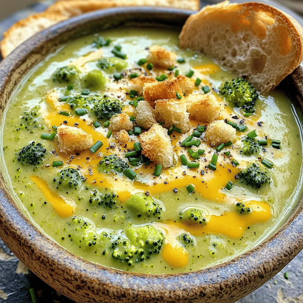 When making Cheddar Broccoli Soup, fresh and rich flavors shine through. Here’s what you need to gather: - 4 cups fresh broccoli florets - 1 medium onion, diced - 2 cloves garlic, minced - 4 cups vegetable broth - 2 cups aged cheddar cheese, shredded - 1 cup heavy cream - 2 tablespoons olive oil - 1 teaspoon salt - ½ teaspoon black pepper - ½ teaspoon smoked paprika - Optional garnishes: croutons and fresh chives These ingredients come together to create a warm, cheesy delight. The aged cheddar cheese adds a deep flavor. Fresh broccoli not only looks great but also brings a healthy crunch. Each bite wraps you in creamy goodness. I love to use vegetable broth for a rich base. It enhances the flavors without overpowering them. Don't forget the optional garnishes! Croutons provide a fun crunch, and fresh chives add a pop of color. This combo turns a simple bowl of soup into a beautiful dish. For the full recipe, check out the Cheesy Broccoli Bliss Soup section above. - Sauté the onion and garlic Start by heating olive oil in a large pot over medium heat. Add the diced onion. Cook for about 4-5 minutes until it turns soft and clear. Stir in the minced garlic and cook for another minute. You want to release its nice smell. - Add broccoli and vegetable broth Next, toss in the fresh broccoli florets. Pour in the vegetable broth. Bring this to a gentle boil. Cook for about 15 minutes. You want the broccoli to be nice and tender. - Blend the soup to desired consistency After cooking, remove the pot from the heat. Use an immersion blender to puree the soup. Blend until it is as smooth as you like. If you want some chunks, leave a few florets whole. - Incorporate cream and cheese Put the pot back on low heat. Stir in the heavy cream next. Add the shredded cheddar cheese as well. Mix everything until the cheese melts and the soup is creamy. - Season to taste Finally, season the soup with salt, black pepper, and smoked paprika. Taste it and adjust the seasonings if needed. Check out the Full Recipe for more details. Enjoy your creamy goodness! To boost the taste of your cheddar broccoli soup, try these ideas: - Add spices like garlic powder, onion powder, or nutmeg for warmth. - Fresh herbs like thyme or basil can add a bright touch. - For creaminess, use sharp cheddar or Gruyère cheese. Their flavors are rich and bold. You can choose how smooth or chunky to make your soup: - For a chunky soup, blend just half. Leave some broccoli pieces intact. - If you want it smooth, blend it all until creamy. - Always let the blender cool slightly before using. This keeps the hot soup safe. Serving your soup well makes it even better: - Pair it with warm, crusty bread or a fresh salad. - Top with croutons and fresh chives for a pop of color. - Ladle the soup into bowls and let the toppings shine. This makes a lovely presentation. For more details on making this dish, check the Full Recipe. {{image_2}} If you want to make this soup vegetarian, swap the vegetable broth for a rich mushroom broth. This adds depth without any meat. For a dairy-free option, use coconut milk in place of cream and almond cheese instead of cheddar. These swaps keep the soup creamy and flavorful, perfect for anyone avoiding dairy. You can enhance your cheddar broccoli soup with seasonal veggies. Try adding carrots or peas for extra color and taste. Sweet potatoes can add a nice sweetness, too. For protein, consider stirring in some cooked chicken or turkey. This makes the soup heartier and more filling. You can easily turn this soup into a casserole. Just pour it into a baking dish, top it with breadcrumbs or more cheese, and bake until bubbly. It’s a fun twist on the classic. You can also serve this soup as a starter. Use smaller bowls for a light beginning to a meal, or serve it as a main dish with crusty bread on the side. Enjoy experimenting with these variations to find your perfect blend! To keep your cheddar broccoli soup fresh, store it in an airtight container. This helps prevent odors from other foods. Let the soup cool completely before sealing. You can store it in the fridge for up to three days. If you want to enjoy it later, make sure to reheat it gently on the stove. Stir often to keep it from burning. If you want to save the soup for a longer time, freezing is a great option. First, let the soup cool down. Then, pour it into freezer-safe containers. Leave some space at the top for expansion. This soup can last up to three months in the freezer. When you are ready to eat, thaw it overnight in the fridge. Reheat it on the stove, stirring as it warms. Avoid using the microwave, as it can change the texture. How can I make Cheddar Broccoli Soup thicker? You can thicken Cheddar Broccoli Soup by adding more cheese or cream. You can also mix in a cornstarch slurry. Just mix one tablespoon of cornstarch with two tablespoons of cold water. Add this to the soup and stir until it thickens. Can I substitute the cheddar cheese for something else? Yes, you can use other cheeses. Gruyère or Monterey Jack work well. Each cheese gives a different taste. Feel free to mix your favorites! Is this soup healthy or low-calorie? Cheddar Broccoli Soup is creamy and rich, so it’s not low-calorie. However, you can make it healthier. Use low-fat cheese or light cream. Also, add more broccoli for fiber and nutrients. What can I serve with Cheddar Broccoli Soup? Serve your soup with crusty bread or a fresh salad. Croutons add crunch. A sprinkle of fresh chives on top makes it look nice too! How do I store my Cheddar Broccoli Soup properly? Cool the soup first before storing. Place it in an airtight container. It can last in the fridge for 3-4 days. If you want to keep it longer, freezing is a great option. Can I use frozen broccoli instead of fresh? Yes, frozen broccoli works well in this soup. It’s already blanched, so it cooks faster. Just add it to the pot and adjust your cooking time slightly. How do I fix bland soup? To fix bland soup, add more seasoning. A pinch of salt or a dash of hot sauce can help. You can also stir in a bit of lemon juice for brightness. Taste as you go to find the right balance. For the complete cooking journey, check out the Full Recipe for Cheddar Broccoli Soup. In this blog post, we explored how to make Cheddar Broccoli Soup. We discussed all the ingredients you need and laid out clear steps for cooking. I shared tips to enhance flavor and maintain texture. You can even adapt the recipe for dietary needs or seasonal veggies. Remember, this soup is comforting and versatile. It can be a light starter or a tasty main dish. Try experimenting with different cheeses or toppings. Enjoy creating a delicious bowl that suits your taste!