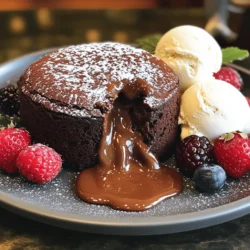 To make a perfect chocolate lava cake, you need a few key items: - 1 cup semi-sweet chocolate chips - ½ cup unsalted butter - 2 large eggs - 2 large egg yolks - ½ cup sugar - 1 teaspoon vanilla extract - ¼ cup all-purpose flour - Pinch of salt - Cocoa powder (for dusting) These ingredients work together to create that rich, molten center. The chocolate chips give the cake its deep flavor, while the butter adds that lovely richness. Eggs and yolks provide structure, while sugar sweetens things up just right. Feeling adventurous? You can add fun flavors to your chocolate lava cake. Here are some ideas: - A splash of espresso for a coffee kick - A teaspoon of orange zest for a citrus twist - A tablespoon of almond extract for a nutty flavor Each of these choices gives your cake a new character. Feel free to mix and match to find your favorite! Choosing high-quality chocolate and butter is key. Look for: - Semi-sweet chocolate with at least 60% cocoa for depth of flavor. - Fresh, unsalted butter for a creamy taste without added salt. These choices help create a dessert that is truly special. Remember, the better your ingredients, the better your cake will be. If you want to explore more about preparing this treat, check out the Full Recipe. Start by preheating your oven to 425°F (220°C). This high heat gives the cake its perfect gooey center. Next, grease four ramekins with butter. Dust them with cocoa powder. This step helps the cakes come out easily. For the chocolate and butter mix, grab a microwave-safe bowl. Add 1 cup of semi-sweet chocolate chips and ½ cup of unsalted butter. Microwave in 30-second intervals. Stir after each interval until it is smooth. This mixture should be rich and shiny. In a separate bowl, whisk together 2 large eggs, 2 egg yolks, and ½ cup of sugar. You want this mixture to be light and fluffy. Add 1 teaspoon of vanilla extract and mix well. Now, pour the melted chocolate mixture into the egg mix. Stir until fully combined. Sift in ¼ cup of all-purpose flour and add a pinch of salt. Gently fold this into your batter. Be careful not to over-mix. Divide the batter into the prepared ramekins, filling them about ¾ full. Bake for 12 to 14 minutes. The edges should be firm, but the center must stay soft. After baking, let the ramekins cool for 1 minute. Carefully run a knife around the edges to loosen the cakes. Invert each ramekin onto a plate. Lift it off gently to reveal the cake. Serve the lava cake while it is warm. Top with vanilla ice cream or whipped cream for a delightful touch. Dust the top with powdered sugar and add fresh berries for color. Enjoy this decadent treat! To get that gooey center, bake the cakes just right. You want the edges firm but the center soft. Keep a close eye on the timer. Start checking at 12 minutes. If the top looks set, it’s time to take them out. One common mistake is overmixing the batter. This can lead to a cake that’s too dense. Stir gently when combining the ingredients. Another mistake is not greasing the ramekins well. If they stick, you won’t have that lovely shape when serving. If you need to make swaps, here are some ideas. Use dairy-free chocolate and vegan butter for a dairy-free version. For gluten-free, try almond flour instead of all-purpose flour. These changes can still give you a delicious lava cake. For the full recipe, check above. {{image_2}} You can easily change the flavor of your lava cake. Try adding a few drops of peppermint extract for a minty twist. You can also mix in some raspberry puree to create a fruity taste. Both options give your cake a unique spin. Experiment with orange zest or espresso for more fun flavors. Each variation adds a new layer of joy to this classic dessert. Making a gluten-free lava cake is simple. Use a gluten-free flour blend instead of all-purpose flour. For a dairy-free option, replace the butter with coconut oil or vegan butter. You can also use dairy-free chocolate chips. These swaps keep the cake soft and gooey. Your guests will love these options just as much as the original! Elevate your lava cake with fun fillings. You can add a spoonful of peanut butter or Nutella in the center before baking. This creates an extra surprise when you cut into the cake. Toppings like fresh berries, whipped cream, or a drizzle of caramel make it even more special. These additions enhance the flavor and look of your dessert. Remember to serve it warm for the best gooey experience. For the full recipe, check out the Decadent Molten Chocolate Lava Cake. Store leftover chocolate lava cake in the fridge. Place cakes in an airtight container. This keeps them fresh for up to three days. If you don’t have a container, wrap each cake tightly in plastic wrap. This method also helps to avoid drying out. To reheat, take the cake out of the fridge. Preheat your oven to 350°F (175°C). Place the cake on a baking sheet. Heat for about 10 minutes. Check to see if the center is warm. You want it gooey, not overcooked. If you prefer the microwave, use a low power setting. Heat for 20-30 seconds. You can freeze chocolate lava cakes for later. Wrap each cooled cake tightly in plastic wrap, then place it in a freezer-safe bag. Label the bag with the date. They can last up to three months in the freezer. To enjoy, thaw overnight in the fridge before reheating. Enjoy the gooey goodness again! For the full recipe, refer back to the main section. You can tell when the lava cake is done by checking the edges. They should be firm, but the center must still look soft. A good rule is to bake for 12 to 14 minutes. If the top looks set but has a slight jiggle, it’s ready. Yes, you can make chocolate lava cake in advance. Prepare the batter and fill the ramekins. Then, cover and chill them in the fridge. When ready, bake them straight from the fridge. Just add a couple of extra minutes to the baking time. If the cake doesn’t ooze chocolate, it likely baked too long. Make sure to time it carefully next time. If you still want a gooey center, you can try baking at a lower temperature for a longer time. Experimenting helps find the perfect time for your oven. Yes, you can make chocolate lava cake without ramekins. You can use muffin tins or silicone molds. Just adjust the baking time, as smaller portions may cook faster. Be sure to grease them well to prevent sticking. You can serve chocolate lava cake with vanilla ice cream or whipped cream. Fresh berries like raspberries or strawberries add a nice touch, too. A drizzle of chocolate sauce can make it even more special. Feel free to get creative! You’ve learned how to make delicious chocolate lava cake at home. We covered key ingredients, step-by-step instructions, and helpful tips. You can try fun flavor variations and even cater to special diets. Storing and reheating your cake will keep it fresh and tasty. Remember, practice makes perfect! Follow these tips to wow your friends and family. Enjoy the sweet reward of your yummy creation!