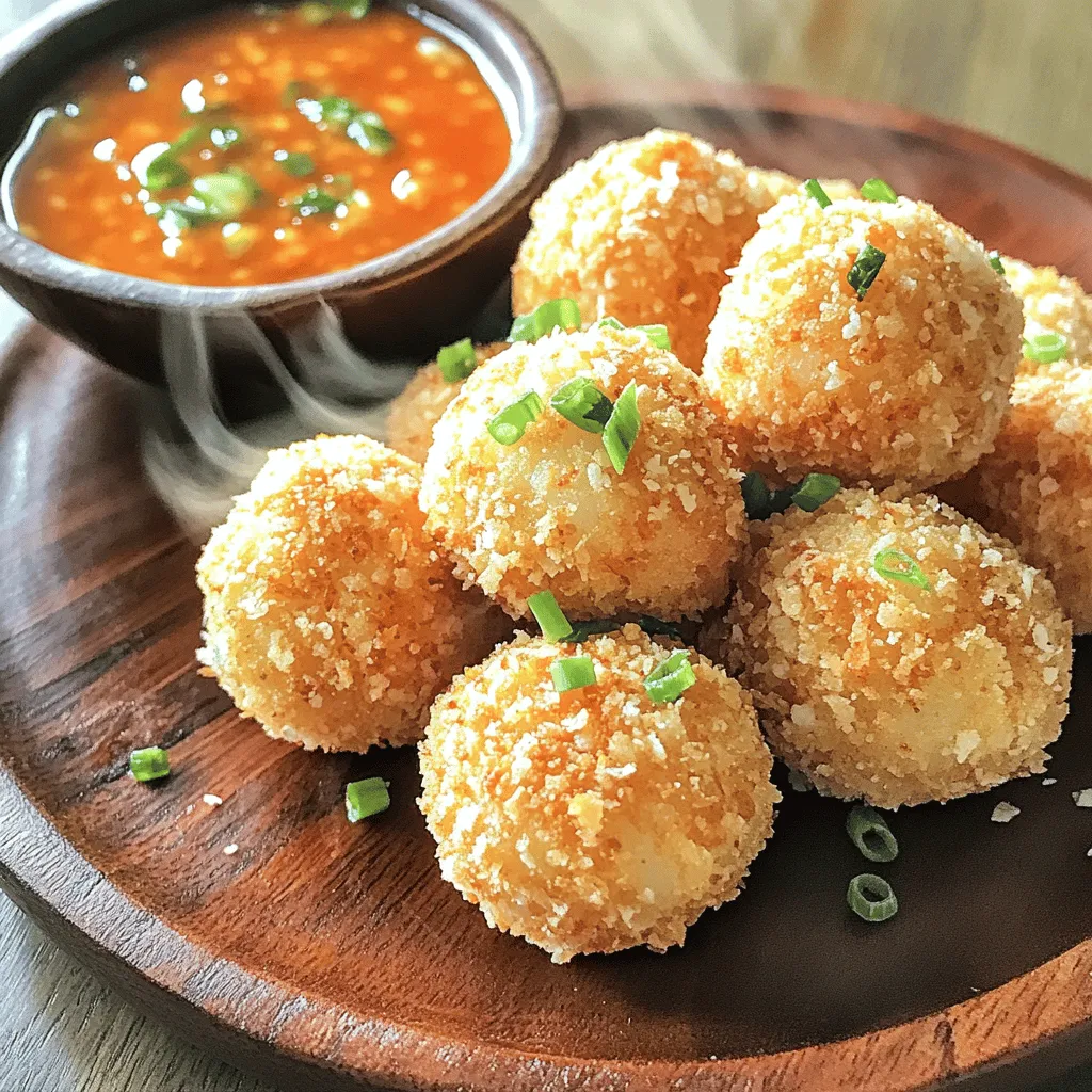 For this recipe, you need 1 pound of fresh shrimp. Make sure they are peeled and deveined. Fresh shrimp adds a sweet taste and a nice texture. You can find them at your local market or seafood shop. Here’s a list of other ingredients you will need: - 1/2 cup breadcrumbs (plus extra for coating) - 1/4 cup green onions, finely chopped - 2 cloves garlic, minced - 1 tablespoon ginger, grated - 1 egg, beaten - 1 tablespoon soy sauce - 1 teaspoon lime juice - Salt and pepper to taste - Vegetable oil, for frying These ingredients help create a mixture that is flavorful and holds together well. To make the sweet chili sauce, gather these ingredients: - 1/2 cup sweet chili sauce - 1 tablespoon lime juice - 1 teaspoon sesame oil - 1 teaspoon sriracha (optional for heat) The sweet chili sauce pairs perfectly with the crispy shrimp balls, adding a tangy touch. You can adjust the heat by adding or skipping the sriracha. For the full recipe, check the entire article. To start, gather your ingredients. Place the fresh shrimp, breadcrumbs, green onions, garlic, ginger, beaten egg, soy sauce, lime juice, salt, and pepper into a food processor. Pulse the mixture until it combines well. It should still have some texture, not a smooth paste. This mix gives the shrimp balls great flavor. Now, take a small amount of the shrimp mixture and roll it into a ball. Aim for a size close to a golf ball. It’s fun to do this by hand. You can feel the mix and shape it just right. Place each ball on a plate as you go. This step helps them hold together when frying. Next, heat vegetable oil in a large skillet. Get it to about 350°F (175°C). Carefully add the shrimp balls in batches. Do not overcrowd the pan; this helps them fry evenly. Cook for about 4-5 minutes. They should turn golden brown. Use a slotted spoon to lift them out and place them on paper towels to drain. This frying method gives you that crispy texture that is so satisfying. For the complete details on how to make these crispy shrimp balls, check out the Full Recipe. To get the best crunch, use fresh shrimp. Fresh shrimp gives a better texture than frozen. When mixing, pulse just enough to keep some chunkiness. This helps with the crispiness when frying. Coat your shrimp balls evenly with breadcrumbs. The more coverage, the crunchier they will be. For an extra layer, you can double coat them. First, dip in egg, then roll in breadcrumbs again. Use hot oil for frying. The right temperature is key. Aim for 350°F (175°C). If the oil is too cool, the balls will soak up oil and become soggy. Fry in small batches to keep the oil hot. Prep your shrimp mixture ahead of time. You can make it the night before and store it in the fridge. This way, when you're ready to cook, everything is ready to go. Use a food processor for quick chopping. It saves time on mixing the shrimp and veggies. Just pulse until you see a good blend. Consider using store-bought sweet chili sauce. It cuts down on prep time. You can still add lime juice and sesame oil for a personal touch. Making your own sweet chili sauce is easy. Just mix sweet chili sauce with lime juice, sesame oil, and sriracha if you like heat. This simple blend adds a fresh zing. Taste your sauce before serving. Adjust the sweetness or heat to suit your taste. If it's too sweet, a dash of lime juice will balance it out. Serve the sauce in a small bowl next to your shrimp balls. This way, it’s easy to dip and enjoy. Don’t forget to use the Full Recipe for more tips on preparation! {{image_2}} If you want a kick, add more heat to your shrimp balls. Use fresh jalapeños or red pepper flakes. Mix them into the shrimp mixture. This will give your dish a nice spicy punch. You can also try using spicy sriracha in the sweet chili sauce. Adjust it to your taste. Want a healthier option? You can bake the shrimp balls instead of frying them. Preheat your oven to 400°F (200°C). Place the shrimp balls on a baking sheet lined with parchment paper. Spray them lightly with cooking oil. Bake for about 20 minutes or until golden and crisp. This method cuts down on oil and calories. You can switch some ingredients if you need to. If you don’t have shrimp, try using crab or a firm fish. For a gluten-free option, use gluten-free breadcrumbs. You can replace soy sauce with coconut aminos for a soy-free version. These swaps keep the flavors rich while catering to your needs. For the complete recipe, check out the Full Recipe section. To keep your crispy shrimp balls fresh, store them in an airtight container. Let them cool completely before you store them. Layer parchment paper between the shrimp balls to prevent sticking. Keep them in the fridge if you plan to eat them within three days. For longer storage, consider freezing. When reheating shrimp balls, use an oven for the best results. Preheat your oven to 350°F (175°C). Place the shrimp balls on a baking sheet and heat for about 10-15 minutes. This method keeps them crispy. You can also use an air fryer at 350°F (175°C) for 5-7 minutes. Avoid the microwave, as it can make them soggy. Freezing is a great option if you want to save some shrimp balls for later. After forming the balls, place them on a baking sheet in a single layer. Freeze them for about an hour until solid. Then, transfer the frozen shrimp balls to a freezer bag. They can last up to three months in the freezer. When you're ready to eat, cook them straight from frozen. Just add a few extra minutes to your frying time. Follow the full recipe for tips on cooking from frozen. You can tell the shrimp balls are cooked when they are golden brown. They should feel firm and bounce back when you press them lightly. If you cut one open, it should be opaque inside, not translucent. Cooking usually takes about 4-5 minutes in hot oil. Always use a thermometer to check the oil temperature. This helps ensure even cooking. Yes, you can prepare the shrimp balls in advance. After forming them, place the balls on a tray. Cover the tray with plastic wrap and store it in the fridge for up to 24 hours. If you want to store them longer, freeze the balls on the tray first. Once frozen, transfer them to a freezer bag. They can stay fresh for up to three months. Crispy shrimp balls pair well with many sides. Here are some ideas: - Fresh salad with a light dressing - Steamed rice or jasmine rice - A side of vegetable stir-fry - Sliced cucumbers or carrots for crunch - Extra sweet chili sauce for dipping Feel free to explore different combinations! You learned how to make delicious shrimp balls from fresh shrimp and other key ingredients. We covered how to prepare, form, and fry these tasty treats. Remember the tips for maximum crispiness and variations like spicy or baked shrimp balls. Proper storage and reheating keep them fresh. Feel free to make them ahead and serve with your favorite sauces. Enjoy your cooking tips and new recipes!