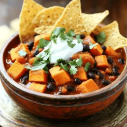 - 2 medium sweet potatoes, peeled and diced - 1 can (15 oz) black beans, rinsed and drained - 1 can (14 oz) diced tomatoes (with juices) - 1 medium onion, chopped - 2 cloves garlic, minced - 1 bell pepper (any color), chopped - 1 tablespoon chili powder - 1 teaspoon cumin - 1 teaspoon smoked paprika - 1/2 teaspoon cinnamon - 2 cups vegetable broth - 1 tablespoon olive oil - Salt and pepper to taste Sweet potatoes bring a natural sweetness and creamy texture. Black beans add protein and fiber, making this chili hearty. Diced tomatoes offer acidity and balance. Onions and garlic provide a base of flavor that makes every bite satisfying. Bell peppers add a crunch and sweetness that complements the other ingredients. The spices, like chili powder and cumin, create warmth and depth. - Fresh cilantro - Sour cream or Greek yogurt - Tortilla chips or crusty bread Garnishing your chili adds a pop of color and flavor. Fresh cilantro brightens each bowl. A dollop of sour cream or Greek yogurt adds creaminess and cuts through the spice. Pairing with tortilla chips or crusty bread gives you that satisfying crunch. For the full recipe, refer to the earlier section. Start by gathering your ingredients. You will need sweet potatoes, black beans, diced tomatoes, onion, garlic, and bell pepper. - Sweet Potatoes: Peel and dice two medium sweet potatoes into small cubes. - Onion and Garlic: Chop one medium onion and mince two cloves of garlic. - Bell Pepper: Chop one bell pepper. You can choose any color you like. - Spices: Measure out chili powder, cumin, smoked paprika, and cinnamon. This preparation helps your cooking flow smoothly. 1. Heat the Oil: In a large pot, heat one tablespoon of olive oil over medium heat. 2. Sauté Onion and Garlic: Add the chopped onion. Cook until it is soft and translucent, about five minutes. Then, stir in the minced garlic and chopped bell pepper. Cook for another two to three minutes until fragrant. 3. Add Sweet Potatoes and Spices: Next, add your diced sweet potatoes, chili powder, cumin, smoked paprika, and cinnamon. Stir everything well so that the sweet potatoes get coated with the spices. 4. Combine with Tomatoes and Broth: Pour in one can of diced tomatoes with their juices and two cups of vegetable broth. Stir to mix. Bring this mixture to a boil. 5. Simmer Until Tender: Once it boils, lower the heat. Cover the pot and let it simmer for about 25 minutes. Check the sweet potatoes; they should be tender. 1. Stir in Black Beans: After the sweet potatoes are done, add one can of rinsed and drained black beans. 2. Adjust Seasonings: Taste your chili. Add salt and pepper as needed to enhance the flavor. 3. Presentation Recommendations: Serve your chili in bowls. Garnish with fresh cilantro. A dollop of sour cream or Greek yogurt adds creaminess. Pair it with crusty bread or tortilla chips for some extra crunch. This recipe makes a warm, comforting meal that you and your loved ones will enjoy. For the full recipe, check out Sweet Potato & Black Bean Chili. To make your sweet potato and black bean chili even tastier, try adjusting the spices. If you like more heat, add a pinch of cayenne pepper or some diced jalapeños. For a richer taste, use smoked paprika instead of regular paprika. Fresh herbs can also boost flavor. Fresh cilantro adds zest, while fresh lime juice brightens every bite. When it comes to ingredients, using fresh veggies will give your chili a vibrant taste. However, canned black beans and diced tomatoes save time and still work well. Rinse the beans well to remove excess salt. This helps keep the chili balanced. For the best chili, choose a heavy-bottomed pot or a Dutch oven. These pots heat evenly, preventing burning. Start by sautéing your onions and garlic until soft. This step adds depth to your chili. After adding your sweet potatoes and spices, remember to stir well. Simmering is key to blending flavors. Let the chili cook slowly over low heat. This allows the sweet potatoes to soften and the spices to infuse. Don't rush this step—good chili takes time! Meal prep can make cooking easier. Chop your sweet potatoes, onions, and peppers ahead of time. Store them in the fridge for quick access. You can also cook a larger batch and freeze half for later. Using a slow cooker or Instant Pot can save time too. Just toss all ingredients in and let them cook while you do other things. This method also makes the flavors meld beautifully. For a full recipe, check out the Sweet Potato & Black Bean Chili. {{image_2}} You can easily make this Sweet Potato and Black Bean Chili vegan. The recipe is already plant-based. Just skip any dairy toppings. Instead, try avocado or lime juice for added flavor. For gluten-free options, this chili is perfect as is. All the ingredients are naturally gluten-free. Just ensure your vegetable broth is also gluten-free. Feel free to swap out black beans for other beans like kidney or pinto beans. Each bean adds its own flavor and texture. You can also add more vegetables. Corn, zucchini, or carrots work well. Changing spices can boost your chili’s taste. Add cayenne for heat or oregano for earthiness. Experiment with fresh herbs like basil or thyme for a twist. This chili pairs well with crusty bread or tortilla chips. These options add great crunch and flavor. You can also serve it over rice or quinoa for a hearty meal. If you have leftovers, think outside the bowl. Use the chili as a filling for tacos or burritos. You can even mix it into scrambled eggs or on top of baked potatoes. For the full recipe, check out the earlier section. It will guide you through making this delicious chili step-by-step. Store your chili in an airtight container. This keeps it fresh and tasty. You can keep it in the fridge for up to five days. If you want it to last longer, consider freezing it. To freeze your chili, let it cool completely first. Then, use freezer-safe containers or bags. Remove as much air as possible before sealing. This helps prevent freezer burn. When you're ready to eat, thaw it overnight in the fridge. You can reheat chili on the stovetop or in the microwave. For the stovetop, pour it into a pot and heat over medium. Stir often to keep it from sticking. For the microwave, use a microwave-safe bowl. Heat in one-minute bursts, stirring in between. This keeps the texture nice and smooth. Enjoy your Sweet Potato and Black Bean Chili warm and flavorful! You can serve this chili with many sides. Here are some great options: - Crusty bread or rolls - Tortilla chips - Rice or quinoa - A fresh green salad - Cornbread These sides add texture and balance the flavors of the chili. Yes, you can make this chili ahead of time. It's a great meal prep option. The flavors deepen as it sits. Store it in the fridge for up to four days. You can also freeze it for up to three months. Just thaw and reheat before serving. Meal prepping makes busy nights easier. To add heat, try these options: - Add diced jalapeños to the pot. - Stir in cayenne pepper. - Use hot chili powder instead of regular. - Top with spicy salsa or hot sauce. These adjustments will give your chili a nice kick. Yes, you can use fresh black beans. However, cooking dried beans takes longer. Soak them overnight and boil until tender. Canned beans are quicker and easier. They are already cooked, just rinse and add them to the chili. This chili can be kid-friendly. To adjust the flavors: - Reduce the spice level by using less chili powder. - Serve it with toppings like cheese or sour cream. - Pair it with mild sides like bread or rice. These tips help make it more appealing to children. Sweet potato and black bean chili is nourishing and easy to make. We covered main ingredients, prep, and cooking steps, plus tips to enhance flavor. You can adapt the recipe for your diet and store leftovers well. Enjoy this chili alone or with toppings like sour cream or fresh cilantro. With simple swaps and additions, this dish can fit any palate. Dive in and make this chili today; it's a warm hug in a bowl.