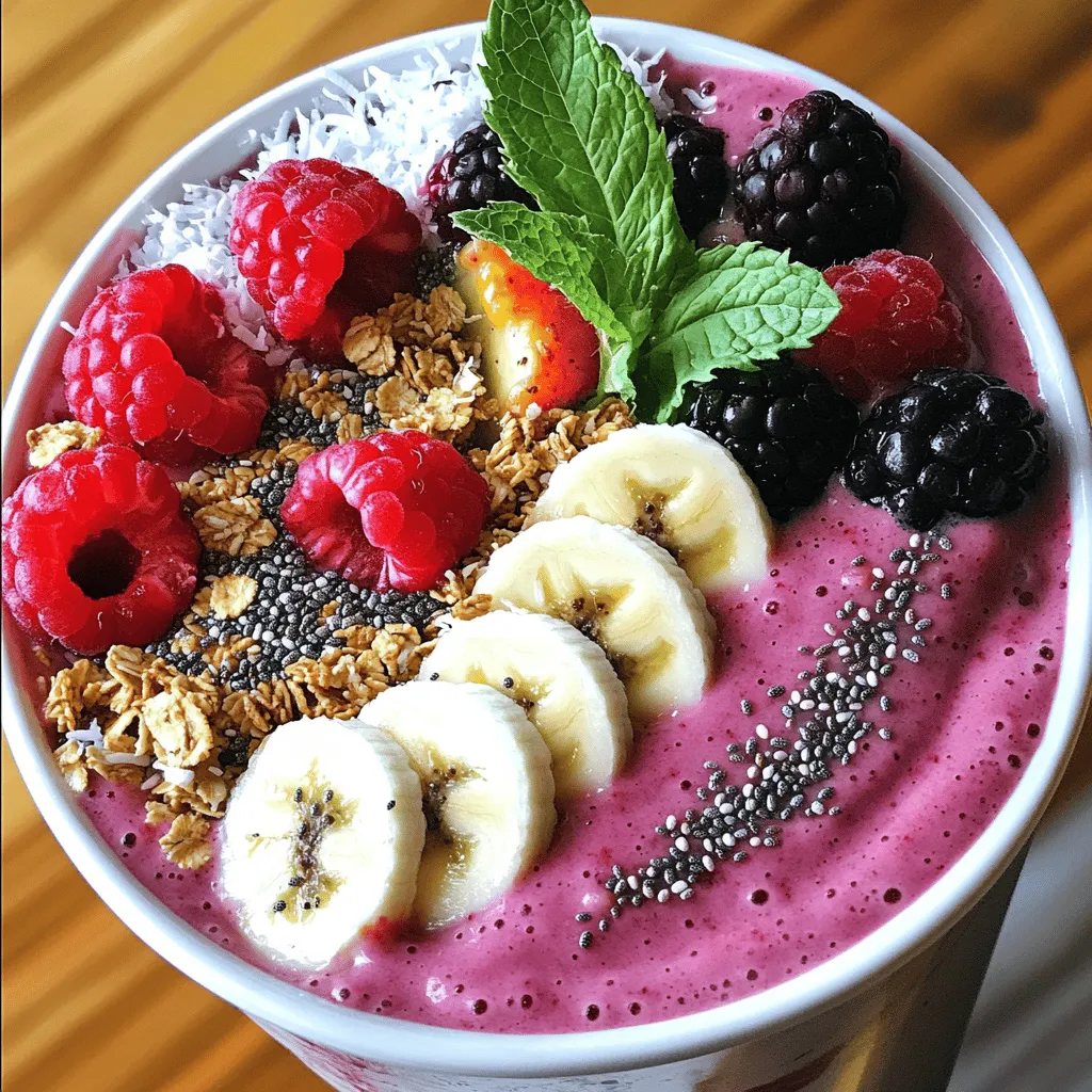 The berry smoothie bowl is a tasty treat that packs a punch. It takes only ten minutes to make. This recipe serves two and is perfect for breakfast or a snack. You will blend fruit, yogurt, and milk to create a creamy base. Then, you can add your favorite toppings for extra flavor and fun. Check out the full recipe above for all the details. To make a great berry smoothie bowl, you need the following key ingredients: - 1 cup frozen mixed berries (strawberries, blueberries, raspberries) - 1 banana, sliced - ½ cup Greek yogurt (or dairy-free alternative) - ½ cup almond milk (or any milk of choice) - 1 tablespoon honey or maple syrup (optional) These ingredients give you a smooth and creamy base, full of flavor and nutrients. The berries add sweetness and vibrant color. The banana helps thicken the mix while adding a natural sweetness. Greek yogurt gives it a creamy texture and adds protein. Almond milk makes the mix easy to blend. You can also use some optional ingredients to boost your smoothie bowl: - Fresh berries for topping - Sliced banana for extra sweetness - Granola for crunch - Chia seeds for added nutrition - Shredded coconut for a tropical twist - Mint leaves for a fresh touch These extras allow you to customize your bowl. You can create a different flavor or texture with each topping you choose. Enjoy mixing and matching to find your favorite combination! To make your berry smoothie bowl, start with the right ingredients. Gather these items: - 1 cup frozen mixed berries (strawberries, blueberries, raspberries) - 1 banana, sliced - ½ cup Greek yogurt (or a dairy-free alternative) - ½ cup almond milk (or any milk you like) - 1 tablespoon honey or maple syrup (optional) In a high-speed blender, add the frozen mixed berries, sliced banana, Greek yogurt, almond milk, and honey or maple syrup. Ensure the blender is clean for the best taste. Blend the mixture on high until it is smooth and creamy. You want no lumps. If the smoothie is too thick, add a little more almond milk. This will help you reach the perfect consistency. You can stop and scrape down the sides to mix everything well. Pour the smoothie mixture into a bowl. This is where you can show your creativity. Use your favorite toppings to make it look nice. I recommend adding fresh berries, sliced banana, granola, chia seeds, or shredded coconut. You can even use mint leaves for a pop of color. The Full Recipe provides all the steps and tips to make your bowl look great! When selecting berries, freshness is key. Look for bright colors and no soft spots. Choose berries that smell sweet. They should feel firm and plump. Frozen berries are great if fresh ones are not available. They keep their taste and nutrients well. Always wash fresh berries before use. This step helps remove dirt and pesticides. A good blender makes a big difference. Look for a high-speed blender that crushes ice easily. Brands like Vitamix or Ninja are popular choices. They blend smoothly and quickly. If you want to save money, a personal blender will work too. Just ensure it has enough power to mix frozen fruits. Presentation can make your bowl special. Use a wide bowl for easy topping placement. Pour the smoothie mixture gently to avoid splashing. Arrange your toppings in sections for a colorful look. Use fresh fruits, nuts, and seeds for texture. A sprinkle of chia seeds adds a nice touch. Finish with a mint leaf for a pop of color. Enjoy the beauty as much as the taste! {{image_2}} You can easily make this berry smoothie bowl dairy-free and vegan. To do this, just swap the Greek yogurt for a dairy-free alternative. Almond, coconut, or cashew yogurt works great. Use plant-based milk, like almond or oat milk, to keep it vegan. This way, you enjoy all the creamy goodness without any dairy. Get creative with flavor! For a tropical twist, add pineapple or mango to the mix. Blend these fruits with your berries for a sunny vibe. If you love chocolate, stir in cocoa powder or chocolate protein powder. You can also add nut butter, like almond or peanut, for a nutty flavor. These options keep your smoothie bowl exciting and fun! Seasonal toppings bring freshness and variety to your smoothie bowl. In summer, use fresh strawberries, blueberries, and peaches. In fall, consider pumpkin seeds or sliced apples. Winter can welcome pomegranate seeds or citrus slices. You can also add nuts, seeds, or granola for a crunchy texture. This keeps your bowl not only tasty but also colorful and appealing. Check out the Full Recipe for more ideas! If you have leftover smoothie bowl, store it in the fridge. Use an airtight container to keep it fresh. Smoothie bowls are best eaten within a day. After that, the texture may change. If you want to save it longer, freezing is a better option. You can freeze smoothie ingredients in advance to save time. Just prepare your fruit and yogurt. Place them in a freezer bag. Push out as much air as you can to avoid freezer burn. This makes it easy to blend your smoothie bowl later. When you’re ready, simply grab the bag and blend it frozen. It’s quick and easy! To keep your smoothie bowl fresh, store it properly. Always use clean tools when serving. This helps prevent spoilage. If you add toppings, keep them separate until you eat. Fresh fruit, nuts, or seeds can go bad quickly. Enjoy your delicious berry smoothie bowl from the [Full Recipe] with these easy tips! Smoothie bowls are great for your health. They pack a lot of nutrients. Here are some key benefits: - Vitamins and Minerals: Frozen mixed berries are rich in vitamins C and K. - Fiber: The fruit and yogurt add fiber, which helps digestion. - Protein: Greek yogurt boosts protein, keeping you full longer. - Antioxidants: Berries contain antioxidants that help your body fight free radicals. Eating a smoothie bowl can give you energy and improve your mood. Plus, they can help you reach your daily fruit intake. Yes, you can! Customizing your toppings makes your smoothie bowl unique. Here are some ideas for toppings: - Fresh Berries: Strawberries, blueberries, and raspberries add color and flavor. - Sliced Banana: Bananas add sweetness and creaminess. - Granola: Granola gives a nice crunch and adds fiber. - Chia Seeds: Chia seeds are rich in omega-3 fatty acids. - Shredded Coconut: Coconut adds a tropical taste. - Mint Leaves: Mint gives a fresh flavor and brightens the bowl. Feel free to mix and match. Use what you love! You can control the thickness of your smoothie bowl easily. Here’s how: - To Make Thicker: Use less liquid, like almond milk. You can also add more frozen fruit. - To Make Thinner: Add more liquid, like almond milk or water. Blend until you reach your desired consistency. Adjusting the thickness lets you enjoy your smoothie bowl just how you like it. For the full recipe, check out the Berry Bliss Smoothie Bowl! This blog post covered the right ingredients and steps for a tasty berry smoothie bowl. You learned essential ingredients, blending tips, and how to serve it nicely. I shared ways to pick the best berries and ideas for flavor twists. Remember, you can store leftovers and freeze extras for later. Smoothie bowls are healthy and fun to make. Enjoy creating your perfect blend and topping it just how you like! With practice, your smoothie bowls will impress everyone.
