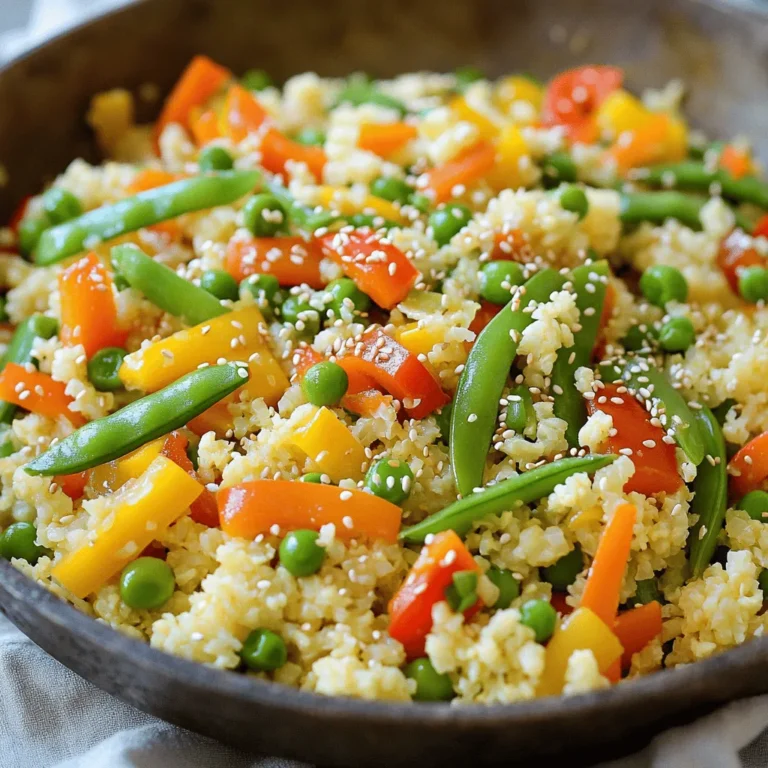 To make a tasty cauliflower rice stir-fry, gather these key items: - 1 medium head cauliflower (to make rice) - 1 cup mixed bell peppers, diced (red, yellow, green) - 1 carrot, julienned - 1 cup snap peas, trimmed - 2 green onions, chopped - 3 cloves garlic, minced - 1 tablespoon grated ginger - 3 tablespoons soy sauce (or tamari for gluten-free) - 1 tablespoon sesame oil - 1 tablespoon olive oil - 1 teaspoon sesame seeds (for garnish) - Salt and pepper to taste These fresh vegetables give color and crunch. Cauliflower serves as a great rice substitute. You can get creative with add-ins and toppings. Here are some ideas: - Cooked chicken, shrimp, or tofu for protein - Chopped nuts like cashews or almonds for crunch - Fresh herbs like cilantro or basil for extra flavor - A splash of lime juice for brightness - Hot sauce for heat Feel free to mix and match based on what you have. Cauliflower rice is low in carbs and calories. It offers a good dose of vitamins C and K. The mixed veggies add fiber and antioxidants. This meal is packed with nutrients while being quick to prepare. It fits well into a healthy eating plan. Enjoy a delicious meal that nourishes your body without compromising flavor. For the full recipe, check out the section above! To start, you need to make the cauliflower rice. Take a medium head of cauliflower. Remove the leaves and stem. Cut it into small florets. You can use a food processor or a box grater. Pulse the florets until they look like rice. This will take about 30 seconds. If you use a box grater, it will take a bit longer. Set the cauliflower rice aside for later. Next, heat a large skillet or wok on medium-high heat. Add one tablespoon of olive oil. Once the oil is hot, toss in three cloves of minced garlic and one tablespoon of grated ginger. Stir quickly for about 30 seconds. This will bring out the nice aroma. Then, add one cup of diced bell peppers, one julienned carrot, and one cup of trimmed snap peas. Stir-fry these veggies for about 3 to 4 minutes. You want them to be tender but still a little crisp. Now it’s time to add the cauliflower rice. Stir it into the pan with the vegetables. Mix well and cook for another 5 to 7 minutes. You want the cauliflower to be tender and heated through. Once that’s done, drizzle three tablespoons of soy sauce and one tablespoon of sesame oil over the mix. Stir everything well to combine. Finally, season with salt and pepper to taste. Remove it from heat and top with chopped green onions and a sprinkle of sesame seeds. Serve your delicious cauliflower rice stir-fry right away! For the full recipe, check the details above. To make great cauliflower rice, start with a fresh head of cauliflower. Cut the head into florets. Use a food processor to pulse it into small bits. Aim for the size of real rice grains. If you don’t have a food processor, a box grater works too. Make sure to avoid over-processing, or it will turn mushy. To boost flavor, always sauté garlic and ginger first. This step wakes up the dish and adds depth. Use a mix of colorful bell peppers for a vibrant look. They also add sweetness and crunch. Add a splash of soy sauce and sesame oil for umami flavors. Don’t forget to season with salt and pepper. One mistake is using wet cauliflower rice. It can make your stir-fry soggy. Always dry it well after processing. Another error is overcooking the veggies. You want them tender-crisp, not mushy. Lastly, don’t skip the sesame seeds; they add a nice crunch and finish. For the full recipe, check out the detailed instructions above. {{image_2}} You can easily make this dish vegetarian or vegan. Just skip any meat and focus on veggies. Use more colorful peppers, carrots, and snap peas for extra crunch. You can also add mushrooms for a meaty texture. For flavor, sprinkle in some nutritional yeast. It gives a cheesy taste without dairy. Feel free to mix in any vegetables you love. Broccoli, zucchini, and spinach all work well. Adding protein boosts the meal's heartiness. For a chicken version, use diced, cooked chicken. Just toss it in when you add the cauliflower rice. If you prefer tofu, use firm tofu and cube it. Sauté it until golden brown before mixing it with the veggies. Shrimp also makes a great addition. Cook them until pink and add them with the cauliflower rice. If you want more grain-free options, try other veggies. You can use shredded zucchini or spiralized carrots for a twist. They add flavor and keep it light. Another option is to mix in some chopped nuts, like cashews or almonds. They add crunch and healthy fats. These alternatives keep your meal exciting and fresh. For the full recipe, check the details above. You can keep leftover cauliflower rice stir-fry in the fridge. Place it in an airtight container. It stays fresh for up to three days. For best taste, eat it within two days. Make sure it cools down before sealing. This helps prevent moisture build-up. Freezing is a great option if you want to save some stir-fry for later. Use a freezer-safe container or bag. Leave some space at the top for expansion. It can last for about one month in the freezer. When you’re ready to eat, let it thaw in the fridge overnight. Reheat your stir-fry on the stove for best results. Use medium heat and add a splash of water or oil. This keeps it moist and tasty. Stir often until it’s heated through. You can also microwave it. Cover with a microwave-safe lid and heat for about two minutes. Stir halfway through to avoid hot spots. For more tips, check the Full Recipe. Cauliflower rice is a low-carb alternative to regular rice. You make it by grating or processing cauliflower into small pieces. It has a mild flavor and absorbs the taste of spices and sauces well. This makes it a great base for many dishes, including stir-fries. Yes, you can prepare cauliflower rice ahead of time. Simply grate or process the cauliflower and store it in an airtight container. It will last in the fridge for about 3-5 days. You can also freeze it for up to a month. Just make sure to thaw it before cooking. To make cauliflower rice stir-fry gluten-free, swap regular soy sauce for tamari. Tamari is made without wheat and has a similar taste to soy sauce. Always check labels to ensure products are gluten-free. This way, everyone can enjoy this tasty dish! You can serve cauliflower rice stir-fry with many options. Try adding grilled chicken, shrimp, or tofu for protein. A side of steamed broccoli or a fresh salad works well too. You can even pair it with a light sauce or dressing to elevate the flavors. For the complete cooking instructions, check out the Full Recipe. In this post, we explored how to make a tasty cauliflower rice stir-fry. We covered key ingredients and optional add-ins for flavor. You learned step-by-step instructions, handy tips, and variations like vegetarian options. Storage ideas were also shared to keep your leftovers fresh. Remember, you can customize your dish to fit your taste. Enjoy making this healthy meal that’s simple and fun!