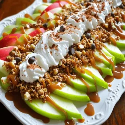 Gather these simple ingredients for your caramel apple nachos. They are easy to find and fun to use. - 2 large apples (Granny Smith or Honeycrisp) - 1 cup granola - ½ cup caramel sauce - ¼ cup mini chocolate chips - ¼ cup crushed nuts (walnuts, almonds, or pecans) - ½ teaspoon cinnamon (optional) - Whipped cream (optional for drizzling) Each ingredient adds its own special touch. The apples give a crisp bite. Granola adds crunch. Caramel sauce brings sweetness. Chocolate chips add extra joy. Nuts give you a nice texture. Cinnamon can warm up the flavors. Whipped cream makes it feel fancy. You can find the full recipe for more details on how to prepare this delightful treat. First, wash the apples well. You want to remove any dirt. Then, slice the apples into thin wedges. Keeping the skins on adds flavor. It also gives you some extra nutrients. Next, lay the apple slices on a large platter. Make sure they are in a single layer. This helps with even toppings. Now, drizzle caramel sauce over the apple slices. Ensure each slice gets a nice coating. Now, it’s time to add toppings! Start by sprinkling granola over the apples. The granola adds a nice crunch. Then, scatter mini chocolate chips on top. They give a sweet touch. If you like nuts, add crushed walnuts, almonds, or pecans. For an extra flavor boost, sprinkle a little cinnamon. Lastly, drizzle whipped cream before serving. This makes it even more delightful! Enjoy your caramel apple nachos right away for the best taste. For the best flavor and crunch, I recommend using Granny Smith or Honeycrisp apples. Granny Smith apples are tart and crisp, while Honeycrisp apples are sweet and juicy. Both types hold up well when sliced. When slicing apples, use a sharp knife for clean cuts. Cut each apple into thin wedges. Keeping the skin on adds flavor and nutrients. If you worry about browning, toss slices in a bit of lemon juice. Making your caramel sauce is easy! Here’s a simple recipe: - Ingredients: - 1 cup sugar - 6 tablespoons butter - ½ cup heavy cream - 1 teaspoon vanilla extract Instructions: 1. In a saucepan, heat sugar over medium heat. Stir until melted and golden. 2. Add butter and stir until melted. 3. Slowly pour in the heavy cream while stirring. 4. Remove from heat and mix in vanilla. You can store this caramel sauce in a jar. Keep it in the fridge for up to two weeks. Just warm it up before using! Make your caramel apple nachos look amazing! Start by arranging the apple slices in a circular pattern on a large platter. Drizzle caramel sauce evenly over the top. For a fun touch, use colorful sprinkles or edible glitter as a garnish. You can also top with fresh mint leaves for a pop of green. This makes your dish not only tasty but beautiful too! {{image_2}} You can make caramel apple nachos even more fun! Try different toppings like: - Crushed cookies (Oreo or graham crackers) - Sliced bananas or strawberries - Shredded coconut - Drizzles of peanut butter or chocolate sauce Seasonal fruits can also add flair. In fall, use pears or figs. In summer, fresh berries work great too. These variations keep your dessert fresh and exciting. If you need a nut-free option, skip the nuts. Use seeds like pumpkin or sunflower instead. They add crunch without the allergens. For a vegan treat, use dairy-free caramel and chocolate chips. You can make your nachos just as delicious while meeting dietary needs. Caramel apple nachos are perfect for parties or movie nights. They are fun to share and easy to make. I love serving them at fall gatherings or Halloween parties. Pair your nachos with drinks like apple cider or hot chocolate. These drinks complement the sweet and creamy flavors of the nachos perfectly. Enjoy the mix of tastes and textures! To keep your caramel apple nachos fresh, use an airtight container. This will help keep the apples crisp and the toppings intact. Store the nachos in the fridge for up to two days. However, I recommend enjoying them right after making them. The longer they sit, the softer they become. If you need to reheat your nachos, do so gently. Place them on a plate and warm them in the microwave for about 10 to 15 seconds. Check them often to avoid overheating. Do not reheat them too much, or the apples will get mushy. Avoid the oven, as it can dry out the ingredients. You can freeze the components, but not the finished nachos. Apples may become watery when thawed. For best results, freeze the caramel sauce and toppings separately. Use freezer-safe bags for storage. When you're ready to enjoy, thaw the sauce and toppings in the fridge overnight before assembling your nachos. Yes, you can prepare some parts ahead. Slice the apples and store them in water with lemon juice. This keeps them fresh and bright. You can also make the caramel sauce in advance. Just warm it up before serving. Assemble the nachos right before you eat. This keeps everything crunchy and tasty. Granny Smith and Honeycrisp are top choices. Granny Smith offers a tart taste that balances the sweet caramel. Honeycrisp gives a sweet crunch, making each bite delightful. Choose apples that are firm and fresh. This way, your nachos stay crisp. Use fewer toppings or opt for lighter choices. Swap the caramel sauce for a yogurt dip. Choose a low-calorie granola or nuts. You can also leave out the whipped cream. These changes still keep the flavor while cutting calories. Yes, just select gluten-free granola. Most nuts and fruits are gluten-free, so you're safe there. Check labels on your caramel sauce to ensure it’s gluten-free as well. Making these small changes allows everyone to enjoy this treat without worry. Caramel apple nachos are a fun and tasty treat. We explored the key ingredients, from fresh apples to toppings and sauces. We also learned how to prepare, store, and serve them. You can add your twist with different flavors or dietary options. Enjoy these nachos at parties or as a sweet snack. Remember, the best memories happen around good food. So get creative, share them with friends, and make delicious moments!