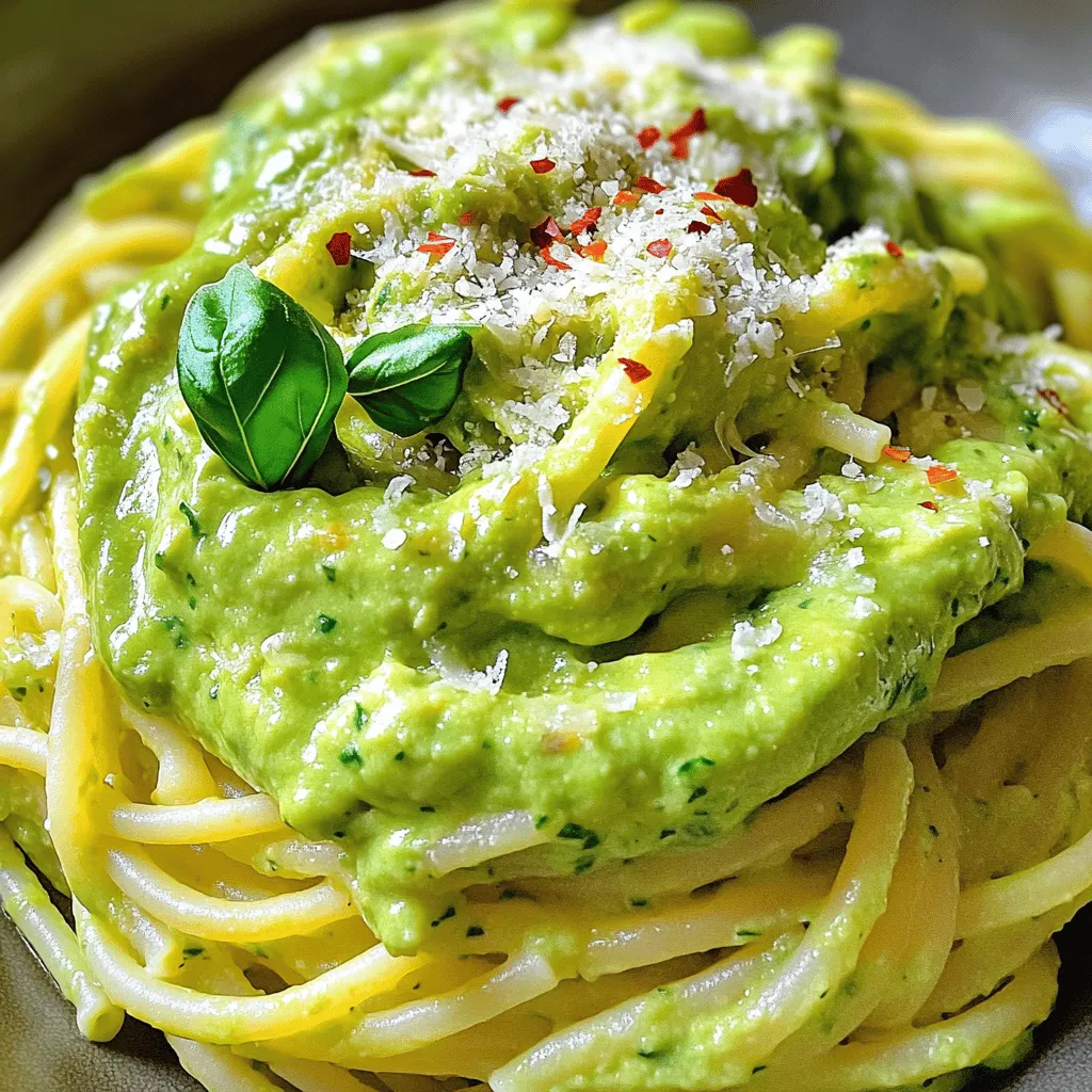 - 12 ounces spaghetti or your pasta of choice - 2 ripe avocados - 1/4 cup fresh basil leaves - 2 cloves garlic - 1 tablespoon lemon juice - 1/4 cup olive oil - Salt and pepper to taste - 1/4 teaspoon red pepper flakes - Grated Parmesan cheese for serving When I make creamy avocado pasta, I stick to simple, fresh ingredients. The main stars are the ripe avocados and fragrant basil. They give the sauce a lovely green color and rich taste. Using 12 ounces of spaghetti, or any pasta you love, makes this dish filling and fun. For added flavor, I always include garlic. Just two cloves do the trick. A little lemon juice brightens the sauce, while olive oil helps it blend smoothly. You can also add salt and pepper to make it just right for your taste. If you want to spice things up, try red pepper flakes. They add a nice kick! Grated Parmesan cheese is a great topping too. It adds saltiness and creaminess that complements the sauce. To see how to put these ingredients to work, check the Full Recipe. Start by boiling salted water in a large pot. Add your pasta and cook it until al dente. This usually takes about 8 to 10 minutes, depending on the type of pasta. Once done, reserve one cup of pasta water before you drain the rest. This water is key for adjusting the sauce later. In a food processor, combine two ripe avocados, fresh basil leaves, minced garlic, lemon juice, and olive oil. Blend these ingredients together until they turn smooth and creamy. If the sauce feels too thick, add a little of the reserved pasta water. Blend again until you reach your desired texture. Now, season the avocado sauce with salt and pepper. If you like a bit of heat, add optional red pepper flakes. Mix the hot pasta with the sauce in a large bowl. Toss until the pasta is well coated. If the sauce needs to stick better, add more reserved pasta water. Serve your creamy avocado pasta in bowls and top with grated Parmesan cheese if you wish. Enjoy your meal! For more details, check the Full Recipe. To make creamy avocado pasta, you need ripe avocados. Look for avocados that feel slightly soft when you press them. If they are hard, they are not ready yet. Ripe avocados will have a darker skin. You can also check the stem; if it pops off easily and is green underneath, it’s ripe. For the best flavor and texture, use avocados that are perfectly ripe. To ensure a creamy texture, avoid overripe avocados. They can be brown and mushy. Store ripe avocados in the fridge to keep them fresh longer. If you buy them unripe, place them in a paper bag with a banana. This helps them ripen faster. Cooking pasta the right way matters. Start with a big pot of salted boiling water. Add the pasta and stir to prevent sticking. Cook according to the package instructions until it is al dente. This means it should be firm but not hard. Reserving pasta water is key. Set aside one cup of the water before draining the pasta. This water is starchy and will help the sauce stick to the pasta later. Garnishing can elevate your creamy avocado pasta. Try adding fresh basil leaves on top for color and taste. Grated Parmesan cheese also adds a nice touch. If you like a bit of spice, sprinkle some red pepper flakes over the dish. For side dishes, consider a fresh salad or garlic bread. A crisp white wine pairs well, too. You can also serve it with lemon water for a refreshing drink. These options will enhance your meal and make it more enjoyable. For the full recipe, check the section above. {{image_2}} You can easily add protein to your creamy avocado pasta. Grilled chicken or shrimp works great. Simply grill your chicken or shrimp until cooked, then mix it into the pasta. The protein enhances the dish and makes it more filling. If you want a vegetarian option, try adding chickpeas. They add texture and protein, making the pasta hearty. Just rinse canned chickpeas and stir them in before serving for a quick boost. For those with dietary restrictions, there are great options. You can use gluten-free pasta if you want to avoid wheat. Many brands offer tasty alternatives made from rice or lentils. If you are vegan, consider using dairy-free cheese. There are many plant-based cheeses available that melt well. They will add creaminess without the dairy, keeping your dish delicious and satisfying. Want to amp up the flavor? You can add spices or herbs to your sauce. A pinch of garlic powder or fresh herbs like oregano can make a big difference. You could also try adding nuts or seeds. Toasted pine nuts or sunflower seeds mix well into the sauce and add crunch. These additions not only boost flavor but also add extra nutrients. The creamy avocado base pairs well with any of these new flavors. For the full recipe, check out the detailed instructions above! To keep creamy avocado pasta fresh, place it in an airtight container. This helps avoid air exposure and keeps the dish from turning brown. Always let the pasta cool down to room temperature before sealing. If you have extra sauce, store it separately to maintain its creamy texture. You can freeze avocado pasta, but it's best to freeze only the sauce. Freezing the entire dish may change the texture of the pasta. To freeze, place the sauce in a freezer-safe container. When ready to eat, thaw the sauce in the fridge overnight. Reheat gently on the stove, adding a bit of water for smoothness. Creamy avocado pasta lasts about three days in the fridge. Look for changes in color or texture as signs of spoilage. If it smells off or develops mold, it’s best to discard it. Always check before enjoying your leftovers. For the full recipe, visit the previous sections. You can store creamy avocado pasta in the fridge for about 2 days. The sauce may darken due to oxidation. To slow this, cover it tightly. Use an airtight container to keep it fresh. Yes, you can use frozen avocados. Thaw them first before blending. The texture may be slightly different but still tasty. Frozen avocados work well in this creamy sauce. This dish pairs well with many sides. Here are some ideas: - Garlic bread for a crunchy bite - A fresh green salad with lemon dressing - Grilled vegetables for added flavor - Roasted chicken or shrimp for protein These options enhance your meal and make it more complete. Enjoy experimenting! In this blog post, we explored how to make creamy avocado pasta, covering key ingredients and instructions. We discussed selecting ripe avocados and cooking pasta to perfection. I shared tips on flavor variations and protein additions to suit your needs. You also learned how to store leftovers properly. Enjoying this dish is easy and satisfying. You can mix it up with different flavors or ingredients. This recipe is a great way to eat healthy and delicious food that everyone will love. Try it today and see for yourself!
