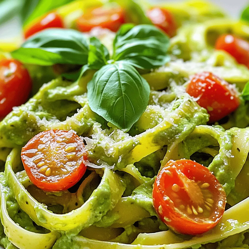 - 2 ripe avocados - 12 oz pasta (linguine or spaghetti) - 2 cloves garlic - 2 tablespoons lemon juice - 1/4 cup fresh basil leaves - 1/4 cup grated Parmesan cheese (or nutritional yeast) - 1/2 teaspoon salt - 1/4 teaspoon black pepper - Cherry tomatoes, halved - Extra basil leaves For this creamy avocado pasta, you need fresh ingredients. Ripe avocados are key. They should feel soft but not mushy. Choose linguine or spaghetti for the pasta. Both work well. You will also need garlic, which adds a nice kick. Fresh basil gives a bright flavor. The lemon juice adds zing to the dish. Parmesan cheese gives it creaminess. If you prefer vegan, use nutritional yeast. Don’t forget the salt and pepper for seasoning. They bring out all the flavors. For garnish, cherry tomatoes add color and sweetness. Extra basil leaves make the dish look lovely. This recipe is simple and quick. It’s perfect for a busy weeknight meal. You can find the full recipe above to guide you through the steps easily. 1. Fill a large pot with water. Add salt to taste. 2. Bring the water to a boil. This will take a few minutes. 3. Once boiling, add 12 oz of pasta. Cook until al dente, about 8-10 minutes. 4. Before draining, reserve 1 cup of the pasta water. This will help the sauce. 5. Drain the pasta and set it aside in the pot. 1. In a food processor, add the ripe avocados, minced garlic, and lemon juice. 2. Toss in the fresh basil, Parmesan cheese, salt, and black pepper. 3. Blend the mix until it’s smooth and creamy. 4. If the sauce is too thick, slowly add a bit of the reserved pasta water. Blend again until you reach your desired creaminess. 1. In the same pot where you cooked the pasta, add a tablespoon of olive oil. 2. Pour in the cooked pasta and then add the avocado sauce on top. 3. Toss everything together until the pasta is well coated. 4. If the sauce feels thick, add more reserved pasta water bit by bit. Toss again for extra creaminess. Follow these steps for a quick and simple weeknight meal. For the full recipe, check out the recipe section above. Enjoy your creamy avocado pasta! To make a smooth and creamy sauce, start with ripe avocados. They should feel soft when you press them. If the sauce is too thick, add pasta water. This starchy water helps make your sauce creamy. Always reserve some before you drain the pasta. You can boost the flavor by adding spices or herbs. A pinch of red pepper flakes gives a nice kick. You can also try fresh parsley or cilantro. If you want a creamier taste, try different cheese options. Instead of Parmesan, use goat cheese or a vegan cheese. They add rich flavors to the dish. Garnish your avocado pasta for a pop of color. Fresh ingredients like cherry tomatoes and basil make it pretty. You can also serve it with a light salad or crusty bread. For drinks, a crisp white wine pairs well. It balances the creamy pasta nicely. {{image_2}} For a vegan version of creamy avocado pasta, skip the cheese. Instead, use nutritional yeast for a cheesy flavor. This swap keeps your dish plant-based while adding a nice umami taste. You can also boost the nutrients by adding extra veggies. Try spinach, zucchini, or bell peppers. These vegetables add color and crunch, making your meal even better. Want to add protein? Incorporate cooked chicken or shrimp into the pasta. Both options bring great flavor and texture. If you prefer plant-based protein, try chickpeas or lentils. They mix well with the avocado sauce and give you a hearty meal. Just toss them in after mixing the pasta and sauce. Don't be afraid to experiment with different pasta types. Whole wheat or gluten-free pasta works well too. You can also try fun shapes like penne or fusilli. For added flavor, play with herbs. Fresh parsley or cilantro can give your pasta a fresh twist. Mixing in these ingredients can create a whole new dish every time you cook. For the full recipe, check the earlier section. To keep your creamy avocado pasta fresh, store it in an airtight container. This helps prevent air from spoiling the dish. Use a glass or plastic container with a tight lid for best results. If you have extra avocado sauce, store it separately to avoid browning. You can refrigerate the pasta for up to three days. When reheating, use the stovetop or microwave. On the stovetop, add a splash of water to help revive the sauce. Stir gently over low heat until warm. In the microwave, use a microwave-safe dish and heat in short bursts. Stir between intervals to warm evenly. To keep the creaminess, avoid overheating. Can you freeze creamy avocado pasta? Yes, but it’s tricky. Freezing may change the texture of the avocado. If you want to try, freeze the pasta without the sauce. Use a freezer-safe bag or container. When ready to eat, thaw in the fridge overnight. Reheat and mix with fresh avocado sauce for the best taste. Yes, you can prepare several parts of this dish ahead. Cook the pasta and let it cool. Store it in an airtight container in the fridge. You can also make the avocado sauce in advance. Just blend all the ingredients and keep it in a sealed container. To keep the sauce fresh, press plastic wrap directly onto the surface to limit air exposure. You can store both the pasta and sauce for up to 3 days. When ready to serve, just combine them and warm gently. If you need a substitute for Parmesan cheese, try these options: - Nutritional yeast offers a cheesy flavor and is great for vegans. - Grated pecorino cheese is a good alternative if you want a stronger taste. - For a nut-free option, use ground sunflower seeds mixed with garlic powder. These choices keep your dish creamy and tasty while meeting dietary needs. To keep your avocado fresh, use lemon juice in your sauce. The acid slows browning. You can also store the avocado with the pit inside. Use an airtight container and cover it tightly. If the sauce does brown, just stir it; the flavor stays good. Always aim to serve your dish fresh for the best taste and color. This recipe shows how to make creamy avocado pasta with simple ingredients. First, we cooked the pasta and made a smooth avocado sauce. We then combined them for a tasty dish. Remember to play with flavors by adding your favorite herbs or proteins. Storing tips help you keep leftovers fresh. Overall, this dish is easy and fun to make. Enjoy your time in the kitchen and make it your own!