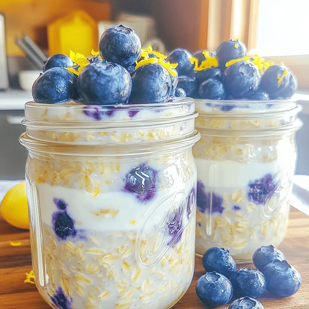 To make delicious lemon blueberry overnight oats, gather these key items: - 1 cup rolled oats - 1 cup almond milk (or any milk of choice) - 1/2 cup Greek yogurt (vanilla or plain) - 1 tablespoon chia seeds - Zest of 1 lemon - 2 tablespoons lemon juice - 2 tablespoons honey or maple syrup (adjust to taste) - 1 cup fresh blueberries (plus extra for garnish) - A pinch of salt These ingredients work together to create a creamy, tasty breakfast. The oats soak up the milk and flavor, giving you a filling meal. You can change your overnight oats to suit your taste! Here are some optional ingredients: - Almonds or walnuts for crunch - Flax seeds for added fiber - Vanilla extract for more flavor - Other fruits like strawberries or bananas Feel free to mix and match these options. This lets you create a dish you will love every time. When it is time to serve, add some tasty toppings! Try these: - Extra fresh blueberries - A sprinkle of lemon zest - A drizzle of honey or maple syrup - A dollop of yogurt These toppings add a nice touch and make your oats look great. They also boost flavor and nutrition! Don't forget to explore the full recipe for more tips. Making lemon blueberry overnight oats is quick and easy. You only need ten minutes for prep. Gather all your ingredients first. This way, you stay organized. You will love how simple this is! 1. Begin with a medium bowl. Add the rolled oats and milk. 2. Next, mix in Greek yogurt and chia seeds. 3. Zest the lemon and add it to the bowl. 4. Pour in the lemon juice and honey. Add a pinch of salt. 5. Stir everything well until it combines. 6. Now, gently fold in the fresh blueberries. Make sure they spread evenly. 7. Take two mason jars or containers. Divide the mix between them. 8. Seal the jars and place them in the fridge overnight. Keep your overnight oats in the fridge. They stay fresh for up to five days. Use airtight containers to keep them sealed. You can add toppings like nuts or seeds before serving. If you want to change the texture, add a splash of milk before eating. Enjoy your delicious lemon blueberry overnight oats! For the full recipe, check out the details above. To make the best lemon blueberry overnight oats, use rolled oats. They soak up the liquid well and stay soft. Combine all your ingredients in a bowl before putting them in jars. This step ensures even mixing. Make sure to let the oats soak for at least four hours. Overnight is best for a creamy texture. Store your oats in the fridge for up to four days. Use airtight containers to keep them fresh. If you have leftovers, stir them well before serving. You might need to add a splash of milk to loosen the oats. This keeps the texture just right. Add more fruits to boost flavor. Try bananas or strawberries for a new twist. Adding nuts or seeds increases the protein and healthy fats. You can also switch honey for maple syrup for a different taste. For a zestier bite, add more lemon juice or zest. This makes your oats even more refreshing. For the full recipe, you can refer to the Lemon Blueberry Bliss Overnight Oats. {{image_2}} If you want to make your lemon blueberry overnight oats nut-free, it's easy! Swap almond milk for oat milk or coconut milk. Both options add creaminess without nuts. You can also use sunflower seed butter instead of nut butter. It gives a nice flavor and keeps it safe for school lunches. For a dairy-free twist, skip the Greek yogurt. Use coconut yogurt or a dairy-free yogurt of your choice. This keeps the oats creamy and tasty. The almond milk can also be replaced with soy or oat milk for a smooth texture. These options ensure you still enjoy the creamy goodness without dairy. Change up your fruit based on the season. In spring, try strawberries or raspberries. In summer, peaches or cherries work well. Fall calls for apples or pears, and in winter, you might enjoy dried fruits like cranberries or figs. Each fruit adds a unique flavor and keeps your oats fresh and exciting. For the complete recipe, check out the [Full Recipe]. You can keep lemon blueberry overnight oats in the fridge for up to five days. This makes them a great meal prep option. Store them in airtight containers to keep them fresh. Check for any off smells or changes in texture before eating. You can freeze overnight oats if you want to save some for later. Place the oats in freezer-safe containers or bags. They will last for about three months in the freezer. When you're ready to eat, just thaw them in the fridge overnight. You can enjoy your overnight oats cold or warm them up. If you choose to heat them, scoop the oats into a bowl. Add a splash of milk to keep them creamy. Microwave for about 30-60 seconds. Stir well and enjoy! Yes, you can use steel-cut oats, but they need more time to soak. Steel-cut oats are chewier and less creamy than rolled oats. If you choose them, let the mixture sit longer. Aim for at least 12 hours in the fridge. This gives the oats time to soften. To adjust sweetness, you can add more honey or maple syrup. Start with a small amount, about a teaspoon, and taste. If you want it sweeter, add a bit more. You can also use mashed banana or a splash of vanilla extract for a different flavor. These ingredients offer many health benefits. Oats provide fiber, which aids digestion. Blueberries are packed with antioxidants, helping to fight inflammation. Greek yogurt adds protein and probiotics for gut health. Chia seeds boost Omega-3 fatty acids, which are good for your heart. Lemon adds vitamin C, which supports your immune system. Yes, it is safe to eat overnight oats for up to three days in the fridge. After that, the oats may lose texture and flavor. Always check for signs of spoilage, like an off smell or mold. If they look and smell good, enjoy them! For the full recipe, check the earlier section. Lemon blueberry overnight oats offer a tasty, quick breakfast. We discussed the key ingredients, step-by-step instructions, and helpful tips for great results. You can customize your oats with various toppings and ingredients, creating a mix that suits you. Remember to store any leftovers properly to enjoy later. This meal is not only simple but also healthy. Dive into this recipe and enjoy a fun way to start your day!