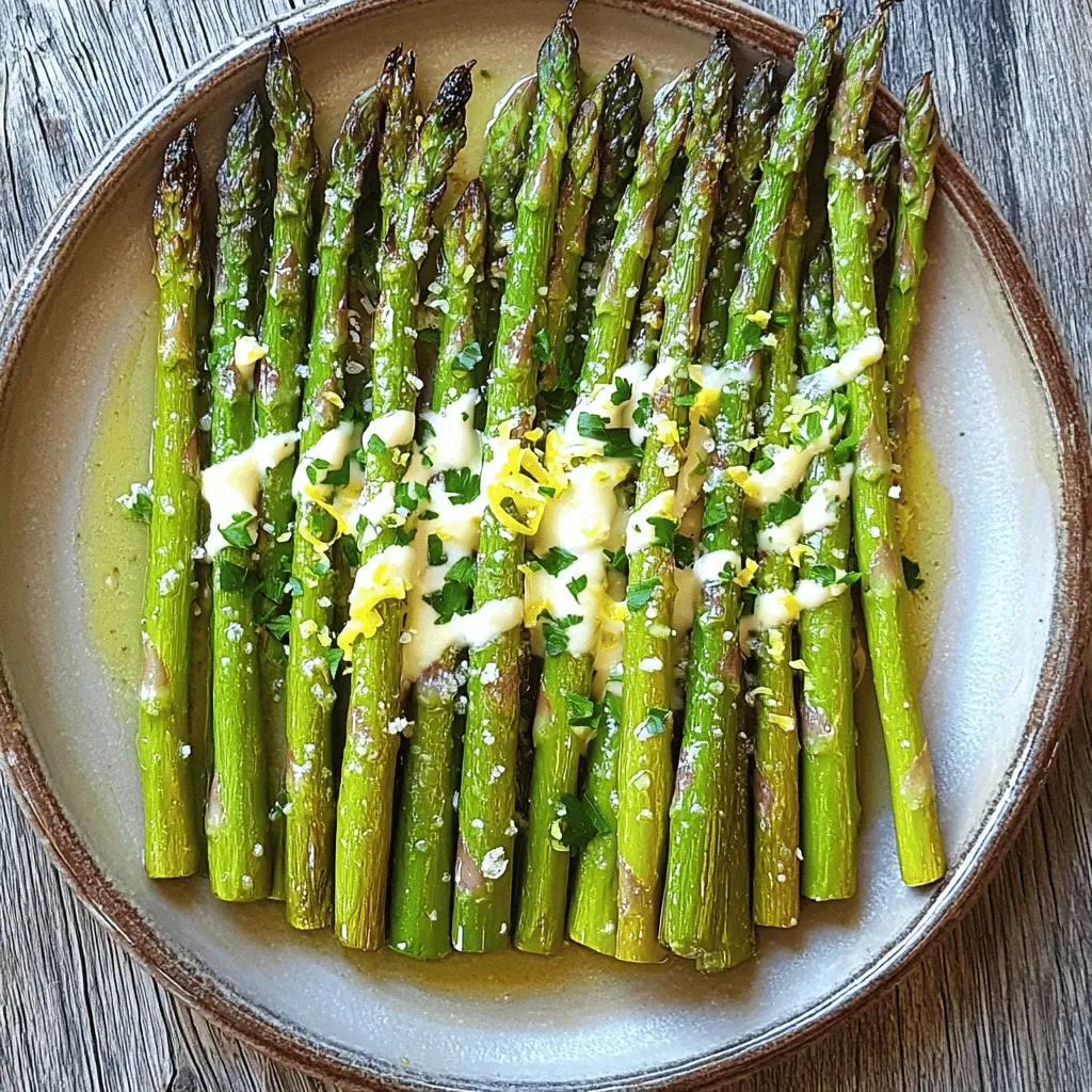 To make Lemon Garlic Roasted Asparagus, gather these simple items: - Fresh asparagus - Olive oil - Garlic - Lemon zest and juice - Sea salt and black pepper - Optional ingredients: red pepper flakes and Parmesan cheese Fresh asparagus is key. Look for bright green stalks that are firm and straight. When you trim the ends, cut off about an inch. This helps remove any tough parts. Next, we need olive oil. It adds rich flavor and helps the asparagus cook evenly. Garlic gives a nice kick, so use fresh cloves and mince them well. Lemon zest and juice brighten the dish. The zest adds a punch of citrus, while the juice gives it a refreshing taste. Sea salt and black pepper are essential for flavoring. They enhance all the other tastes in the dish. If you like a bit of heat, sprinkle some red pepper flakes on top. For a cheesy touch, add grated Parmesan cheese. It melts nicely and adds depth to the dish. These ingredients come together to create a tasty side dish. Check the [Full Recipe] for more details on how to prepare this delicious meal! First, set your oven to 425°F (220°C). This temperature helps the asparagus roast well. Preheating is key for even cooking. While it heats, you can prepare the asparagus. Grab a bunch of fresh asparagus. Trim the ends to remove any tough parts. Place the trimmed asparagus in a large bowl. Add 3 tablespoons of olive oil. Toss in 3 cloves of minced garlic, lemon zest, and lemon juice. Sprinkle 1 teaspoon of sea salt and 1/2 teaspoon of black pepper. If you like spice, add 1/4 teaspoon of red pepper flakes. Mix everything gently to coat the asparagus well. Now, spread the asparagus on a lined baking sheet. Make sure they are in a single layer. This step ensures they roast evenly. Place the baking sheet in the oven. Roast for 12-15 minutes. Halfway through, stir the asparagus for even cooking. The asparagus should be tender and slightly caramelized. If you want, sprinkle 2 tablespoons of grated Parmesan cheese on top. Return it to the oven for another 2-3 minutes to melt the cheese. Once done, take it out and place it on a serving plate. Garnish with fresh parsley for a bright touch. This recipe is simple yet full of flavor. You can find the full recipe above. Choose bright green asparagus with firm, straight stalks. Look for tightly closed tips. Avoid any that are limp or have dark spots. Fresh asparagus should snap when bent. If you find thin spears, these can be sweeter. Thicker spears offer a heartier bite. Buy from local markets to get the freshest options. Roasting asparagus at a high temperature brings out its natural sweetness. Preheat your oven to 425°F (220°C) for best results. Toss the asparagus evenly in olive oil and seasonings. Spread them out on the baking sheet. Avoid crowding to let them roast well. Turn them halfway through to ensure even cooking. You want them tender with a bit of crispness. Lemon garlic roasted asparagus pairs well with many dishes. Serve it as a side for grilled chicken or fish. It also complements pasta dishes nicely. For a fun twist, top it with grated Parmesan after roasting. Finish with a sprinkle of fresh parsley for color. You can find the full recipe linked here to guide you further. {{image_2}} Cheese can elevate your Lemon Garlic Roasted Asparagus. Parmesan is a classic, but you can try others too. Feta adds a tangy twist. Goat cheese gives creaminess and flavor. Sprinkle cheese on the asparagus before roasting. For a strong flavor, use blue cheese. Remember to adjust the amount, so it does not overpower the dish. Want more heat? Add spices to your asparagus mix. Cayenne pepper gives a bold kick. You can use chili powder for a milder option. If you enjoy a smoky flavor, try smoked paprika. For a fresh taste, add a pinch of lemon pepper. Adjust the spice level to fit your taste. You can roast asparagus in different ways. Try grilling for a smoky flavor. Toss the asparagus on a hot grill for 5-7 minutes. Air frying is another great method. It gives crispy edges with less oil. If you prefer a faster option, use a stovetop skillet. Sauté in olive oil over medium heat for about 5-8 minutes. Each method offers a unique taste, so feel free to experiment! For the full recipe, check the earlier section. To keep leftover asparagus fresh, place it in a sealed container. You can also wrap it in a damp paper towel and put it in a plastic bag. This method helps keep the asparagus crisp. Store it in the fridge. Use it within 3 to 4 days for the best taste. When reheating asparagus, the oven works best. Preheat your oven to 350°F (175°C). Place the asparagus on a baking sheet and heat for about 10 minutes. You can also use a skillet. Heat it on medium heat and stir until warm. This keeps the taste and texture nice. Freezing asparagus is easy but requires a few steps. First, wash and trim the asparagus. Blanch it in boiling water for 2 to 3 minutes. After blanching, place it in ice water to stop cooking. Drain and dry the asparagus well. Then, pack it in airtight bags. Frozen asparagus can last up to 8 months. When you're ready to use it, thaw it in the fridge or cook it straight from frozen. You can find the Full Recipe for Lemon Garlic Roasted Asparagus in the earlier sections. Yes, you can use frozen asparagus. Just remember to thaw it first. Frozen asparagus may not be as crisp as fresh. If you use it, roast for a shorter time. Check it often to avoid overcooking. To make this dish vegan, skip the Parmesan cheese. You can also add nutritional yeast for a cheesy flavor. This keeps your roasted asparagus light and plant-based. The garlic and lemon will still add great taste. You can add many spices to your asparagus. Try garlic powder or onion powder for depth. Paprika adds warmth and color. You could also use thyme or rosemary for a fresh herb taste. Experiment with what you like best! You now know the key ingredients and steps to make roasted asparagus. Fresh asparagus, olive oil, and garlic are must-haves for great flavor. Remember to preheat your oven and prepare the asparagus well. Use my tips for perfect roasting and explore variations to keep it exciting. Storing and reheating leftovers is easy with my advice. With these insights, you can enjoy this simple yet delicious dish anytime. It's nutritious and versatile, making it a great addition to any meal. Enjoy your culinary journey with asparagus!