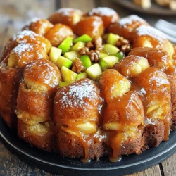 When making Caramel Apple Monkey Bread, fresh and simple ingredients make all the difference. Here’s what you will need for this sweet treat: - 2 cans (16.5 oz each) refrigerated biscuit dough - 2 medium apples, peeled, cored, and diced - 1/2 cup brown sugar - 1/4 cup granulated sugar - 1 tablespoon ground cinnamon - 1/2 cup unsalted butter, melted - 1 cup caramel sauce (store-bought or homemade) - 1/2 cup chopped walnuts (optional) - Powdered sugar for dusting (optional) These ingredients create layers of flavor and texture. The biscuit dough forms the base, while the apples add a juicy crunch. Brown sugar and cinnamon give it a sweet and spicy kick. The caramel sauce ties it all together, making each bite irresistible. You can even add walnuts for a nutty crunch. This dish is fun to make and even more fun to eat! You can find the Full Recipe above for detailed steps and tips. - Preheat oven to 350°F (175°C). - Grease a bundt pan with cooking spray or butter. - In a bowl, combine brown sugar, granulated sugar, and ground cinnamon. - Open the biscuit dough and cut each biscuit into quarters. - Toss the biscuit pieces with diced apples and half of the sugar-cinnamon mix. - Layer the biscuit mixture in the bundt pan. Add optional chopped walnuts if you like. - Drizzle the remaining melted butter over the top. Pour caramel sauce over everything. - Sprinkle the rest of the sugar-cinnamon mixture on top. - Bake for 30-35 minutes until golden brown. Check with a toothpick to make sure it’s done. This recipe is simple and fun. You can make it with kids or friends. Enjoy the sweet smell while it's baking! - Use cold apples for a firmer texture. Cold apples keep their shape during baking. This gives your monkey bread a nice crunch. - Let the bread cool before inverting for easier removal. Cooling helps it set and keeps it from falling apart. - Consider adding vanilla extract or nutmeg for extra flavor. A splash of vanilla brings warmth. Nutmeg adds a nice spice that pairs well with apples. - Substitute pecans for walnuts for a different nutty taste. Pecans offer a softer crunch and a rich flavor that complements caramel. {{image_2}} You can make this dish even more fun by adding seasonal flavors. For a twist, use pears or pumpkin instead of apples. Pears add a soft, sweet bite that blends well with caramel. Pumpkin brings warmth and spice, perfect for fall. You can also try different apple types. Each kind has its own taste. For example, Granny Smith apples give a tart kick, while Honeycrisp apples add sweetness. Mix and match to find your favorite combo. Want to enjoy this treat but need a healthier version? You can make it gluten-free. Just swap regular biscuit dough for gluten-free dough. Many brands offer great options that taste just as good. If you're watching your sugar, try using alternative sweeteners. You can use stevia or monk fruit instead of brown and granulated sugar. This keeps the sweetness without all the calories. These changes let everyone enjoy this sweet snack! Store leftover monkey bread in an airtight container at room temperature. This keeps it soft and tasty for a few days. If you want it to last longer, refrigerate it. Just make sure it's sealed well to avoid drying out. Reheat in the microwave for a few seconds to warm it up. If you prefer a crispier texture, bake it briefly in the oven. This brings back that fresh, warm taste. Enjoy it as a sweet snack any time! Total time is approximately 50 minutes. This includes prep and bake time. You will love how quick it comes together! Yes, you can prepare it a day in advance and bake when ready. Just store it in the fridge until you're set to bake. This makes it a great option for gatherings. Pair with vanilla ice cream or whipped cream for added indulgence. The warmth of the bread with the cold cream is a perfect match. The Full Recipe for Caramel Apple Monkey Bread is detailed in the ingredients and step-by-step section above. You'll find everything you need to create this delicious treat! Caramel Apple Monkey Bread is easy and fun to make. We covered the ingredients, step-by-step instructions, tips, and variations. This tasty treat is perfect for any gathering. You can enjoy different flavors by using various fruits or nuts. Don't forget storage tips to keep leftovers fresh. With this guide, you’re ready to create your delicious monkey bread. Enjoy its warm, gooey goodness with family and friends. Make it today and savor the flavors!