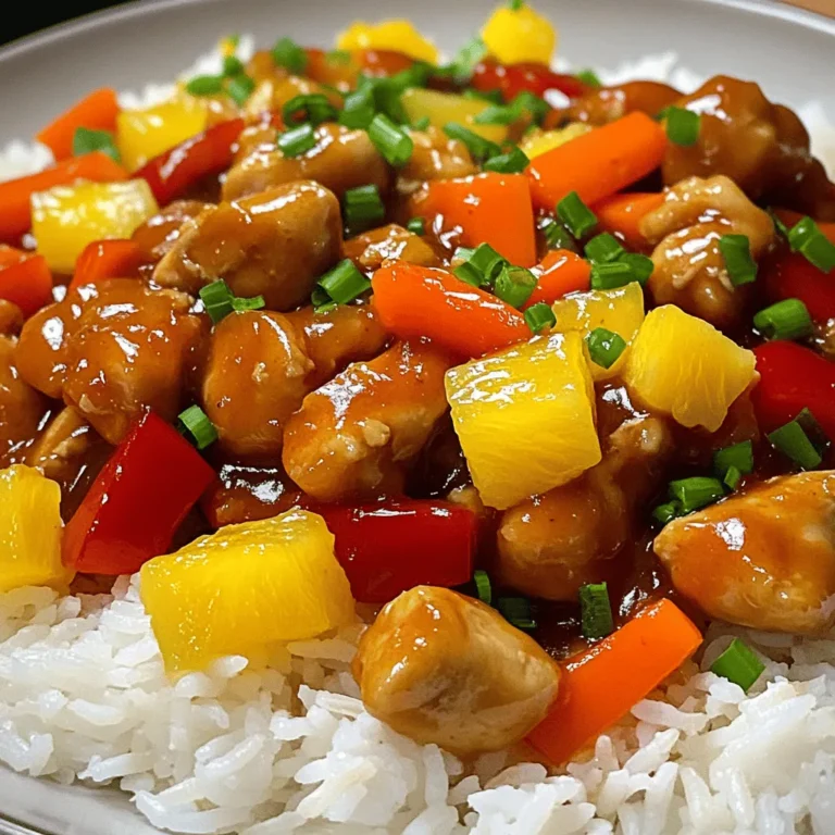 To make this sweet and sour chicken, you will need: - 1 lb chicken breast, cut into bite-sized pieces - 1 bell pepper (red or yellow), diced - 1 small onion, diced - 1 cup pineapple chunks (fresh or canned) - 1 cup carrots, julienned - 1/2 cup sugar - 1/2 cup apple cider vinegar - 1/4 cup ketchup - 2 tablespoons soy sauce (low sodium) - 1 tablespoon cornstarch mixed with 2 tablespoons water - 2 cloves garlic, minced - 2 tablespoons vegetable oil - Salt and pepper to taste - Cooked white rice, for serving Feel free to add or change these ingredients: - Broccoli for extra crunch - Snap peas for a fresh touch - Sesame seeds for a nice garnish Here are some tools that will help you: - Large skillet or wok for cooking - Cutting board for chopping - Sharp knife for easy cutting - Mixing bowl for blending sauce - Measuring cups and spoons for accuracy These ingredients and tools will set you up for success in making sweet and sour chicken. For the complete recipe, check [Full Recipe]. Gather all your ingredients before you start cooking. This makes the process smooth and fun. Cut the chicken into small pieces. Dice the bell pepper and onion. Julienne the carrots. If using fresh pineapple, cut it into chunks. 1. Heat the vegetable oil in a large skillet over medium-high heat. 2. Add the chicken pieces and season with salt and pepper. Cook until browned, about 5-7 minutes. 3. Add the garlic, onion, bell pepper, and carrots to the skillet. Stir-fry for 3-4 minutes until the veggies soften. 4. In a bowl, mix the sugar, apple cider vinegar, ketchup, and soy sauce. Whisk until blended. 5. Pour the sauce over the chicken and veggies. Stir well to coat everything. 6. Bring the mix to a gentle simmer, then add the pineapple chunks. 7. Stir in the cornstarch mixture to thicken the sauce. Cook for another 2 minutes. 8. Taste and adjust seasonings if needed. Remove from heat. 9. Serve the sweet and sour chicken over warm white rice. Enjoy! Stir-frying is key for this dish. It cooks food quickly while keeping it crisp. Use high heat for the best results. Make sure to cut your ingredients evenly. This ensures they cook at the same rate. Always taste your dish before serving. Adjust flavors to make it perfect. Check the texture of the sauce; it should be thick but not gluey. For the full recipe, refer to the Sweet and Sour Chicken Delight . To make your sweet and sour chicken shine, balance the flavors well. You want the sauce to be sweet but not too sweet. Add a touch more vinegar if needed. Use fresh garlic for a stronger taste. A dash of crushed red pepper adds heat, if you like spice. Always taste your sauce before adding it to the chicken. One common mistake is overcooking the chicken. This can make it dry. Cook it just until it turns golden brown. Don’t skip the cornstarch mixture; it thickens the sauce. If you add the pineapple too early, it can get mushy. Always add it near the end of cooking. Serve sweet and sour chicken over warm white rice. This keeps the dish comforting. You can also add steamed broccoli or snap peas for a vibrant touch. For a fun twist, serve it in lettuce wraps. This adds crunch and freshness. Enjoy your meal with friends or family for a great time! {{image_2}} You can easily make sweet and sour chicken vegetarian or vegan. For a veggie twist, use tofu instead of chicken. Firm tofu works best. Press it to remove extra moisture, then cut it into cubes. Sauté the tofu until golden brown. You can also use seitan or tempeh for added texture. Replace the chicken broth with vegetable broth for a vegan sauce. Feel free to mix up the ingredients in this recipe. If you don't have chicken, try shrimp or pork. You can swap out the bell pepper for any other color or use zucchini instead. If you can’t find pineapple, use mango or peaches for a fruity kick. Instead of apple cider vinegar, rice vinegar gives a nice tang. The sauce can change the whole dish. You can make it sweeter by adding more sugar or honey. For a spicier kick, mix in some chili sauce or red pepper flakes. If you want a deeper flavor, add some ginger or sesame oil. Play with the ketchup ratio to create the perfect balance for your taste. Each of these variations keeps the essence of sweet and sour chicken. You can enjoy it while also making it your own! For the full recipe, check out the Sweet and Sour Chicken Delight. Store your sweet and sour chicken in an airtight container. It can last in the fridge for 3 to 4 days. Make sure it cools down to room temperature before sealing. This helps keep it fresh and tasty. You can freeze sweet and sour chicken for up to 3 months. Use a freezer-safe container or a heavy-duty freezer bag. To freeze, let the dish cool, then portion it out. Remove as much air as possible to prevent freezer burn. To reheat, thaw the chicken in the fridge overnight. Heat it on the stove over low heat. Stir it often to warm it evenly. You can also microwave it; cover it with a damp paper towel. This keeps it moist while reheating. If you want to enjoy it again, serve it over fresh rice. For the full recipe, check out the original instructions. Sweet and sour chicken comes from Chinese cuisine. It mixes flavors of sweet and tangy. This dish gained popularity in Western countries. It often features chicken, bell peppers, and pineapple. The sauce usually has vinegar, sugar, and soy sauce. Each region has its own twist on the recipe. Today, it’s a favorite in many homes. Yes, you can make sweet and sour chicken ahead of time. Cook the chicken and sauce, then store them in the fridge. Keep the rice separate to avoid sogginess. Reheat the chicken on the stove or in the microwave. This dish tastes great the next day, too. Just make sure to store it in an airtight container. Sweet and sour chicken goes well with many sides. Here are some great options: - Steamed white rice - Fried rice - Noodles - Stir-fried vegetables - Spring rolls - Egg rolls These sides complement the dish's flavors and add variety. You can mix and match to find your favorite combination. Want the full recipe? Check out the [Full Recipe]. In this blog post, I covered key points about making Sweet and Sour Chicken. I shared the essential ingredients and tools you'll need. The step-by-step guide lays out clear instructions for preparation and cooking. Tips for flavor and common mistakes help you get it right. I also offered variations for different diets and storage tips. Remember, practice makes perfect. Enjoy making your dish and impress others with your cooking skills!