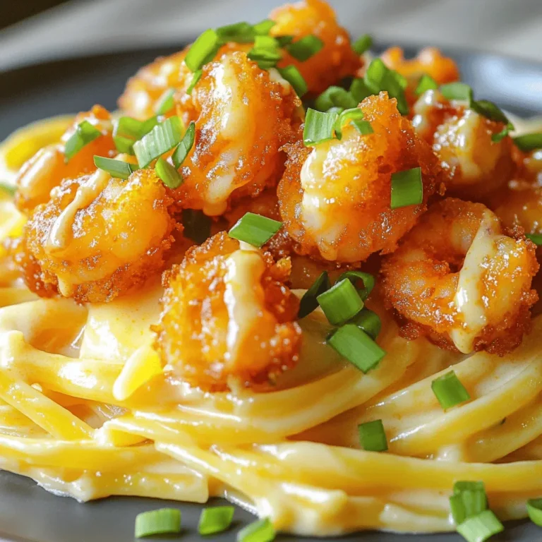 - 8 oz linguine pasta - 1 lb large shrimp, peeled and deveined - 1 cup panko breadcrumbs - 2 tablespoons cornstarch - 2 large eggs, beaten - 1/2 cup mayonnaise - 3 tablespoons sweet chili sauce - 2 tablespoons sriracha sauce - 2 tablespoons lime juice - 2 garlic cloves, minced - 2 green onions, chopped - Salt and pepper to taste - Olive oil for frying - Gluten-free alternatives: Use gluten-free pasta and gluten-free breadcrumbs for a safe option. - Fresh vs frozen shrimp: Fresh shrimp offer great taste, but frozen shrimp work well too. Just thaw them properly before cooking. - Large pot for boiling pasta - Skillet for frying shrimp - Mixing bowls for prep - Measuring cups and spoons for accuracy These ingredients come together to make a delightful Bang Bang Shrimp Pasta. Each element plays a role in the flavor and texture. By following the Full Recipe, you can create a dish that impresses everyone at the table. To start, bring a large pot of salted water to a boil. This will help the pasta taste great. Add the linguine and cook it according to the package instructions. Usually, this takes about 8 to 10 minutes. You want the pasta to be al dente, which means it should still have a slight bite. To check, taste a piece a minute or two before the time is up. Once done, drain the pasta and rinse it under cold water. This stops the cooking process and keeps it from getting mushy. Next, we need to prepare the shrimp. In one shallow bowl, mix the cornstarch with a bit of salt and pepper. In another bowl, beat the eggs. For the final coating, grab a third bowl and add the panko breadcrumbs. Take each shrimp and dip it in the cornstarch first. Shake off any extra. Then dip it in the eggs and finally coat it with the panko. This will give the shrimp a nice crunch when cooked. For the best results, make sure the shrimp are well coated in each step. Now, it’s time to fry the shrimp. Heat a large skillet over medium heat and add enough olive oil to cover the bottom. You want the oil hot, so it sizzles when you add the shrimp. Add the shrimp in batches. Fry them for about 2 to 3 minutes on each side. They should turn golden brown and crispy. To check if they are done, look for that nice color and make sure they curl up slightly. Once fried, place them on a paper towel-lined plate to drain off any extra oil. While the shrimp cooks, let’s make the Bang Bang sauce. In a separate bowl, mix together mayonnaise, sweet chili sauce, sriracha, lime juice, and minced garlic. Stir until it’s smooth and creamy. You can adjust the sriracha to make it spicier or milder, based on your taste. This sauce adds a creamy and spicy kick to the dish. Finally, it’s time to combine everything. In a large bowl, toss the cooked linguine with the Bang Bang sauce until it’s well coated. Carefully fold in the crispy shrimp, mixing them evenly with the pasta. For a nice touch, serve the pasta in bowls or on a platter. Top with chopped green onions for color and flavor. This makes the dish look great and adds a fresh taste. Enjoy your Bang Bang Shrimp Pasta! For the full recipe, check out the details above. - Overcooking the shrimp: This is a big no-no! Shrimp cooks fast. If you leave it on the heat too long, it becomes rubbery. Fry them for about 2-3 minutes on each side. They should be pink and firm. - Under-seasoning the sauce: Your Bang Bang sauce needs flavor! Taste it before you mix it with the pasta. If it seems bland, add more sriracha or lime juice for zest. You want bold flavors to shine through. - Making the recipe gluten-free: Swap the linguine for gluten-free pasta. Most brands taste great and cook just like regular pasta. Be sure to check the labels on sauces, too. Some may have gluten. - Dairy-free options for the sauce: You can make the sauce without mayo. Use avocado or a dairy-free mayo as a base. This keeps the creaminess while making it safe for those who avoid dairy. - Suggested herbs and spices: Fresh herbs like cilantro or basil add brightness. You can sprinkle some on top before serving. A pinch of smoked paprika can also add depth to your sauce. - Pairing drinks to complement the dish: A light white wine, like Sauvignon Blanc, pairs well. If you prefer non-alcoholic, try sparkling water with a slice of lime. Both enhance the flavors of the dish without overpowering it. For the complete recipe, check out the [Full Recipe]. {{image_2}} You can easily change the pasta type in this recipe. Try spaghetti or fettuccine for a new twist. If you want to go gluten-free, use rice noodles or chickpea pasta. For proteins, shrimp is great, but you can also use chicken or tofu. Both options add unique flavors and textures. Adding veggies boosts nutrition and flavor. Consider tossing in bell peppers or snap peas. Broccoli or spinach also works well. You can sauté the vegetables with the shrimp or steam them separately. This keeps them bright and fresh. To control heat, adjust the sriracha in the sauce. If you like it milder, start with one tablespoon. For a spicy kick, add more sriracha or try chili garlic sauce. Sweet chili sauce balances the heat well. Don't be afraid to experiment with different sauces for unique flavors. For the full recipe, check out the detailed instructions to make your own Bang Bang Shrimp Pasta. Bang Bang Shrimp Pasta lasts about 3 to 4 days in the fridge. Store it in an airtight container. This keeps the pasta fresh and prevents strong odors from mixing. You can freeze Bang Bang Shrimp Pasta, but it affects texture. Place it in a freezer-safe container. Make sure to label it with the date. To reheat, thaw it overnight in the fridge. Heat in a skillet over low heat. Add a splash of water to keep it moist. Leftovers can be fun! Turn them into a shrimp salad. Mix with greens and a light dressing. You can also make a shrimp wrap with tortillas. Add veggies and your favorite sauce for a quick meal. Another option is to bake it into a casserole with cheese. This gives a new twist to the dish! To make Bang Bang Shrimp Pasta, follow these steps: 1. Cook the Pasta: Boil salted water and cook 8 oz of linguine until al dente. Drain it and rinse with cold water. Set aside. 2. Prepare the Shrimp: Mix 1 cup of panko breadcrumbs with a pinch of salt and pepper. Put 2 tablespoons of cornstarch in another bowl. Dip each shrimp into cornstarch, then into 2 beaten eggs, and finally coat with panko. 3. Fry the Shrimp: Heat olive oil in a skillet. Fry the shrimp until golden brown, about 2-3 minutes on each side. Drain on a paper towel. 4. Make the Bang Bang Sauce: Mix 1/2 cup mayonnaise, 3 tablespoons sweet chili sauce, 2 tablespoons sriracha, 2 tablespoons lime juice, and 2 minced garlic cloves. Adjust sriracha for spice. 5. Combine: Toss the cooked linguine with the sauce. Fold in the crispy shrimp. 6. Serve: Plate the pasta and garnish with chopped green onions. Yes, you can prepare some parts ahead of time. Here are my best tips: - Cook the Pasta: Make the pasta early and store it in the fridge. Add a little olive oil to keep it from sticking. - Prepare the Sauce: You can mix the sauce and store it in an airtight container in the fridge. This keeps flavors fresh. - Shrimp: I recommend frying the shrimp right before serving. This keeps them crispy. To find the best Bang Bang Shrimp Pasta, consider these tips: - Check Online Reviews: Use apps like Yelp or Google Maps to read recent reviews. - Ask Locals: Talk to friends or coworkers for their favorite places. - Chain Recommendations: Look for popular chains that often serve Bang Bang Shrimp Pasta, like Bonefish Grill or others. Explore these options and enjoy a delicious meal! For the complete recipe, see the Full Recipe section. In this blog post, we covered how to make Bang Bang Shrimp Pasta using fresh ingredients. We detailed the steps, from cooking pasta and preparing shrimp to making a spicy sauce. I shared tips to avoid common mistakes and suggestions for dietary needs. Remember, you can customize this dish with different proteins and veggies. Enjoy creating and sharing this meal. Use the storage tips to keep leftovers fresh or transform them into new dishes. Happy cooking!