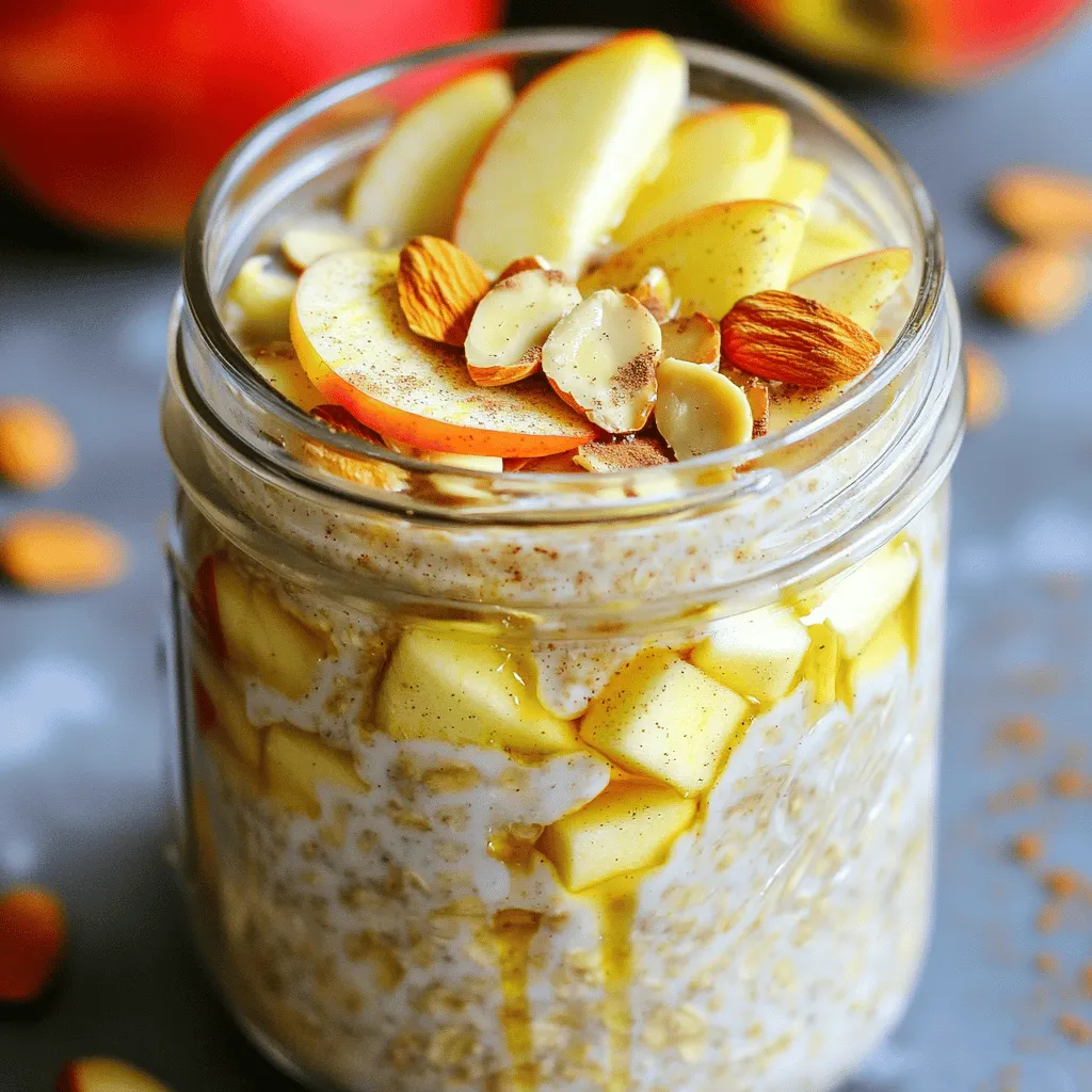 - 1 cup rolled oats - 2 cups almond milk (or dairy milk) - 1 medium apple, diced - 1 teaspoon ground cinnamon - 1 tablespoon chia seeds - 2 tablespoons maple syrup (or honey) - 1/2 teaspoon vanilla extract - A pinch of salt To make Apple Cinnamon Overnight Oats, you need simple, fresh ingredients. Rolled oats form the base. They soak up the milk and flavors. Almond milk gives a nice, creamy touch. You can use dairy milk if you prefer. Dicing a medium apple adds sweetness and crunch. I love using sweet apples like Fuji or Honeycrisp. They blend well with warm cinnamon. Speaking of cinnamon, just one teaspoon adds warmth and spice. Chia seeds are a great addition. They swell and thicken the oats. The maple syrup or honey adds sweetness, while vanilla extract brings depth. A pinch of salt enhances all the flavors. - Sliced almonds - Additional apple slices - A dollop of yogurt For a fun twist, consider toppings! Sliced almonds add a nice crunch. More apple slices keep it fresh. A dollop of yogurt gives extra creaminess. These toppings make your oats look fancy and tasty. This recipe is straightforward and customizable. You can find the full recipe in the section above. Enjoy your meal! - Combine all ingredients in a large mixing bowl. - Mix thoroughly until well combined. - Cover and refrigerate overnight. First, you need to gather all your ingredients. It's fun to see them all together! In a large mixing bowl, add 1 cup of rolled oats, 2 cups of almond milk, and 1 medium diced apple. Don’t forget the flavors! Add 1 teaspoon of ground cinnamon, 1 tablespoon of chia seeds, 2 tablespoons of maple syrup, 1/2 teaspoon of vanilla extract, and a pinch of salt. Stir everything well. You want the oats and chia seeds to soak in the milk. Make sure everything is mixed nicely. This step is the key to creamy oats. After mixing, cover the bowl with plastic wrap. If you like, you can also use jars. They are great for easy serving. Place the bowl or jars in the fridge. Let them sit overnight or for at least 6 hours. This time lets the oats soften and absorb the flavors. - Stir mixture before serving. - Add more milk if needed for consistency. - Serve in bowls or jars with desired toppings. In the morning, it's time to enjoy your oats! Start by stirring the mixture. This helps to blend everything again. If the oats are too thick, just add a splash of milk. This will help reach the consistency you like. Now, it’s time to serve! You can scoop the oats into bowls or keep them in jars. Add your favorite toppings. I love sliced almonds, extra apple slices, or a dollop of yogurt for creaminess. Each bite will be a tasty treat! For the full recipe, check the earlier section. - Use a sweet apple variety for enhanced flavor. I suggest Fuji or Honeycrisp apples. They add a nice sweetness without too much sugar. - Let oats soak for a minimum of 6 hours. This is key for the oats to soften and absorb flavors. Overnight is best! - Stir well before serving for even distribution. This ensures that the chia seeds and cinnamon mix well throughout. - Not using enough liquid can make your oats dry. Always follow the recipe for the right liquid amount. - Skipping the soaking step leads to crunchy oats. Nobody wants that in their breakfast! - Overpacking jars makes it hard to mix. Leave some space for stirring and adding toppings. These tips will help you make the best Apple Cinnamon Overnight Oats possible. For the full recipe, check out the recipe section. {{image_2}} To make your apple cinnamon overnight oats even more fun, try these ideas: - Add nutmeg or ginger for a spiced twist. These spices bring warmth and depth to your oats. A little goes a long way! - Incorporate different fruits like bananas or berries. They add color and flavor. Fresh or frozen, your choice! - Use different sweeteners like agave or coconut sugar. Each sweetener has its own taste. Experiment to find your favorite! You can easily adjust the recipe to fit your diet: - Gluten-free option: Use certified gluten-free oats. This way, you can enjoy the dish without worry. - Vegan version: Swap in plant-based milk and sweeteners. Almond milk or oat milk works great here! These variations help you enjoy apple cinnamon overnight oats your way. How long can you store overnight oats? You can store overnight oats in the fridge for up to five days. This makes them a great meal prep option. Just keep them in a sealed container to lock in freshness. Best containers for storage Use glass jars or airtight plastic containers. Glass jars let you see the oats and look pretty too. Make sure the lid seals tightly to avoid spills or odors. Should you reheat overnight oats? You can reheat overnight oats if you prefer them warm. Some people love the cozy feel of warm oats, especially on chilly mornings. Best methods for reheating while maintaining texture To reheat, use the microwave or stovetop. If using a microwave, heat in short bursts. Stir between intervals to keep them creamy. If on the stovetop, add a splash of milk to help restore the texture. Stir until warm, but don’t overcook. Overnight oats offer many health perks. They are high in fiber, which helps digestion. They can keep you full longer, helping with weight control. Oats are also rich in vitamins and minerals. They provide energy for your day. Plus, you can prepare them in advance, saving time in the morning. Yes, you can freeze them! To do this, use airtight containers. Fill them but leave space at the top. They can stay in the freezer for up to three months. When you want to eat them, move them to the fridge overnight. They will thaw and be ready for breakfast. Customizing your overnight oats is fun! You can add protein by mixing in Greek yogurt or protein powder. Nuts and seeds can also boost the nutrient value. If you want more flavor, try adding nutmeg or ginger. Fresh or dried fruits can change the taste too. Get creative with your mix! If your oats are too thick, it's easy to fix. Just add more liquid. Pour in a bit more almond milk or water. Stir well to combine. This will help reach your desired consistency. Adjust it until you like it. Enjoy your creamy, delicious oats! You learned about making Apple Cinnamon Overnight Oats from start to finish. We covered ingredients, preparation steps, and tips for success. Customization options let you adapt the recipe to your taste. Remember to soak oats for the best texture and flavor. Store your oats well and enjoy them fresh or reheated. This recipe is easy, healthy, and delicious. You now have the tools to make a great breakfast. Enjoy your cooking and the benefits of these tasty oats!