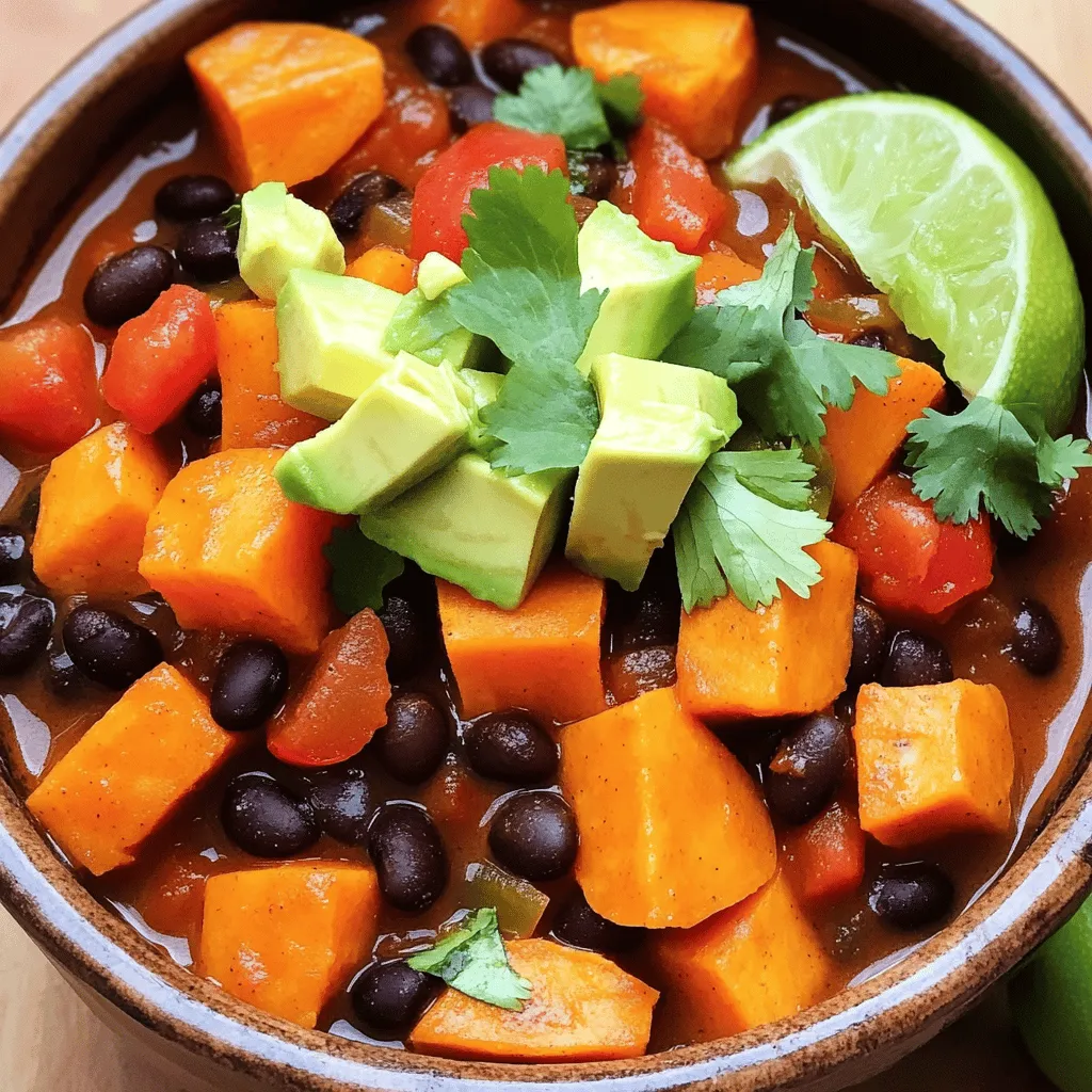 To make this chili, you need simple, fresh ingredients. Here’s the list you’ll want: - 2 medium sweet potatoes, peeled and diced - 1 can (15 oz) black beans, drained and rinsed - 1 can (14 oz) diced tomatoes (with their juices) - 1 medium onion, chopped - 3 cloves garlic, minced - 1 bell pepper (any color), chopped - 1 cup vegetable broth - 2 tablespoons olive oil - 1 tablespoon chili powder - 1 teaspoon cumin - 1 teaspoon smoked paprika - Salt and pepper to taste These ingredients create a rich, hearty base full of flavor. You can add fun toppings to make your chili even better. Here are my favorites: - 1 avocado, diced - Fresh cilantro, chopped - Lime wedges These toppings add freshness and a burst of flavor to each bowl. To prepare this chili, you need a few handy tools: - Large pot or Dutch oven - Sharp knife for chopping - Cutting board - Measuring spoons for precise spice amounts - Wooden spoon for stirring Having these tools ready will make cooking easy and enjoyable. To make Sweet Potato Black Bean Chili, start with your ingredients. Gather everything you need. Here is what to prepare: - 2 medium sweet potatoes, peeled and diced - 1 can (15 oz) black beans, drained and rinsed - 1 can (14 oz) diced tomatoes (with their juices) - 1 medium onion, chopped - 3 cloves garlic, minced - 1 bell pepper (any color), chopped - 1 cup vegetable broth - 2 tablespoons olive oil - 1 tablespoon chili powder - 1 teaspoon cumin - 1 teaspoon smoked paprika - Salt and pepper to taste - 1 avocado, diced (for topping) - Fresh cilantro, chopped (for garnish) - Lime wedges (for serving) Make sure to peel and dice the sweet potatoes first. Chop the onion and bell pepper, then mince the garlic. This prep makes cooking easier. 1. In a large pot, heat olive oil over medium heat. 2. Add the chopped onion and bell pepper. Sauté for about 5 minutes. They should start to soften. 3. Stir in the minced garlic. Cook for another minute until it smells good. 4. Now, add the diced sweet potatoes. Mix them thoroughly with the other veggies. 5. Sprinkle in chili powder, cumin, smoked paprika, salt, and pepper. Stir for 1-2 minutes to toast the spices. 6. Pour in the canned tomatoes with their juices and vegetable broth. Stir everything together. Bring the mixture to a boil. 7. Reduce the heat to low. Cover the pot and let it simmer for 25-30 minutes. The sweet potatoes should be tender. 8. After simmering, stir in the black beans. Cook for an additional 5 minutes to heat through. Adjust seasoning with salt and pepper. 9. Serve the chili hot in bowls. Top with diced avocado, chopped cilantro, and fresh lime juice. - Toast your spices well to bring out their flavors. - Use fresh ingredients whenever possible. They tend to have better taste. - Let the chili sit for a bit before serving. This helps the flavors blend. - Consider adding a dash of hot sauce if you like it spicy. For the full recipe, check out the details above. Enjoy cooking! One common mistake is not cutting sweet potatoes evenly. If they vary in size, some pieces may cook faster than others. Always aim for uniform cubes. Another mistake is skipping the step to toast the spices. Toasting enhances their flavor, making your chili taste richer. Don't rush the sautéing process either; this builds a solid base for your dish. Lastly, avoid adding too much liquid at once. You want a thick chili, not soup! To make your chili milder, reduce the chili powder. You can also skip the smoked paprika. If you like heat, add diced jalapeños or cayenne pepper. Start with a little, then taste as you go. Remember, you can always add more spice, but it’s hard to take it out! For a sweet kick, toss in a tablespoon of brown sugar. This balances out the heat and adds depth. You can boost the flavor with simple additions. Try adding corn for sweetness and texture. Fresh herbs like oregano or thyme add a lovely aroma. Want more umami? Mix in a tablespoon of soy sauce or nutritional yeast. You can also top with shredded cheese or sour cream for creaminess. For a zesty finish, squeeze fresh lime juice over the chili before serving. These little tweaks make a big difference! For the full recipe, check out the Spicy Sweet Potato & Black Bean Chili . {{image_2}} Sweet Potato Black Bean Chili is naturally vegan and gluten-free. You don’t need to change much. All the main ingredients are plant-based. The beans and sweet potatoes make it filling and nutritious. If you are gluten-sensitive, just check labels on broth and spices. Most brands offer gluten-free options. You can swap ingredients based on what you have. If you don’t have sweet potatoes, use regular potatoes or squash. For the black beans, any other beans work too, like kidney or pinto beans. Instead of bell peppers, try corn or zucchini for a twist. You can also make it spicier with jalapeños or hot sauce. You can easily cook this chili in different ways. For a slow cooker, add all the ingredients and cook on low for 6-8 hours or high for 3-4 hours. The flavors make a great mix! If you prefer an Instant Pot, use the sauté function first. After that, cook for 10 minutes on high pressure. This method saves time and keeps the chili tasty. You’ll love the easy, flavorful meals you can create with this recipe! For the full recipe, refer to the “Full Recipe” section. Store any leftover chili in an airtight container. Let it cool down first. Move it to the fridge within two hours. Leftover chili keeps well for about four to five days. Make sure to label the container with the date. This helps you remember when you made it. Freezing is a great option for this chili. Use a freezer-safe container or bag. Pour the cooled chili into it, leaving some space for expansion. Seal it tightly to prevent freezer burn. You can freeze the chili for up to three months. When you're ready to eat it, just pull it out. To reheat the chili, you have a few options. You can use the stove or microwave. If using the stove, pour the chili into a pot. Heat it on medium-low, stirring often, until it is warm. For the microwave, place the chili in a microwave-safe bowl. Heat it in short bursts of one to two minutes. Stir in between to ensure even heating. Always check the temperature before serving to make sure it's hot. Enjoy your warm, hearty meal! Sweet Potato Black Bean Chili lasts about 4 to 5 days in the fridge. Store it in an airtight container. This keeps it fresh and safe to eat. The flavors may even get better as it sits. Yes, you can make Sweet Potato Black Bean Chili ahead of time. It tastes great when made a day before. Just store it in the fridge and reheat it when ready to eat. This is perfect for busy days or meal prep. You can serve Sweet Potato Black Bean Chili with many tasty sides. Here are a few ideas: - Warm cornbread - Rice or quinoa - Tortilla chips - A simple green salad - Avocado slices or guacamole These sides add flavor and texture to your meal. For the full recipe, check out the Spicy Sweet Potato & Black Bean Chili. In this article, we explored all you need for Sweet Potato Black Bean Chili. We covered essential ingredients, preparation steps, and cooking methods. I shared tips to enhance flavor and avoid mistakes. You learned how to store and reheat leftovers, plus variations for any diet. Embrace this delicious recipe and make it your own. Enjoy each flavorful bite as you share it with others. Your chili will impress everyone and leave them asking for the recipe!