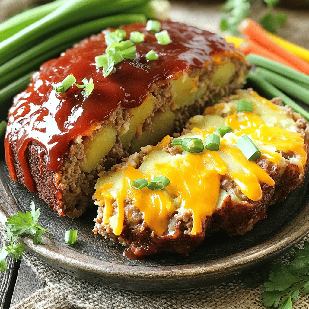 For a tasty Loaded Potato Meatloaf, gathering the right ingredients is key. Here is what you will need: - 1 ½ pounds ground beef - 1 cup mashed potatoes (preferably leftovers) - 1 cup shredded cheddar cheese - ½ cup green onions, chopped - ½ cup milk - ½ cup breadcrumbs - 1 large egg, lightly beaten - 2 tablespoons Worcestershire sauce - 1 teaspoon garlic powder - 1 teaspoon onion powder - Salt and pepper to taste - ½ cup ketchup (for topping) These ingredients blend well to create a hearty dish. The ground beef brings protein, while the mashed potatoes add creaminess. Shredded cheddar cheese gives a nice, gooey texture. Green onions add a fresh crunch and flavor. Milk and breadcrumbs help bind the mixture. The egg acts as a glue, making the meatloaf hold its shape. Worcestershire sauce gives a savory depth. Garlic and onion powder enhance the taste. Finally, salt and pepper round out the flavors, while ketchup adds a sweet and tangy finish on top. You can find the full recipe [here](https://example.com/full-recipe). First, I preheat my oven to 350°F (175°C). This step is key for even cooking. I lightly grease my loaf pan to prevent sticking. Next, I grab a large mixing bowl. In it, I combine the ground beef, mashed potatoes, shredded cheddar cheese, and chopped green onions. I also add milk, breadcrumbs, a beaten egg, Worcestershire sauce, garlic powder, and onion powder. I season the mixture with salt and pepper to taste. Mixing well is important; I want every bite to be full of flavor. Now, I transfer the mixture to the prepared loaf pan. It's time to shape it into a loaf. I want it to look nice and uniform. In a small bowl, I mix ketchup with a dash of Worcestershire sauce. This adds a tasty layer. I spread it generously over the top of the meatloaf. I bake it in my preheated oven for about 1 hour. I check that the internal temperature reaches 160°F (70°C), which means it’s done. Once baked, I take the meatloaf out and let it rest for about 10 minutes. This step helps keep it moist when I slice it. After resting, I slice it up and serve. For the full details, refer to the Full Recipe. Enjoy every bite of this loaded potato meatloaf! To make a great Loaded Potato Meatloaf, you need to focus on flavor and moisture. Use fresh ingredients for the best taste. Adding mashed potatoes keeps the meatloaf soft and moist. Avoid overmixing the meat mixture. Just stir it until everything combines well. This way, the meatloaf stays tender. When mixing, use your hands or a large spoon. This helps blend the ingredients without breaking the meat down too much. If you feel the mixture is too dry, add a bit more milk. If it is too wet, a bit more breadcrumbs will help. A good balance is key. For a beautiful finish, garnish your meatloaf with extra cheese and green onions. This adds color and makes it look more inviting. You can also drizzle some ketchup on top for extra flavor. When serving, slice the meatloaf into thick pieces. Place them on a plate and add a side of steamed veggies or a salad. This makes a complete meal. You can even serve it with a dollop of sour cream for an extra touch. Enjoy your delicious Loaded Potato Meatloaf! For the full recipe, check out the details above. {{image_2}} If you want to switch up the meat, you have options. Ground turkey or chicken works well. These meats are leaner and still tasty. You can also use a mix of ground pork and beef for a different flavor. For a vegetarian option, try using lentils or chickpeas. Mash them up to mimic the texture of meat. You can also use plant-based meat substitutes. These options give you a great taste and are healthier. To boost flavor, add spices like paprika or cumin. These spices add warmth and depth. You can also try a splash of hot sauce for some heat. If you love tang, mix in some mustard or barbecue sauce. Incorporating veggies can make your meatloaf even better. Chopped bell peppers or grated zucchini add moisture and nutrients. You can also use shredded carrots for a slight sweetness. These additions keep every bite exciting and fresh. For the full recipe, check out the details above. After you enjoy your loaded potato meatloaf, you may have some left. To keep it fresh, store it in the fridge. Use an airtight container. It will stay good for about three to four days. If you want to keep it longer, freezing is a great option. Wrap the meatloaf tightly in plastic wrap and then in foil. This helps avoid freezer burn. You can freeze it for up to three months. When you are ready to eat your leftovers, reheating is easy. The best way is to use the oven. Preheat it to 350°F (175°C). Place your meatloaf in a baking dish. Cover it with foil to keep it moist. Heat for about 20 to 30 minutes or until warm. You can also use a microwave for quick reheating. Just slice the meatloaf and place it on a microwave-safe plate. Heat it for 1 to 2 minutes, checking to make sure it warms evenly. For the full recipe and more tips, check out the loaded potato meatloaf recipe. What can I serve with Loaded Potato Meatloaf? You can serve loaded potato meatloaf with many sides. I like green beans, corn, or a fresh salad. Mashed potatoes or roasted veggies also pair well. How do I know when the meatloaf is cooked? Check the meatloaf's internal temperature. It should reach 160°F (70°C). You can also cut it open. The center should not be pink. Can I make Loaded Potato Meatloaf in advance? Yes, you can prepare it a day ahead. Just cover it tightly and store it in the fridge. Bake it when you're ready to eat. What other types of cheese can I use? You can use mozzarella, pepper jack, or even feta cheese. Each adds a unique flavor. Experiment with what you like best! How long does Loaded Potato Meatloaf last in the fridge? It lasts about three to four days. Make sure to store it in an airtight container. You can also freeze it for longer storage. For the Full Recipe, check the details above. This article covered how to make delicious Loaded Potato Meatloaf step by step. We looked at key ingredients, preparation methods, baking tips, and serving ideas. You learned how to keep your meatloaf moist and flavorful. Plus, there are helpful variations for different diets. Enjoy trying this recipe in your kitchen. It’s a fun dish that will please everyone. Don’t forget to experiment and make it your own!