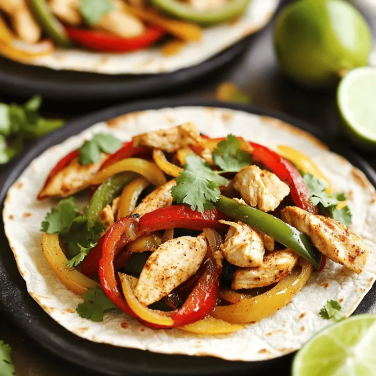 - 1 lb chicken breasts - 1 red bell pepper - 1 green bell pepper - 1 large onion - 2 teaspoons chili powder - 1 teaspoon cumin - 1 teaspoon paprika - 1 teaspoon garlic powder - 3 tablespoons olive oil - Salt and pepper to taste - Fresh cilantro - Lime wedges - 8 small flour tortillas Gather these items for the most tasty chicken fajitas. Chicken breasts bring protein and flavor. Red and green bell peppers add crunch and color. The onion gives a sweet touch when cooked. The spices make your fajitas shine. Chili powder adds heat, while cumin brings a warm earthiness. Paprika enhances the color and flavor, and garlic powder gives a punch. Olive oil helps cook everything evenly. Salt and pepper balance the flavors perfectly. For garnishes, fresh cilantro adds brightness. Lime wedges bring a zesty kick that pairs well with the dish. And don't forget those warm flour tortillas. They hold all the tasty fillings together. You can find the full recipe to guide you through the cooking process! Start by taking your sliced chicken and placing it in a bowl. Add olive oil, chili powder, cumin, paprika, garlic powder, salt, and pepper. Mix everything well. You want each piece of chicken coated with the spices. Let the chicken marinate for at least 15 minutes. The longer it sits, the more flavor it gains. Next, heat a large skillet over medium-high heat. Once it’s hot, add the marinated chicken strips. Cook the chicken for about 5 to 7 minutes. Stir it occasionally to make sure it cooks evenly. You know it's done when it is no longer pink in the center. After the chicken is cooked, add the sliced bell peppers and onions to the skillet. Stir them in with the chicken. Cook until the vegetables are soft and slightly charred, about 5 to 7 minutes. This adds a nice texture and flavor to your fajitas. For the full recipe, check out the [Full Recipe]. - Overcooking the chicken: This can make it dry. Cook until just done. - Not marinating long enough: Marinate for at least 15 minutes. Longer adds more flavor. - Experiment with different spices: Try adding cayenne for heat or oregano for depth. - Add a dash of lime juice before serving: This brightens up the dish wonderfully. - Grilling versus skillet cooking: Grilling gives a smoky taste, while skillet cooking is easier. - Using a slow cooker: This method allows flavors to meld beautifully over time. For a full recipe, check out the complete instructions to make these easy chicken fajitas! {{image_2}} You can make a tasty vegetarian version of chicken fajitas. Simply swap out the chicken for mushrooms or tofu. Both options soak up flavors well. For mushrooms, use portobello or shiitake for a meaty texture. If you choose tofu, press it first to remove excess water. Cut it into strips and marinate just like the chicken. This keeps the dish vibrant and full of flavor. If you like heat, kick up the spice in your fajitas. Add sliced jalapeños or a pinch of cayenne pepper to the marinade. You can also sprinkle more chili powder for extra flair. This gives your meal a nice kick. Just remember to taste as you go. You can always add more spice, but it’s hard to take it out. Chicken isn’t the only choice for fajitas. You can use beef or shrimp for a different twist. For beef, flank steak or sirloin works well. Slice it thin and marinate like you would the chicken. For shrimp, peel and devein them first. Cook them quickly until they turn pink, about 3-4 minutes. Using these proteins can change the whole meal vibe. You can explore and find what you love best! For the full recipe, be sure to check out the detailed steps and ingredients. To keep your chicken fajitas fresh, store leftovers in an airtight container. Refrigerate them within two hours of cooking. This helps prevent bacteria growth. Consume the leftovers within three days for best taste. - Refrigeration guidelines: Use a container that seals well. Label it with the date. - Best practices for keeping ingredients fresh: Separate chicken from veggies if you can. It helps maintain texture. When reheating, aim to keep that juicy texture. Use a skillet over medium heat. Add a splash of water to help steam the chicken and veggies. Stir often to heat evenly. - Recommended methods to maintain texture and flavor: Microwaving is quick, but it may dry them out. If you use a microwave, cover the dish to trap steam. Freezing is great for longer storage. Let the fajitas cool completely before freezing. Pack them in freezer-safe bags or containers. Make sure to remove as much air as possible. - Instructions for freezing cooked fajitas: You can freeze the chicken and veggies together. They will keep for up to three months. - Thawing and reheating tips: Thaw in the fridge overnight. Reheat in a skillet for best results. This keeps the flavors bright. For the complete recipe and tips, check the [Full Recipe]. Yes, you can use frozen chicken for fajitas. It’s safe and easy. To cook it, follow these steps: - Thaw the chicken in the fridge overnight. - If you are short on time, use the microwave to defrost it. - Cook the chicken in a skillet over medium heat until fully cooked. - This may take a bit longer than fresh chicken, about 10 to 15 minutes. Using frozen chicken can save time. Just ensure it reaches an internal temperature of 165°F. Making fajitas ahead of time is simple. Here are some tips: - Slice the chicken, peppers, and onions. - Store them in separate containers in the fridge. - Marinate the chicken for up to 24 hours for better flavor. - You can also cook the chicken and veggies ahead of time. Just reheat when ready to serve. This way, you save time and enjoy fresh fajitas any day! Fajitas pair well with many sides and toppings. Here are some ideas: - Serve with rice or beans for a hearty meal. - Guacamole adds creaminess and flavor. - Sour cream provides a cool contrast. - Fresh salsa or pico de gallo adds zest. - Shredded cheese can make fajitas even more tasty. These sides enhance your fajita experience. Enjoy your meal with family and friends! Check out the Full Recipe for detailed steps and ingredients. In this article, we explored easy chicken fajitas. We covered the main ingredients like chicken, peppers, and onions. You learned how to marinate the chicken and cook it perfectly. I shared tips to avoid common mistakes and enhance flavors. Lastly, we discussed variations and storage methods. With these steps, you can make tasty fajitas your way. Enjoy cooking and sharing your fajitas with friends and family!