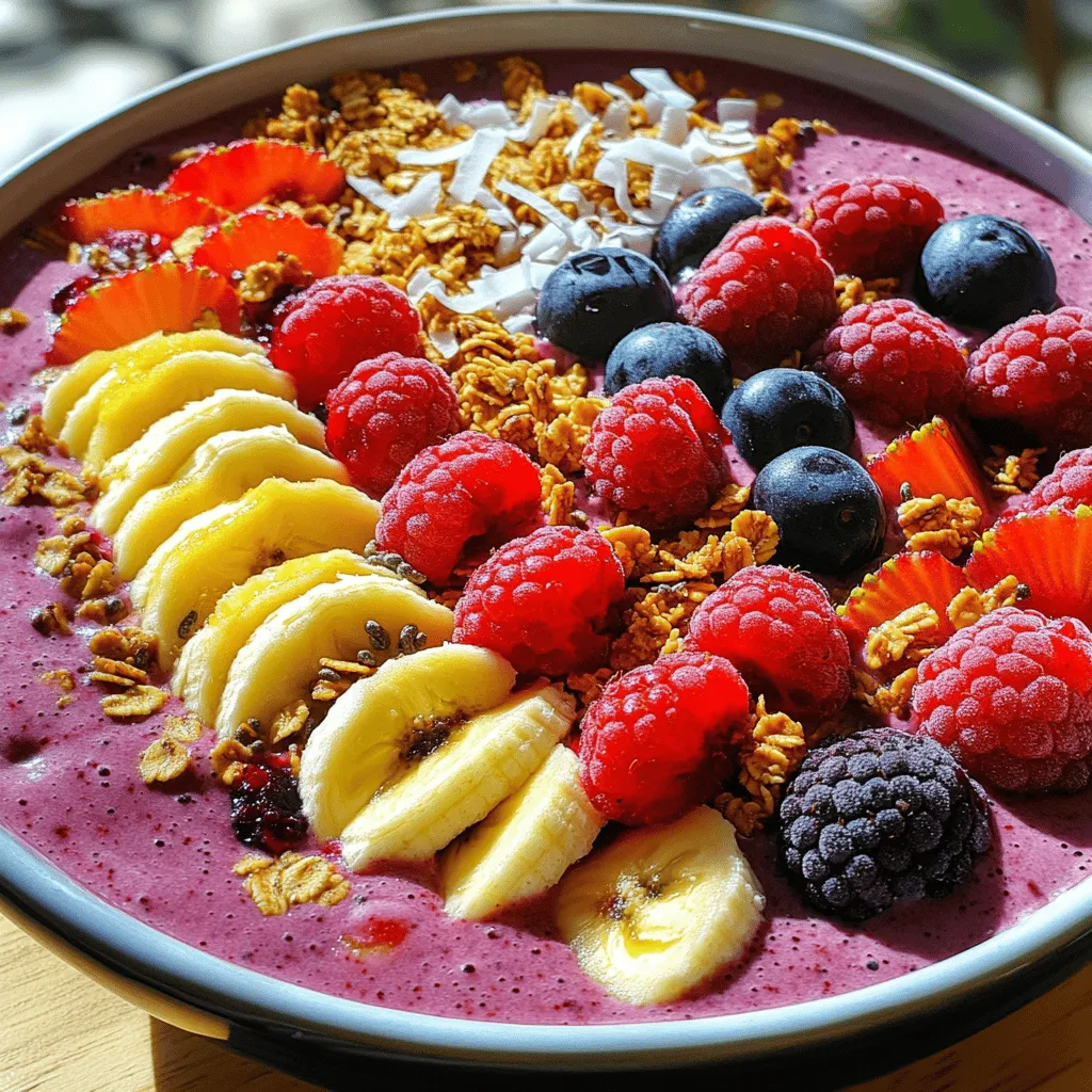 This berry smoothie bowl is colorful and tasty. It uses frozen mixed berries, bananas, and yogurt. The recipe takes just 10 minutes. You can enjoy two servings of this healthy treat. Here are the ingredients you need: - 1 cup frozen mixed berries (strawberries, blueberries, raspberries) - 1 banana, sliced - 1 cup unsweetened almond milk (or any milk of choice) - ½ cup Greek yogurt (or plant-based yogurt) - 1 tablespoon chia seeds - 1 tablespoon honey or maple syrup (optional) - Toppings: sliced fresh fruits, granola, shredded coconut, and a few whole berries Choose ripe bananas for sweetness. Use high-quality frozen berries for the best flavor. Greek yogurt adds creaminess and protein. If you prefer plant-based options, check for unsweetened yogurt. Fresh toppings make your bowl look amazing and taste great. To make your berry smoothie bowl, start with the right ingredients. Gather these items: - 1 cup frozen mixed berries (strawberries, blueberries, raspberries) - 1 banana, sliced - 1 cup unsweetened almond milk (or any milk of choice) - ½ cup Greek yogurt (or plant-based yogurt) - 1 tablespoon chia seeds - 1 tablespoon honey or maple syrup (optional) - Toppings: sliced fresh fruits, granola, shredded coconut, and a few whole berries Now, follow these steps: 1. In a high-speed blender, add the frozen mixed berries, sliced banana, almond milk, Greek yogurt, and chia seeds. 2. If you like it sweet, add honey or maple syrup. 3. Blend on high until the mixture is creamy and smooth. 4. If it’s too thick, add more milk. Scrape down the sides as needed. 5. Once ready, pour the smoothie into a large bowl. For the best texture, use frozen berries. They make the smoothie thick and cold. If your blender struggles, add a splash of almond milk. Blend in short bursts. This helps mix everything evenly. The goal is to achieve a smooth consistency. Don’t rush; blending well makes a huge difference. Now comes the fun part: serving! Pour the smoothie into a bowl. Use your toppings to create a beautiful design. Place sliced fresh fruits in a circle. Sprinkle granola for crunch. Add shredded coconut for a tropical touch. Finally, place a few whole berries on top. This makes your bowl look colorful and inviting. Enjoy it right away with a spoon for the best taste! You can make your smoothie bowl unique. Start by swapping berries. Use strawberries, blueberries, or even mango. Try adding a spoonful of nut butter for creaminess. For extra flavor, add a dash of cinnamon or vanilla. You can also use different milks like coconut or oat. If you like sweetness, drizzle honey or maple syrup on top. The look of your smoothie bowl matters. Pour the smoothie into a wide, shallow bowl. Make it colorful! Place your toppings in rows or patterns. Use bright fruits like kiwi or mango. Sprinkle granola for crunch. A little shredded coconut adds a tropical touch. Finish with a few whole berries for flair. It’s all about making it inviting and fun. Berries are small but mighty! They are low in calories and high in fiber. This helps with digestion and keeps you full. Berries are packed with vitamins C and K. These vitamins help your skin stay healthy and strong. Chia seeds add omega-3s, which are good for your heart. Greek yogurt gives you protein for energy. Together, these ingredients make a healthy breakfast or snack. Enjoy the benefits while you savor the taste! {{image_2}} You can switch up flavors with different fruits. Try mango, pineapple, or peaches. These fruits blend well and add a tropical twist. You can also use spinach or kale for extra nutrients. They blend in easily and give a nice green color. Berries taste best when they are in season. In spring and summer, use fresh strawberries, blueberries, and raspberries. In fall, you might find blackberries and cranberries. Winter is great for frozen fruits, which are often picked at their peak ripeness. Using seasonal berries makes your smoothie bowl fresh and tasty. If you need dairy-free options, swap Greek yogurt for plant-based yogurt. Almond milk can be replaced with oat or coconut milk. For a vegan option, make sure to use maple syrup instead of honey. Adjust these ingredients to fit your diet while keeping the flavors vibrant. To keep your berry smoothie bowl fresh, store it in an airtight container. Use glass or plastic containers that seal tightly. If you plan to eat it later, store it in the fridge. It tastes best within 24 hours. This way, the berries and yogurt stay nice and creamy. If you wait too long, the texture may change. You can freeze your leftover smoothie bowl if you have some. Pour it into ice cube trays or freezer-safe bags. This makes it easy to blend into a new smoothie later. When you want to eat it, just thaw it overnight in the fridge. You can also blend the frozen leftovers directly into a new smoothie with some added milk. Smoothie bowls are best cold and creamy. If you want to warm it up, do it gently. You can microwave it for just a few seconds. Be careful not to overheat it, as this can change the flavor. I recommend adding a splash of almond milk to bring back some creaminess if you reheat it. For the full recipe, check out the Berry Bliss Smoothie Bowl! Yes, you can use fresh berries. Fresh berries will give your smoothie bowl a lighter taste. The texture might differ since frozen berries make the mix thicker and colder. If you use fresh berries, add ice to keep it chilled. Blend until smooth, and enjoy the vibrant flavors! To make your smoothie bowl thicker, add more frozen fruit or Greek yogurt. This gives it a rich, creamy texture. If it’s too thick, add more almond milk a little at a time. Blend again until you reach your desired consistency. Play with the amounts until it feels just right for you. You have many options for toppings! Try sliced bananas, kiwi, or nuts for crunch. Granola adds a great texture too. You can also use seeds, like pumpkin or sunflower seeds. Shredded coconut gives a tropical twist. Get creative and mix different toppings for a fun look and taste. This blog post covered how to make a delicious smoothie bowl. We looked at the best ingredients and why quality matters. You learned tips for blending and serving to impress. We also explored fun ways to customize your bowl. Freshness and storage tips keep your smoothie bowl tasty. Remember, feel free to experiment with flavors and toppings. The goal is to enjoy every bite. Smoothie bowls can be personal and full of life. Happy blending!