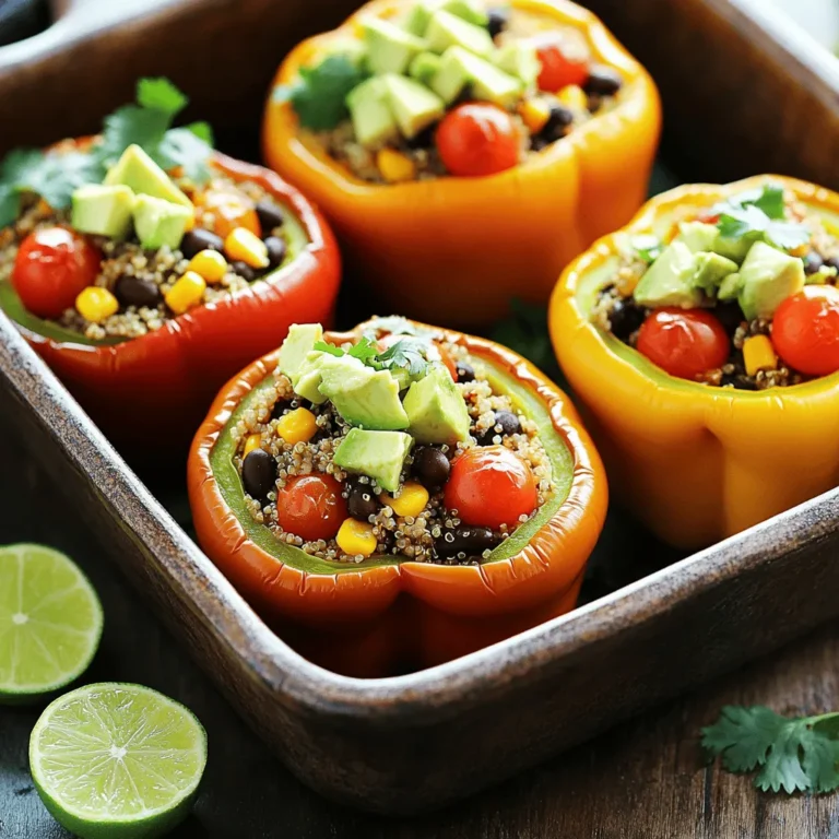 - 4 large bell peppers (any color) - 1 cup quinoa, rinsed - 2 cups vegetable broth (or water) - 1 can (15 oz) black beans, rinsed and drained - 1 cup corn kernels (fresh or frozen) - 1 cup cherry tomatoes, halved - 1 teaspoon cumin - 1 teaspoon smoked paprika - 1 teaspoon garlic powder - Salt and pepper to taste - 1 avocado, diced (for topping) - Fresh cilantro or parsley for garnish - Lime wedges for serving These ingredients give your stuffed peppers a great mix of flavors and textures. Quinoa serves as a hearty base, while black beans add protein. The corn and tomatoes bring in a touch of sweetness. Cumin, smoked paprika, and garlic powder add depth. You can also customize the dish with your favorite toppings. Avocado and fresh herbs make a lovely finish. If you want more zing, lime wedges work great! For a full recipe, check out the details above. - Preheat your oven to 375°F (190°C). - Cut the tops off and remove seeds from the bell peppers. Start by choosing your bell peppers. I love using a mix of colors for a vibrant dish. Each pepper should stand upright in your baking dish. This helps keep the filling in place. - Combine quinoa and vegetable broth in a medium saucepan. - Bring to a boil then simmer until liquid is absorbed. Quinoa is a great base for this recipe. Rinse it well before cooking. This removes any bitter taste. Once you have it in the pot, let it boil. Then reduce the heat. Cover it and watch it puff up into fluffy goodness. - Mix cooked quinoa with black beans, corn, cherry tomatoes, and spices. - Spoon the mixture into each bell pepper. In a large bowl, combine your cooked quinoa with black beans, corn, and cherry tomatoes. The colors and textures will make your dish pop. Add in your spices—cumin, smoked paprika, and garlic powder. These add depth and flavor. Use a spoon to fill each pepper, packing the mixture gently. - Pour broth into the baking dish for steaming. - Cover with foil and bake, then uncover and bake again for tenderness. After filling the peppers, add a splash of vegetable broth to the baking dish. This helps steam the peppers. Cover the dish with foil and bake it for 25 minutes. This keeps the peppers moist. After that, uncover and bake for another 10-15 minutes. You want your peppers to be tender but not mushy. Try this recipe [Full Recipe] for all the details, and you will have a delicious and colorful meal ready to enjoy! To make these vegan stuffed bell peppers shine, adjust the spices to fit your taste. If you love heat, add a pinch of cayenne pepper. If you prefer milder flavors, use less cumin. This helps the dish match your palate perfectly. Cooking the quinoa just right is key for the best texture. Rinse it well before cooking to remove any bitterness. When you simmer it, make sure all the liquid is absorbed. You want fluffy quinoa that holds together in the peppers. These stuffed peppers taste great with a fresh salad or crispy tortilla chips. The crunch of the chips adds a fun texture. You can also serve them with a squeeze of lime. This gives a bright burst of flavor that elevates each bite. This recipe is naturally gluten-free, making it a great choice for many diets. If you want to swap out any ingredients, consider using brown rice or lentils instead of quinoa. Each option brings its own flavor and texture. The ingredients in these peppers pack a nutritional punch. Quinoa is high in protein and fiber, while black beans add even more protein. Bell peppers are rich in vitamins A and C. This meal is not just tasty; it’s also good for you! {{image_2}} You can change the filling to keep things fresh. Lentils or brown rice work well as bases. They both add texture and flavor. You can also mix in sautéed vegetables like zucchini or mushrooms. Tofu is a great option for extra protein. Simply crumble it and mix it in. This adds a nice twist while keeping it healthy. Want to change the flavor profile? Try adding curry powder for an Indian flair. This spice gives your dish warmth and depth. You can also go for a Mediterranean vibe. Add ingredients like olives and feta cheese. These will give a salty and tangy kick that’s simply delicious. Don’t be afraid to switch up your cooking methods. Cooking on a grill gives a smoky flavor that is hard to beat. Just make sure to monitor the peppers so they don’t burn. If you prefer a hands-off approach, use a slow cooker. This method is perfect for meal prep. Just set it and forget it, and enjoy your tasty stuffed peppers later! For the full recipe, check out the main article. You can refrigerate your vegan stuffed bell peppers in an airtight container. They will stay fresh for up to three days. If you want to keep them longer, freeze them. They can last for up to two months in the freezer. When you’re ready to enjoy your leftovers, the best way to reheat them is in the oven. This method warms the peppers evenly and keeps them tender. Preheat your oven to 350°F (175°C). Place the stuffed peppers in a baking dish and cover with foil. Bake for about 20 minutes. If you're in a hurry, you can use the microwave. Place the peppers on a microwave-safe plate. Heat them for about 2-3 minutes or until they are hot. Enjoy your meal again! Yes, you can prep the peppers and filling separately. Just assemble them before baking. This way, you save time on busy days. You can use brown rice, couscous, or farro instead of quinoa. Each of these adds its own flavor and texture. Peppers are done when they feel tender. You should also check that the filling is heated through. This usually takes about 35-40 minutes in total. Yes, all ingredients in this recipe are naturally gluten-free. You can enjoy this meal without worry! For a lighter version, use less oil. You can also reduce the quantity of avocado or leave it out entirely. This keeps the taste while cutting calories. Feel free to check the Full Recipe for more details! In this blog post, we explored how to make tasty vegan stuffed bell peppers. We covered the main ingredients needed, step-by-step cooking instructions, and tips for perfecting the dish. You learned about different fillings and cooking methods for unique twists. Remember, these peppers are easy to store and reheat, making them a great meal prep option. Enjoy experimenting with your own flavors and variations. This dish is not only healthy but also fun to make and share. Enjoy your cooking!
