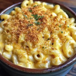 - 8 oz elbow macaroni - 2 cups sharp cheddar cheese, shredded - 1 cup mozzarella cheese, shredded - 1/2 cup cream cheese, softened - 4 tbsp unsalted butter - 1/4 cup all-purpose flour - 2 cups milk - 1 tsp garlic powder - 1/2 tsp onion powder - 1/2 tsp mustard powder - Salt and pepper to taste - 1/2 cup panko breadcrumbs - 1/4 tsp smoked paprika (optional) You need these simple ingredients to make the best mac and cheese. Start with elbow macaroni. It holds the cheese well and gives a nice bite. The cheese blend is key. Sharp cheddar adds a bold flavor, while mozzarella brings creaminess. Cream cheese makes the sauce rich and smooth. Next, you need unsalted butter and flour to make a roux. This thickens your cheese sauce. Milk is the base of the sauce. Use whole milk for a creamier texture. Garlic powder, onion powder, and mustard powder add depth. Don't forget salt and pepper to taste. Finally, panko breadcrumbs give a crunchy topping. Smoked paprika adds a nice hint of smoke, but it's optional. - Bacon or pancetta - Fresh herbs - Vegetables like spinach or broccoli Feel free to add extras. Bacon or pancetta gives a savory kick. Fresh herbs enhance the flavor. Spinach or broccoli adds color and nutrition. - Gruyere - Fontina - Gouda You can mix in different cheeses. Gruyere brings nuttiness. Fontina melts well and adds creaminess. Gouda has a sweet, smoky taste. For the full recipe, check out the Ultimate Creamy Mac & Cheese. Enjoy making this delightful dish! To start, bring a large pot of salted water to a boil. Add 8 oz of elbow macaroni. Cook it according to the package directions until it reaches al dente. This means it should be firm, not mushy. Drain the pasta and set it aside. Tips for achieving al dente texture: - Taste the pasta a minute before it’s done. - Remember, it will cook a bit more in the oven. Now, let’s make the cheese sauce. In a large saucepan, melt 4 tablespoons of unsalted butter over medium heat. Once it's melted, whisk in 1/4 cup of all-purpose flour. Cook this mixture for about 2 minutes. It should turn a nice golden color. Next, slowly pour in 2 cups of milk while whisking. Keep stirring until the mixture thickens, which should take about 5 minutes. How to incorporate the cheeses for creaminess: - Reduce the heat to low. - Stir in 1/2 cup of softened cream cheese, 2 cups of sharp cheddar cheese, and 1 cup of mozzarella cheese. - Mix until everything is melted and creamy. Add garlic powder, onion powder, mustard powder, salt, and pepper to taste. Preheat your oven to 350°F (175°C) while you finish. Pour the mac and cheese mixture into a greased baking dish. To get a crispy top layer, mix 1/2 cup of panko breadcrumbs with a pinch of smoked paprika if you’d like. Evenly sprinkle this mixture over the top of the mac and cheese. Now, bake it in the oven for 20-25 minutes. Look for a golden and crispy top. Once it’s done, let it cool for a few minutes before serving. Enjoy your delicious mac and cheese! For the full recipe, check out [Full Recipe]. To make a creamy cheese sauce, keep an eye on the heat. Start with medium heat when melting butter. If it gets too hot, the sauce can burn. Stir often to keep it smooth. To avoid lumps, add the flour slowly into the melted butter. Whisk it until it looks like wet sand. Then, slowly pour in the milk. Keep whisking until the sauce is thick and creamy. To boost flavor, try adding spices like garlic powder or onion powder. A pinch of mustard powder gives a nice kick. You can also add herbs like thyme or chives for freshness. Customizing the cheese blend is fun! Mix sharp cheddar with mozzarella for creaminess. You can also try Gruyere for a nutty taste or Fontina for a richer flavor. Mac and cheese pairs well with many sides. A simple salad adds a nice crunch. Roasted veggies also complement the dish well. For gatherings, present it in a lovely baking dish. You can serve it in bowls or on plates. Sprinkle extra cheese or fresh herbs on top for a pop of color. {{image_2}} You can make mac & cheese in many ways. The two main types are baked and stovetop. - Baked Mac & Cheese has a crispy top. You mix the pasta with cheese sauce, then bake it. This method gives a rich flavor and texture. - Stovetop Mac & Cheese is quick and easy. You cook the pasta and mix it with cheese on the stove. It’s creamy and can be ready in minutes. Gourmet mac & cheese is a fun twist. You can add fancy cheeses, spices, or even truffle oil. These upgrades make your dish special. If you need gluten-free mac & cheese, it's simple. Use gluten-free pasta. You can still enjoy a creamy cheese sauce with your favorite cheeses. For vegan options, try plant-based cheese. You can also use cashews blended with nutritional yeast for a creamy sauce. This way, everyone can enjoy mac & cheese. Different regions have their own styles of mac & cheese. - Southern-style mac & cheese is known for its creamy texture and rich flavor. It often includes eggs for extra creaminess. - New York-style deli versions may add meats, like pastrami or bacon. These add a savory twist to the classic dish. Exploring these variations can make each mac & cheese experience unique and tasty. To store mac and cheese in the fridge, let it cool first. Use an airtight container. This keeps it fresh and tasty. Mac and cheese lasts 3 to 5 days in the fridge. Always check for signs of spoilage before eating. If you want to freeze mac and cheese, follow these steps: - Let it cool completely. - Place it in a freezer-safe container. - Leave some space at the top for expansion. - Seal it well to avoid freezer burn. You can freeze mac and cheese for up to 3 months. For reheating, let it thaw in the fridge overnight. Then, bake it at 350°F (175°C) until warm. Adding a splash of milk helps keep it creamy. To reheat mac and cheese and keep it creamy, use these tips: - Add a bit of milk or cream before reheating. - Heat it slowly on the stove or in the oven. - Stir often to ensure even warmth. You can also transform leftovers into new dishes. Try mixing in cooked veggies or proteins. Stuff it in a baked potato or use it in a casserole. These ideas make your mac and cheese exciting again! You can find the full recipe to make this dish from scratch. The best cheese for mac and cheese is a mix. I love using sharp cheddar and mozzarella. Sharp cheddar gives a strong taste, while mozzarella adds creaminess. Other great options are Gruyere and Fontina. Gruyere has a nutty taste, and Fontina melts well. Mixing these cheeses makes the dish rich and flavorful. Yes, you can use other pasta shapes! While elbow macaroni is classic, any short pasta works well. I recommend using cavatappi, shells, or fusilli. These shapes grab the cheese sauce nicely. You can even use penne or ziti for a fun twist. Each shape offers a different texture and experience. To make mac and cheese creamy, focus on key ingredients. Use a mix of cheeses, like sharp cheddar and cream cheese. Cream cheese adds smoothness. Also, use whole milk or heavy cream for the sauce. Cooking the sauce slowly helps it thicken without lumps. Stir continuously for the best result. If your mac and cheese is too dry, don’t worry! You can add more milk or cream to restore moisture. Warm the dish gently on the stove or microwave. Stir well to mix in the liquid evenly. If it still seems dry, try adding a bit of butter. This will help add richness. Yes, you can prepare mac and cheese ahead of time! Cook the dish and let it cool. Then, store it in the fridge for up to three days. When ready to eat, reheat it in the oven or microwave. Add a splash of milk to keep it creamy. Cooking time for homemade mac and cheese is about 40 minutes. First, cook the pasta for about 8-10 minutes. Then, make the cheese sauce, which takes about 10 minutes. Finally, bake the dish for 20-25 minutes. The top should be golden and crispy. Enjoy your creamy delight! For the full recipe, check out the Ultimate Creamy Mac & Cheese. In this post, we explored the art of making delicious mac and cheese. You learned about essential ingredients, step-by-step cooking instructions, and tips for perfecting the dish. We also discussed variations, storage tips, and answered common questions. With these insights, you can now create your own perfect bowl. Enjoy experimenting with flavors and ingredients to make mac and cheese your way. Whether baked or stovetop, this dish can satisfy any craving. Happy cooking!